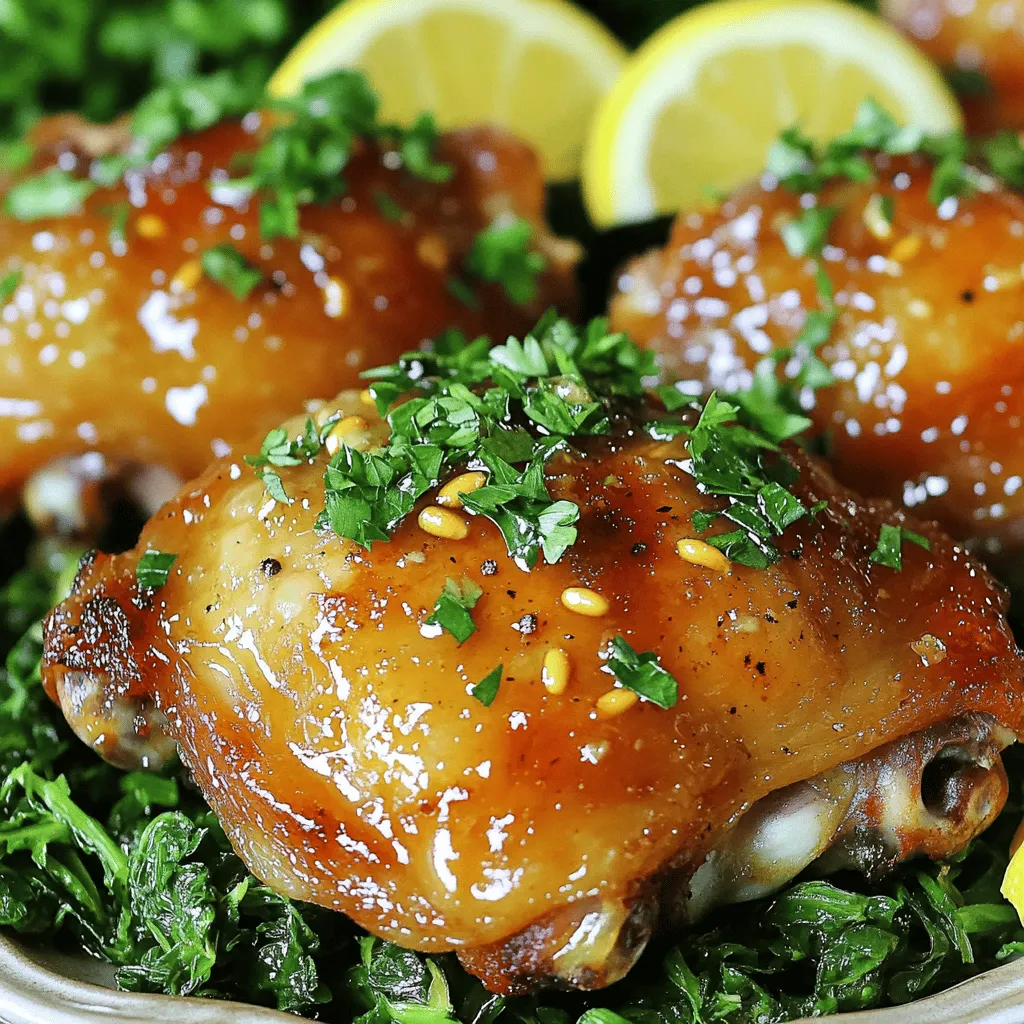 To make honey mustard chicken thighs, gather these simple ingredients: - 4 bone-in, skin-on chicken thighs - 1/4 cup Dijon mustard - 1/4 cup honey - 2 tablespoons olive oil - 2 tablespoons apple cider vinegar - 3 cloves garlic, minced - 1 teaspoon dried thyme - 1 teaspoon smoked paprika - Salt and freshly ground black pepper to taste - Fresh parsley, chopped (for garnish) When choosing chicken thighs, look for these key aspects: - Freshness: Check the sell-by date. Select thighs that are bright pink and moist. - Fat content: Look for thighs with a good amount of fat. This helps keep them juicy. - Size: Pick thighs that are uniform in size for even cooking. - Bone-in and skin-on: These cuts will give you the best flavor and moisture. If you need to make swaps, here are some ideas: - Honey: Use maple syrup for a different sweet taste. - Dijon mustard: Yellow mustard works too, but it may taste milder. - Apple cider vinegar: White wine vinegar can be a good substitute. - Garlic: Garlic powder can replace fresh garlic in a pinch. - Herbs: Use oregano or rosemary if you don’t have thyme. These tips and alternatives help ensure you have a great meal, no matter what! For a full recipe, check the [Full Recipe] section. To start, gather your chicken thighs and pat them dry with paper towels. This helps the skin get crispy later. Next, season both sides of the chicken with salt and pepper. Then, mix the marinade. In a bowl, combine Dijon mustard, honey, olive oil, apple cider vinegar, minced garlic, dried thyme, and smoked paprika. Whisk until smooth. Place the chicken in a large bowl or a ziplock bag. Pour the marinade over it, making sure each piece is well coated. For best flavor, let it marinate for at least 30 minutes. If you have time, refrigerate it overnight. This step makes a big difference in taste. Now, heat an oven-safe skillet over medium-high heat. Once hot, add the marinated chicken thighs skin-side down. Sear them for about 5-7 minutes. Look for a golden brown color and crispiness on the skin. This part is key to getting that nice texture. After searing, carefully flip the thighs over. Pour any remaining marinade over the chicken. This adds even more flavor as it cooks in the oven. After searing, it is time to bake. Transfer the skillet to your preheated oven set at 400°F (200°C). Bake the chicken for about 25-30 minutes. Make sure to check the internal temperature; it should reach 165°F (75°C). Once done, remove the skillet from the oven. Let the chicken rest for about 5 minutes. This allows the juices to settle back into the meat, keeping it juicy. Finally, sprinkle freshly chopped parsley over the chicken for a burst of color. For more details, check the Full Recipe. To make the best honey mustard sauce, focus on balance. You need the right mix of sweetness and tang. Start with equal parts Dijon mustard and honey. This combination gives you a strong base. Next, add olive oil for richness. Apple cider vinegar provides acidity, which brightens the sauce. Don't forget the garlic; it adds depth. For extra flavor, include dried thyme and smoked paprika. Mix well until smooth. Taste and adjust if needed. If you want a kick, add a pinch of cayenne pepper. This sauce works wonders on chicken, but it’s also great for dipping veggies or drizzling on salads. One common mistake is not patting the chicken dry. Dry skin cooks better and gets crispy. Season the chicken well on both sides. Forgetting to do this can lead to bland meat. Another error is overcrowding the pan. This lowers the heat and steams the chicken instead of searing it. Always leave space around each piece. Lastly, don’t skip the resting time after cooking. This step is key for juicy chicken, as it allows the juices to settle. Using the right tools makes cooking easier and more enjoyable. Here are some must-haves: - A sharp chef's knife for cutting and prepping. - A sturdy cutting board for safety and convenience. - A large mixing bowl for marinating the chicken. - An oven-safe skillet for searing and baking. I love using cast iron for a nice sear. - A meat thermometer to check for doneness accurately. These tools will help you achieve perfect honey mustard chicken thighs every time. For the complete recipe, check out the Full Recipe section. {{image_4}} You can change the flavor of the honey mustard marinade easily. Try using maple syrup instead of honey for a different sweetness. Soy sauce can add a nice salty kick. You can also mix in some fresh herbs, like rosemary or basil, to give it a fresh touch. Experimenting with different ingredients keeps the meal exciting. Pair your honey mustard chicken thighs with sides that complement the rich flavors. Roasted vegetables like carrots and Brussels sprouts work well. A fresh green salad with a light vinaigrette balances the meal. You can also serve it with fluffy rice or creamy mashed potatoes for a filling option. These sides enhance the dish and add color to your plate. If you like spice, add cayenne pepper or chili flakes to the marinade. It gives your chicken a nice kick. For a smoky flavor, try adding chipotle in adobo sauce. You can also mix in a bit of curry powder for a unique twist. These changes let you create a honey mustard chicken that suits your taste buds. You can store leftover honey mustard chicken thighs in an airtight container. Let the chicken cool to room temperature first. Then, place it in the fridge. Use the chicken within three to four days for best taste. If you do not eat it all, consider freezing some for later. To reheat, place the chicken thighs in a baking dish. Add a splash of chicken broth or water to keep them moist. Cover the dish with foil to trap steam. Heat in the oven at 350°F (175°C) for about 20 minutes. This method keeps the chicken juicy and flavorful. You can freeze honey mustard chicken thighs for up to three months. Wrap each thigh in plastic wrap, then place them in a freezer bag. When ready to eat, thaw the thighs in the fridge overnight. Reheat them as mentioned above for the best results. For the full recipe, check the section above. If you want a different sweetener, you can use maple syrup or agave nectar. Both will add a nice sweetness to the dish. You can also use brown sugar mixed with a bit of water for a similar effect. Each option brings its own unique flavor, so feel free to experiment! Yes, you can use boneless chicken thighs! They will cook faster than bone-in thighs. Just keep an eye on the cooking time. You want them to reach an internal temperature of 165°F (75°C). Boneless thighs will stay juicy, especially with the honey mustard marinade! For the best flavor, marinate the chicken for at least 30 minutes. You can also refrigerate it overnight for a deeper taste. The longer it sits, the more the flavors blend into the chicken. Just remember to keep it covered in the fridge! I love serving honey mustard chicken thighs with sautéed greens or roasted veggies. You can also add a side of fluffy rice or creamy mashed potatoes. Drizzle some pan juices over the chicken for added flavor. Don’t forget a slice of lemon on the side to brighten the meal! For more ideas, check out the Full Recipe. In this post, I shared how to cook tasty honey mustard chicken thighs. We explored the best ingredients, how to marinate, and tips for perfect searing. I also gave advice on storing leftovers and offered answers to common questions. Remember, the right ingredients and techniques make a big difference. Keep experimenting with flavors and enjoy delicious meals!