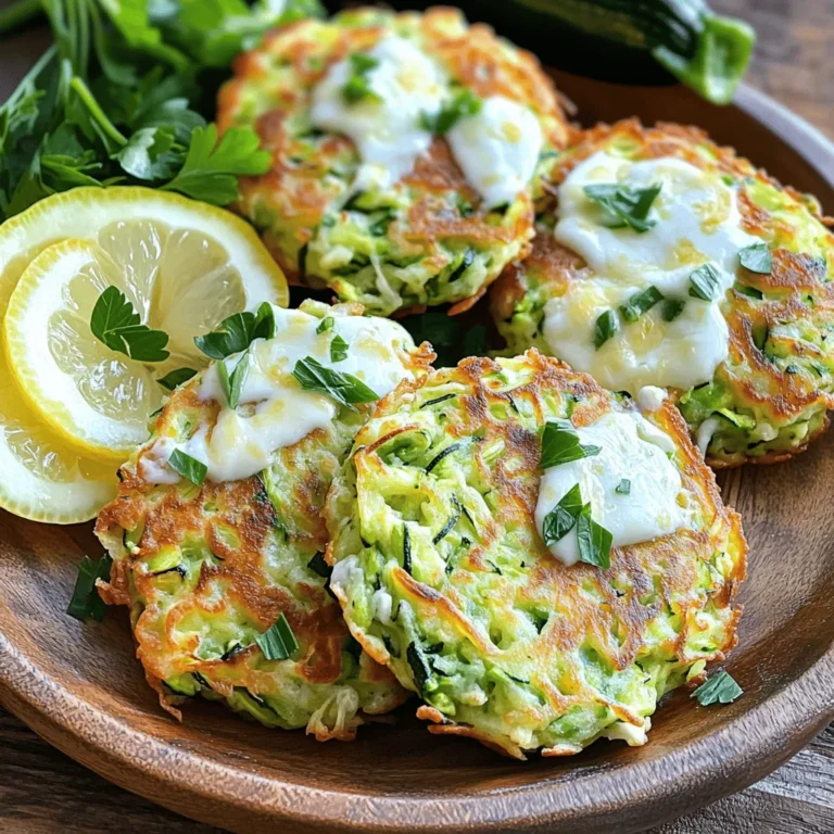 To make savory cheesy zucchini fritters, start with these simple ingredients: - 2 medium zucchinis, grated - 1 teaspoon salt - 1 cup all-purpose flour - 1/2 cup grated Parmesan cheese - 1/2 cup shredded mozzarella cheese - 2 large eggs - 3 green onions, finely chopped - 1 garlic clove, minced - 1 teaspoon dried oregano - 1/2 teaspoon black pepper - Olive oil, for frying Each ingredient plays a key role. The zucchinis bring moisture and flavor, while the cheeses add richness. The eggs act like glue to hold everything together. Green onions and garlic add a nice kick. Oregano and black pepper give a depth of flavor. This mix of ingredients creates a tasty and fun meal. Using fresh zucchinis makes a big difference in taste. I like to select firm zucchinis with bright skin. The salt helps draw out water, ensuring the fritters are not soggy. You can find all these ingredients at your local grocery store. If you want the full recipe, check the section titled Full Recipe. You'll find detailed steps to bring these fritters to life. Start by grating the zucchinis. Use the coarse side of a grater for best results. Place the grated zucchini in a large bowl and sprinkle it with one teaspoon of salt. Let it sit for about ten minutes. This step helps draw out excess moisture. After ten minutes, take a clean dish towel and place the zucchini inside. Twist the towel and squeeze to remove moisture. Return the dried zucchini to the mixing bowl. In the bowl with the drained zucchini, add the following ingredients: - 1 cup all-purpose flour - 1/2 cup grated Parmesan cheese - 1/2 cup shredded mozzarella cheese - 2 large eggs - 3 green onions, finely chopped - 1 garlic clove, minced - 1 teaspoon dried oregano - 1/2 teaspoon black pepper Stir the mixture thoroughly with a spoon. Make sure all ingredients are well combined. You want a cohesive mixture to form. Heat olive oil in a non-stick skillet. Use about 1/4 inch of oil for frying. Set the heat to medium. Once the oil is hot, scoop about two tablespoons of the zucchini mixture. Gently place it in the skillet and flatten it a bit. Cook the fritters for three to four minutes on each side. Look for a golden brown color and a crispy exterior. Keep an eye on the heat to avoid burning. When done, transfer the fritters to a plate lined with paper towels. This helps absorb any extra oil. Repeat with the rest of the mixture, adding more oil as needed. For the full recipe, check the main article. - Optimal frying temperature and oil depth: Heat olive oil in your skillet to medium. Aim for about 1/4 inch of oil. This depth ensures even cooking. If the oil is too hot, the fritters burn. If it's too low, they absorb oil and become soggy. - Checking for doneness: Cook fritters for 3-4 minutes on each side. Look for a golden brown color. You can also gently press the fritters with a spatula. If they are firm, they are ready to flip. - Suggested seasonings or spices: Feel free to get creative! Add a pinch of cayenne for heat or some fresh herbs for zest. Chopped basil or parsley works great. A touch of smoked paprika adds depth too. - Suggested dips or sauces: Try serving the fritters with sour cream or yogurt. A zesty lemon aioli also pairs well. For a kick, mix in some hot sauce or sriracha. These dips enhance the flavors nicely. For the full recipe, check out the detailed instructions above. Enjoy your cooking! {{image_4}} If you want to make these fritters suit your needs, you can easily swap some ingredients. Here are two popular options: - Gluten-free flour alternatives: You can use almond flour or coconut flour. Both work well and keep the fritters tasty. Just remember, these flours absorb more moisture. You might need to add extra eggs to get the right texture. - Dairy-free cheese options: If you are avoiding dairy, try using vegan cheese. Look for brands that melt well, like a cashew or coconut-based cheese. They can add a creamy taste without the dairy. Serving these fritters can be fun, and you have many choices. Here are some ideas: - Serving suggestions: These fritters shine as appetizers or side dishes. Serve them at parties with a spicy dip or alone with a fresh salad. They also pair well with grilled meats for a full meal. - Incorporating vegetables or herbs: Feel free to add more veggies. Carrots, bell peppers, or spinach can boost nutrition and flavor. Fresh herbs like basil or cilantro can add a nice touch. Just chop them finely and mix them into the batter before frying. For the full recipe, check out the details above! To store leftovers in the fridge, let the fritters cool first. Place them in an airtight container. You can stack them in layers, but put parchment paper between each layer. This keeps them from sticking together. Store them in the fridge for up to three days. I recommend using glass or plastic containers with a tight seal. These containers help maintain freshness and keep odors out. You can also use a zip-top bag if you have no other option. Just make sure to squeeze out as much air as possible before sealing. You can freeze fritters for later use. First, let them cool completely. Then, place them in a single layer on a baking sheet. Freeze them for about an hour until solid. After that, transfer them to a freezer-safe bag or container. This method prevents them from sticking together. When you're ready to eat, thaw the fritters in the fridge overnight. For reheating, use an oven or skillet. Reheat them at 350°F until warm, about 10 minutes in the oven. You can also use a skillet over medium heat for about 5 minutes on each side. This will keep them crispy and delicious. Enjoy your savory cheesy zucchini fritters fresh! To make your fritters crispier, focus on moisture control. After grating the zucchini, always salt it and let it sit. This helps draw out water. Squeeze out as much moisture as you can. You can also use less batter when forming the fritters. Thin fritters fry better and get crispier. A hot skillet with enough oil is key. Frying in small batches keeps the temperature up. Yes, you can bake these fritters for a healthier option! Preheat your oven to 400°F (200°C). Line a baking sheet with parchment paper. Form the fritters and place them on the sheet. Brush a little olive oil on top for crispness. Bake for about 20 minutes, flipping halfway through. They might not be as crispy as fried ones, but they will still taste great! These fritters pair well with many sides! For a fresh touch, serve them with a simple salad. You can also add a dollop of sour cream or Greek yogurt. A sprinkle of fresh herbs adds flavor. Lemon wedges give a zesty contrast. For dipping, try a garlic aioli or a spicy salsa. Each option enhances the taste and makes for a great meal! These savory cheesy zucchini fritters are easy and fun to make. We covered the key ingredients, preparation steps, and cooking tips. Use the storage advice to keep leftovers fresh. Experiment with variations and substitutes to fit your taste. If you want extra crunch, try different spices or dips. Enjoy these fritters as a snack or side dish. You'll love how tasty and simple they are! Make this recipe part of your cooking routine. Happy cooking!