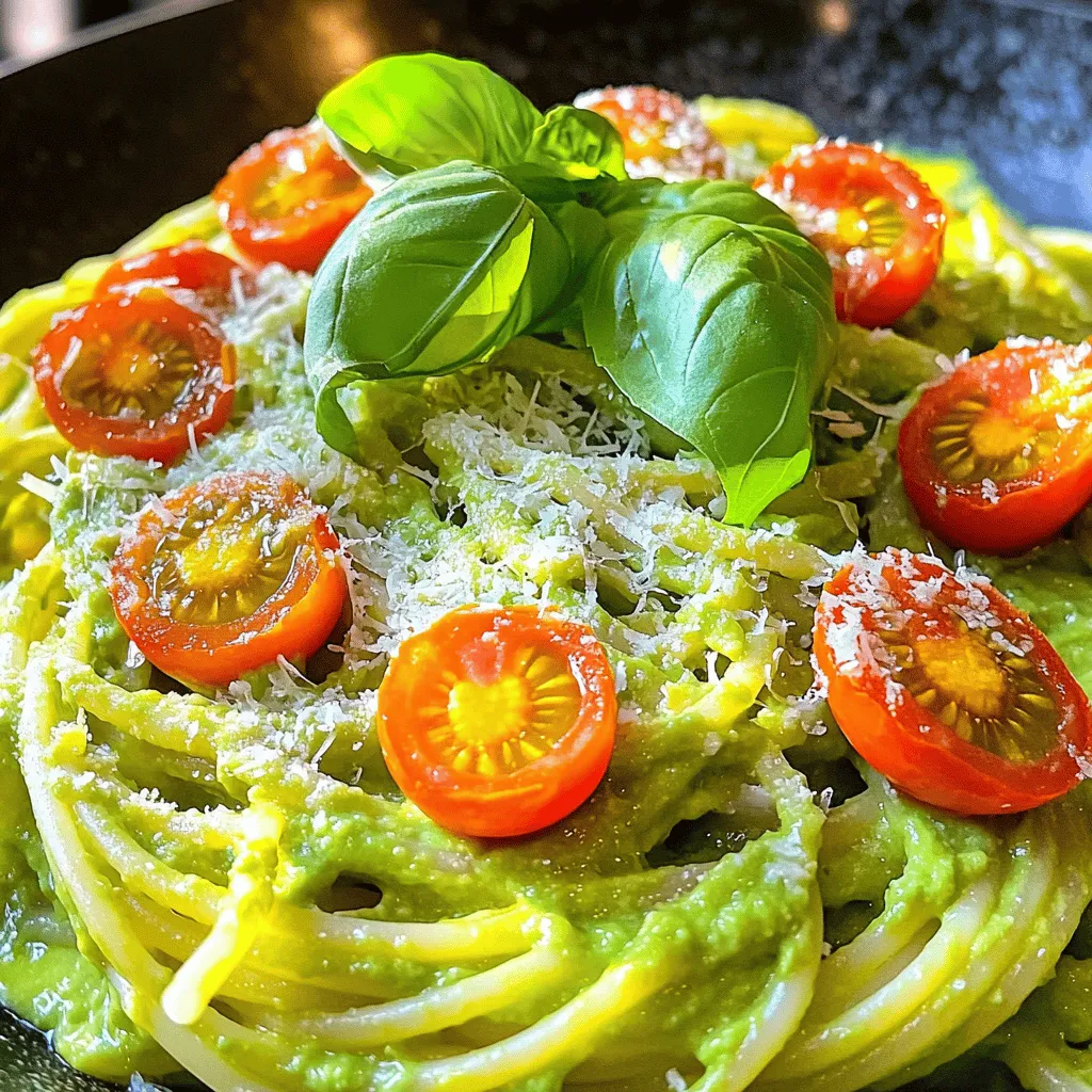 - 2 ripe avocados, pitted and peeled - 12 oz spaghetti or preferred pasta variety - 3 cloves garlic, finely minced - 2 tablespoons freshly squeezed lemon juice - 1/4 cup grated Parmesan cheese (or nutritional yeast for vegan) - A handful of cherry tomatoes, halved (for garnish) - Additional fresh basil leaves (for garnish) - Food processor or high-speed blender - Large pot for boiling pasta - Cooking utensils (spatula, measuring cups) To make creamy avocado pasta, you need fresh and ripe ingredients. The star of this dish is the avocado, which gives the pasta a rich and creamy texture. Make sure to pick avocados that yield slightly when you press them. The garlic adds a nice kick, while the lemon juice brings a bright flavor. If you want to add a cheesy taste, use Parmesan or nutritional yeast. Having the right tools is key. A food processor or blender helps blend the sauce smoothly. A large pot is important for boiling pasta. You will also need basic utensils like a spatula and measuring cups to keep things easy. This simple setup will help you create a delightful meal that impresses anyone. For the full recipe, check out the details above. - Bring salted water to a rolling boil. - Cook pasta according to package instructions until al dente. - Reserve 1 cup of pasta cooking water before draining. Cooking pasta is easy and important. First, fill a large pot with water and add salt. The salt helps the pasta taste better. Wait until the water boils. Then, add your pasta. Follow the package instructions to check when it's done. Al dente means it should still be a bit firm. Before you drain the pasta, remember to save that cup of water. This water will help make your sauce creamy later. - Combine avocados, garlic, lemon juice, basil, Parmesan, and olive oil in a food processor. - Blend until smooth; adjust consistency with reserved pasta water if needed. Next, we prepare a tasty avocado sauce. Grab two ripe avocados and cut them open. Scoop out the green flesh and put it in your food processor. Add the minced garlic, lemon juice, fresh basil, grated Parmesan, and olive oil. Blend everything until it’s nice and smooth. If it’s too thick, you can add some of that reserved pasta water. This will help you reach the perfect creamy consistency. Taste it! If you need more flavor, add a pinch of salt or pepper. - Toss the drained pasta with the avocado sauce in the pot. - Adjust thickness with reserved pasta water; serve immediately. Now, it’s time to mix everything together. Put your drained pasta back in the pot. Pour the creamy avocado sauce over it. Toss it well so the pasta is covered in sauce. If it feels too thick, add a little more pasta water until it looks just right. Serve it hot! You can add cherry tomatoes and fresh basil on top for a nice look. Enjoy your delicious, creamy avocado pasta! For the full recipe, check out the earlier section. Using ripe avocados is key. They should feel soft when you gently squeeze them. If they are hard, wait a few days. Ripe avocados blend smoothly, creating a rich sauce. Add pasta water slowly while mixing. This helps you control the sauce's thickness. Start with a little and keep adding until you find the right creaminess. Spices and herbs can make your dish pop. Try adding red pepper flakes for heat. Fresh thyme also adds a nice touch. You can elevate flavors with different oils. For a fancy twist, use truffle oil. It gives a rich, earthy taste that pairs well with avocado. Creamy avocado pasta pairs well with a side salad. A fresh salad adds crunch and brightness. You can also serve it with crusty bread to soak up the sauce. For the best taste, serve it warm. The flavors shine when the dish is hot. Enjoy every bite of this delightful pasta! For the full recipe, check the section above. {{image_4}} For a vegan twist, swap the Parmesan cheese with nutritional yeast. Nutritional yeast gives a cheesy flavor without any dairy. It’s a great choice for flavor and nutrition. You can also use gluten-free pasta. Many good brands offer tasty gluten-free options. Look for rice, quinoa, or chickpea pasta. They work well with the creamy sauce and keep the dish exciting for everyone. Try adding other greens. Spinach or arugula can give extra color and taste. They blend well into the avocado sauce. Just add them to the food processor with the other ingredients. If you want more protein, add chicken or shrimp. Cook them first, then mix with the pasta and sauce. This makes the dish heartier and more filling. You can use various pasta shapes. Penne, fettuccine, or even rotini can be fun alternatives. Different shapes hold sauce in unique ways. For example, penne has tubes that trap the sauce inside. Fettuccine has flat strands that coat well. Experiment with what you like best! For the full recipe, check out the detailed instructions above. To store creamy avocado pasta, place it in an airtight container. Cover it well to keep air out. This helps maintain its freshness. You can keep it in the fridge for up to three days. After that, it may lose flavor and texture. When it's time to eat your leftovers, you can use a microwave or stovetop. If using the microwave, heat in short bursts. Stir between each burst to avoid hot spots. For stovetop, place pasta in a pan over low heat. Add a splash of water or olive oil. This helps revive the creaminess. Freezing creamy avocado pasta isn't ideal. The sauce may change texture when thawed. If you want to freeze it, separate the sauce from the pasta. Place the sauce in a freezer-safe bag or container. It can last up to three months. When ready to eat, thaw overnight in the fridge. Reheat gently and add fresh pasta. This gives you a fresher taste. Yes, you can prepare creamy avocado pasta ahead of time. Just be aware that avocado can brown quickly. To keep it fresh, store the sauce separately from the pasta. Use an airtight container for both. You can also add a bit of lemon juice to the sauce. This helps slow down the browning. When you're ready to eat, mix the sauce with freshly cooked pasta. This method keeps the flavors bright. To check if your avocados are ripe, gently squeeze them in your palm. They should feel slightly soft but not mushy. Look for dark green or black skin, which often indicates ripeness. If the skin is bright green, the avocado is still hard. You can also remove the small stem at the top. If it comes off easily and reveals green underneath, the avocado is ripe. Ripe avocados will give you the best flavor and creamy texture. Yes, adding protein is a great idea! You can easily mix in cooked chicken, shrimp, or even plant-based proteins like chickpeas. For chicken, grill or sauté it before adding. For shrimp, sauté until they turn pink. If you want a plant-based option, try adding tofu or tempeh. Just ensure the protein complements the creamy avocado sauce. This way, you get a balanced meal with added nutrition. In this article, we explored the creamy avocado pasta recipe. We covered the key ingredients, tools, step-by-step instructions, and helpful tips to perfect the dish. You learned how to enhance flavor, serve delicious meals, and store leftovers. Using ripe avocados makes a big difference in texture and taste. With variations and options for dietary needs, you can create a dish that suits any palate. Enjoy crafting your perfect creamy pasta dish!