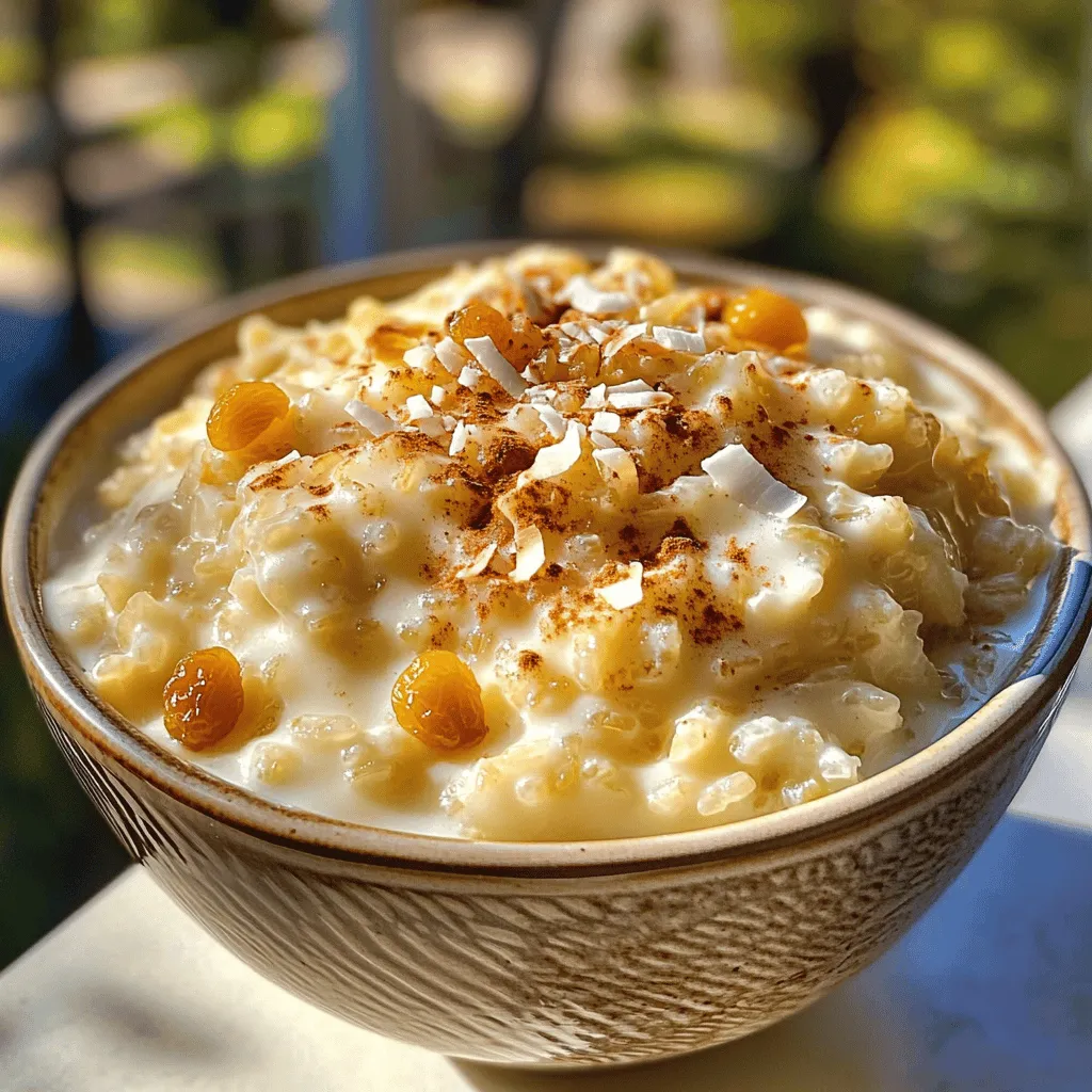 To make a delicious Coconut Milk Rice Pudding, you will need the following ingredients: - 1 cup jasmine rice - 2 cups coconut milk - 2 cups water - 1/2 cup granulated sugar - 1/4 teaspoon salt - 1 teaspoon pure vanilla extract - 1/2 teaspoon ground cinnamon (plus extra for garnish) - 1/2 cup raisins (optional) - Toasted coconut flakes for garnish These ingredients come together beautifully to create a creamy, rich dessert. Jasmine rice adds a lovely fragrance and texture. Coconut milk gives the pudding its creamy base. The sugar sweetens it, while salt enhances all the flavors. Vanilla and cinnamon add warmth and depth. Raisins are optional, but they offer a burst of sweetness. Toasted coconut flakes on top give a nice crunch and extra coconut flavor. For the full recipe, you can refer to the complete instructions above. When you gather your ingredients, make sure they are fresh. Fresh ingredients make a big difference in taste. Enjoy the process, and get ready to create something delightful! - First, rinse 1 cup of jasmine rice under cold water. Keep rinsing until the water runs clear. This step removes extra starch and helps make the pudding creamy. - Next, combine the rinsed rice, 2 cups of coconut milk, and 2 cups of water in a medium saucepan. This mixture creates a rich base for your pudding. - Put the saucepan over medium heat. Bring the mixture to a gentle boil. Once it boils, reduce the heat to low. - Add 1/2 cup of granulated sugar, 1/4 teaspoon of salt, 1 teaspoon of pure vanilla extract, and 1/2 teaspoon of ground cinnamon. Stir well to mix all the ingredients. - Cover the saucepan tightly and let it simmer on low heat for 20-25 minutes. Stir it occasionally to stop the rice from sticking. The pudding is ready when the rice is tender and thick. - If you like, add 1/2 cup of raisins during the last 5 minutes of cooking. This makes the raisins plump and sweet. - Once cooked, take the saucepan off the heat. Let it sit covered for 5-10 minutes. This resting time helps the pudding thicken even more. - Serve the pudding warm or chilled in bowls. Top each serving with toasted coconut flakes and a sprinkle of cinnamon for a beautiful finish. To get that perfect creamy texture, start by rinsing the rice. Rinsing helps remove excess starch. This step is key to avoiding a sticky rice pudding. Rinse the jasmine rice until the water runs clear. This simple act makes a big difference. Next, adjust the cooking time to reach your desired thickness. If you like thicker pudding, cook it a bit longer. Keep an eye on it as it cooks. Stirring often stops the rice from sticking to the pan. If you prefer a lighter texture, remove it from heat sooner. Adding spices can elevate your rice pudding. I love using nutmeg or cardamom for extra depth. Just a pinch can transform the flavor profile. Experiment with these spices to find your favorite mix. You can also adjust the sweetness to your taste. If you like it sweeter, add a bit more sugar. If you want a less sweet dessert, cut back on the sugar. Taste as you go to find the perfect balance for you. Serving your rice pudding well makes it more inviting. Use bright, attractive bowls to catch the eye. A colorful bowl can make a simple dessert feel special. Garnishes are a fun way to enhance the look. Sprinkle toasted coconut flakes on top for added texture. A dusting of cinnamon adds a warm, inviting touch. These small details make your dessert stand out, both in taste and appearance. For the full recipe, check out the complete guide. {{image_4}} You can easily change this recipe to fit your needs. To make it vegan or dairy-free, simply use coconut milk. This already makes the pudding creamy without any dairy. If you want a gluten-free option, jasmine rice is naturally gluten-free. There’s no need to worry about gluten here! For a tropical twist, try adding fresh mango or pineapple. These fruits brighten the dish and add a sweet, juicy flavor. If you crave a nutty taste, toss in some chopped almonds or cashews. They add a great crunch and make your pudding even more delicious. You can change the flavors with the seasons. For fall, try some pumpkin spice. Just add a teaspoon of pumpkin spice to the mix while cooking. In summer, top your pudding with fresh berries. Strawberries, blueberries, or raspberries not only taste great but also add a pop of color. Explore these variations to make your coconut milk rice pudding unique! For the full recipe, check out the complete cooking guide. To store your leftover coconut milk rice pudding, use airtight containers. Glass or plastic containers both work well. Make sure to let the pudding cool down to room temperature before sealing it. When stored correctly, it stays fresh for up to four days in the fridge. If you want to keep your rice pudding longer, freezing is a great option. First, cool the pudding completely. Then, scoop it into freezer-safe containers. Leave some space at the top, as it may expand when frozen. To thaw, place it in the fridge overnight. After freezing, the texture may change slightly. It might become a bit grainy or less creamy. To fix this, stir in a splash of coconut milk or water when you reheat it. This will help restore some of that creamy goodness. For the full recipe, check it out here. Coconut milk rice pudding lasts about 4 to 5 days in the fridge. To keep it fresh, store it in an airtight container. Before serving, just stir it well. You may need to add a splash of coconut milk or water to loosen it. Yes, you can use other types of rice. Arborio rice works great for a creamy texture. Short-grain rice can also work, but jasmine rice gives the best flavor. Always rinse your rice well, no matter the type, to remove excess starch. You can substitute almond milk or oat milk for a lighter taste. If you want a creamier option, try using heavy cream or whole milk. Keep in mind that using different milk will change the flavor of your pudding. Yes, you can make it ahead of time. Just cook the pudding and let it cool completely. Then store it in the fridge. When you're ready to serve, simply reheat it gently on the stove. Add a bit of coconut milk to regain creaminess. For the full recipe, see the section above. This blog post gave you a full guide on making coconut milk rice pudding. You learned about the ingredients, step-by-step instructions, tips for creaminess, and fun variations. Remember, this dish can be vegan or gluten-free. You can also play with flavors based on the season. Whether you enjoy it warm or cold, it's a treat for everyone. Now, get creative and enjoy your delicious pudding!