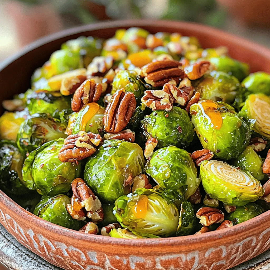 - 1 pound fresh Brussels sprouts, trimmed and halved - 3 tablespoons pure maple syrup - 2 tablespoons extra-virgin olive oil - 1 tablespoon balsamic vinegar - 1 teaspoon garlic powder - Salt and freshly ground black pepper, to taste - 1/4 teaspoon cayenne pepper (optional, for added spice) - 1/2 cup pecans, roughly chopped I love using fresh Brussels sprouts for this dish. They have a nice crunch and a slight bitterness that pairs well with the sweet maple syrup. The maple syrup adds a rich flavor that balances the sprouts. The olive oil helps them roast perfectly, while balsamic vinegar gives a hint of tang. You can play with seasonings too. Garlic powder adds a nice depth, while salt and pepper bring out the flavors. If you like some heat, a bit of cayenne pepper is great. The pecans at the end add a lovely crunch and nutty taste. This simple mix of ingredients makes your Brussels sprouts shine. If you want to know how to make them, check out the Full Recipe. - Preheat your oven to 400°F (200°C). - In a large bowl, mix the halved Brussels sprouts with olive oil, maple syrup, balsamic vinegar, garlic powder, salt, and pepper. If you like heat, add cayenne pepper now. - Spread the coated Brussels sprouts on a baking sheet. Ensure they are in a single layer for even cooking. Roast them for 20 minutes. - After 20 minutes, take the baking sheet out. Add the chopped pecans and stir them in. Return the baking sheet to the oven. Roast for another 10 to 15 minutes until the sprouts are tender and caramelized. - Once done, let the Brussels sprouts cool for a few minutes. - To serve, transfer them to a nice dish. Drizzle any leftover maple glaze from the pan on top. Garnish with extra pecans for crunch. Enjoy your tasty roasted delight! For the complete recipe, check out the Full Recipe section. To get that perfect roast, space your Brussels sprouts well on the baking sheet. This allows hot air to circulate. If sprouts are too close, they will steam instead of roast. Checking doneness is easy. Simply pierce a sprout with a fork. It should be tender. If it’s hard, give it more time. You can add more flavor to your dish. Try spices like smoked paprika or thyme. They work well with maple. If you want a savory twist, add some grated Parmesan cheese before roasting. For a complete meal, serve these sprouts with roasted chicken or a hearty grain like quinoa. They pair wonderfully, creating a balanced plate. Always use oven mitts when handling hot baking sheets. The oven gets hot, and you want to avoid burns. When you take out the baking sheet, place it on a heat-safe surface. Be careful of the hot steam that escapes. This is crucial for safety in the kitchen. {{image_4}} You can use honey or agave syrup instead of maple syrup. Both add sweetness. Honey gives a floral note. Agave syrup has a mild taste. Each sweetener changes the flavor a bit. Try them to find your favorite. If you want a vegan dish, skip the honey and stick with maple syrup. For gluten-free, all the ingredients are safe. You can also leave out the pecans if you need a nut-free option. Use pumpkin seeds or sunflower seeds for crunch instead. Add seasonal veggies to make it unique. Think carrots, squash, or sweet potatoes. They roast well and add color. You can also try spices like cinnamon in fall or fresh herbs in spring. These will elevate the dish and bring in fresh flavors. To store leftover Brussels sprouts, first let them cool. Place them in a container. Use an airtight one to keep them fresh. You can use glass or plastic containers. Remember, they stay good for about 3-5 days in the fridge. For the best taste when reheating, use the oven. Preheat your oven to 350°F (175°C). Spread the Brussels sprouts on a baking sheet. Heat for about 10-15 minutes. This method keeps them crispy. Avoid using the microwave. It can make them soggy and less tasty. To freeze Brussels sprouts, first cook them. Let them cool completely. Next, spread them out on a baking sheet. Freeze for about 1-2 hours. Once frozen, place them in a freezer bag. Squeeze out as much air as possible. They can last for up to 3 months in the freezer. You can easily use them later in soups or stir-fries. To enhance the flavor, try these tips: - Roast them longer for crispiness. - Add herbs like thyme or rosemary. - Use fresh garlic instead of garlic powder. - Toss in grated Parmesan cheese before serving. - Mix in citrus zest for brightness. You can also experiment with spices. A pinch of smoked paprika can add a nice kick. Try different nuts for crunch. Pecans work well, but walnuts or almonds are great too. Yes, you can prep Brussels sprouts ahead of time. Trim and halve them a day early. Store them in the fridge in a sealed bag. This keeps them fresh. You can also mix the glaze in advance. Just combine the maple syrup, olive oil, and spices. Store it in the fridge. When you’re ready to cook, toss the sprouts in the glaze. Maple glazed Brussels sprouts pair well with many dishes. Consider these main dishes: - Roast chicken or turkey is a classic match. - Pork chops add a nice savory balance. - Grilled salmon offers a tasty contrast. - Quinoa or rice can make a hearty meal. You can also serve them as part of a big salad. Mix them with greens, nuts, and a light dressing for a fresh option. Cooked Brussels sprouts last about 3 to 5 days in the fridge. Store them in an airtight container. This helps keep them fresh. Always check for signs of spoilage before eating. If they smell off or look slimy, it’s best to toss them. Reheat them thoroughly before serving. Enjoy them warm for the best taste! For the full recipe, check out the delicious maple glazed Brussels sprouts delight! In this post, we explored how to make maple glazed Brussels sprouts. We discussed the main ingredients, detailed step-by-step instructions, and shared tips to perfect your dish. We also looked at variations for different tastes and how to store leftovers. Brussels sprouts are healthy and tasty. With a little creativity, they can fit into any meal. Enjoy trying out these flavors and impress your family with this easy recipe. Happy cooking!