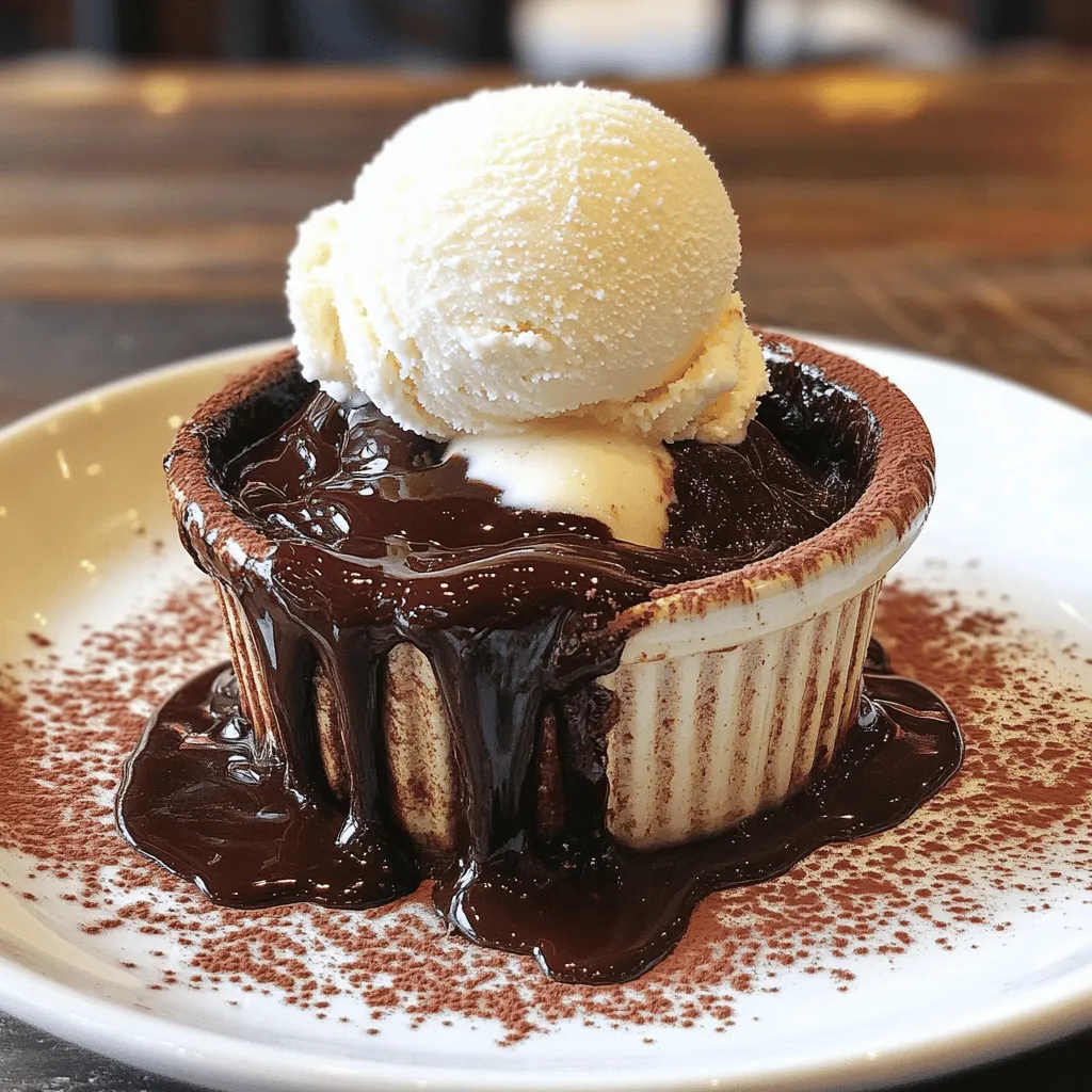 - 1/2 cup unsalted butter - 1 cup dark chocolate chips (70% cocoa) - 1 cup powdered sugar - 2 large eggs - 2 large egg yolks - 1 teaspoon vanilla extract - 1/2 cup all-purpose flour - 1/4 teaspoon salt - 1/2 teaspoon espresso powder (optional) To create the perfect chocolate lava cake, start with the right ingredients. The main ingredients are crucial. Unsalted butter adds richness, while dark chocolate chips give the cake its deep flavor. Powdered sugar sweetens the mix and helps with texture. Next, we add eggs and yolks. They help the cake rise and keep it soft. The vanilla extract brings a warm, sweet aroma that enhances the chocolate. For the dry mix, all-purpose flour gives structure. A pinch of salt balances the sweetness. If you want an extra kick, espresso powder adds depth to the chocolate taste. Gather these items for your chocolate lava cake. Follow the full recipe for a delightful treat that will impress everyone. First, preheat your oven to 425°F (220°C). This temperature is key for that gooey center. While the oven heats, take four 6-ounce ramekins. Grease each one with unsalted butter. Make sure to cover all sides. Next, dust the insides with cocoa powder. This helps the cakes release easily after baking. In a medium bowl, combine the unsalted butter and dark chocolate chips. Use a microwave to melt them. Heat in 30-second bursts. Stir after each time until smooth. This process keeps the chocolate from burning. Once melted, let it cool slightly. This step is important to avoid cooking the eggs later. In a separate bowl, add the powdered sugar, whole eggs, egg yolks, and vanilla extract. Whisk these ingredients together. Your goal is to make them frothy and well combined. This adds air, which helps the cake rise. A good mix makes all the difference in texture. Now, slowly pour the melted chocolate mixture into the egg mix. Stir gently to combine. Be careful not to overmix. You want the batter airy and light. Overmixing can lead to a dense cake, and we’re aiming for a soft center. Evenly distribute the batter into your prepared ramekins. Fill them about three-quarters full. This allows the cakes to rise without spilling over. Too much batter can lead to a messy oven! Place the filled ramekins on a baking sheet. This makes it easy to move them in and out of the oven. Bake for 12-14 minutes. Keep an eye on them. The edges should set, but the centers should still look soft. This is your cue for perfect gooeyness. Follow these steps closely, and you’ll create a beautiful chocolate lava cake that will impress everyone! For the full recipe, check out the details in the earlier section. Enjoy your baking adventure! To get the soft centers, look for a few signs. The edges should set while the center looks slightly wet. You want a slight jiggle in the middle when you gently shake the ramekin. This means it’s just right. Let the cakes cool for one minute before you flip them. This short time helps them hold their shape. If you cool too long, they might stick to the ramekin. When serving, add a scoop of vanilla ice cream or a dollop of whipped cream. This adds a creamy touch that goes well with the warm cake. For a fancy look, drizzle some chocolate sauce around the plate. Sprinkle cocoa powder or chocolate shavings on top of the ice cream for extra flair. One big mistake is overbaking. If you bake too long, the center won’t be gooey. Check your cakes at the 12-minute mark. Using the wrong ramekin size can ruin your cake. Make sure to use 6-ounce ramekins. This helps the cakes rise perfectly. If they are too small, the cakes may overflow. If they are too large, the centers might not cook well. For more delicious tips, check out the Full Recipe to master your chocolate lava cake! {{image_4}} You can play with chocolate types in your lava cake. Milk chocolate gives a sweeter taste. White chocolate adds a creamy twist. Both options change the cake's flavor and texture. If you want a low-sugar dessert, use alternative sweeteners. Try stevia or monk fruit. These sweeteners can cut calories without losing taste. Adding flavors makes your lava cake unique. A hint of orange zest brightens the chocolate. Mint leaves a refreshing aftertaste. You can also use flavored liqueurs, like raspberry or coffee. Just remember to mix in small amounts. These flavors should enhance, not overpower. Making your lava cake fit different diets is simple. For a gluten-free version, swap all-purpose flour for almond flour. This change keeps the cake moist and tasty. If you want a vegan option, use flax eggs. Mix one tablespoon of ground flaxseed with three tablespoons of water. Let it sit for a few minutes before using. These swaps let everyone enjoy this dessert! Check the Full Recipe for detailed steps and tips. To keep your chocolate lava cake fresh, store leftovers in an airtight container. This helps seal in moisture and flavor. I recommend using glass or plastic containers with tight lids. Place a piece of parchment paper between the cake and the lid to prevent sticking. This simple step can keep your dessert tasty for up to three days. When you're ready to enjoy your leftover cake, reheat it in the oven. Preheat your oven to 350°F (175°C). Place the cake on a baking sheet and cover it with aluminum foil. Heat for about 10 minutes. This method warms the cake without making it dry. You can also use a microwave for quick reheating. Heat for 15-20 seconds, but keep an eye on it. You want it warm, not hot, so the center stays gooey. If you want to store your lava cake for longer, freezing is a great option. Wrap each cooled cake tightly in plastic wrap, then place it in a freezer bag. This will help avoid freezer burn. You can freeze the cake for up to three months. To thaw, take it out and place it in the fridge overnight. When ready to eat, simply reheat it as mentioned above. Enjoy your chocolate lava cake at its best! Yes, you can prepare chocolate lava cake ahead of time. Make the batter and fill the ramekins. Cover them and keep them in the fridge for up to 24 hours. When you are ready to bake, take them out and let them sit for about 20 minutes at room temperature. Then bake as directed. This method saves time and keeps your dessert fresh. If your lava cake doesn’t ooze, it may have baked too long. Bake just until the edges set, and the center looks soft. Check the cakes at 12 minutes. If they are firm in the middle, it’s too late. You can also try lowering the oven temperature slightly for the next bake. You can use different ramekins, but size matters. Ramekins should hold about 6 ounces. If you use smaller ones, reduce the baking time. If you use larger ones, increase the time. Always grease and dust with cocoa powder to ensure easy removal. Yes, you can make this recipe dairy-free. Substitute unsalted butter with coconut oil or a plant-based butter. Use dairy-free chocolate chips instead of dark chocolate. This keeps the rich flavor while meeting dietary needs. Toppings can elevate your lava cake. Try adding: - Vanilla ice cream - Whipped cream - Fresh berries - Chocolate sauce - Crushed nuts - Mint leaves for color These add flavor and make your dessert look fantastic. Enjoy your chocolate lava cake with any of these delicious toppings for a delightful treat! In this post, we explored how to make a perfect chocolate lava cake. We covered key ingredients, step-by-step instructions, and helpful tips. Remember to avoid overbaking for that gooey center. You can also get creative with flavors and dietary options. Whether you enjoy it warm with ice cream or cold, this dessert always impresses. Try it out, and share it with friends! You'll love every bite.