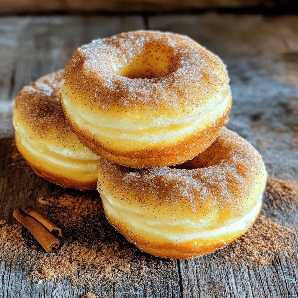 - 1 ½ cups all-purpose flour - 1 cup granulated sugar - ½ teaspoon baking powder - ½ teaspoon baking soda - ½ teaspoon salt - 1 teaspoon ground cinnamon (plus more for coating) - ½ cup unsalted butter, melted - 1 large egg, at room temperature - 1 teaspoon pure vanilla extract - ½ cup buttermilk, at room temperature - ½ cup granulated sugar (for the cinnamon sugar coating) - 1 tablespoon ground cinnamon (for the coating mix) Each ingredient plays a role in making these muffins soft and tasty. The flour gives structure. The sugar adds sweetness. Baking powder and baking soda help the muffins rise. Salt enhances flavor. Ground cinnamon gives that warm, familiar taste. Unsalted butter adds richness. The egg binds everything together. Vanilla brings a lovely aroma. Buttermilk adds moisture and tenderness. - Muffin tin - Mixing bowls - Whisk and spatula - Toothpick for testing doneness Using the right tools can make cooking easier. A muffin tin shapes the muffins perfectly. Mixing bowls help keep things organized. A whisk and spatula let you combine ingredients well. A toothpick is key for checking if the muffins are done. These simple tools will help you create your cinnamon sugar donut muffins with ease. For the full recipe, check the link. 1. Preheat your oven to 350°F (175°C). 2. Prepare a muffin tin by greasing it or using paper liners. 3. In a large mixing bowl, combine: - 1 ½ cups all-purpose flour - 1 cup granulated sugar - ½ teaspoon baking powder - ½ teaspoon baking soda - ½ teaspoon salt - 1 teaspoon ground cinnamon 1. In a separate bowl, mix together: - ½ cup unsalted butter, melted - 1 large egg, at room temperature - 1 teaspoon pure vanilla extract - ½ cup buttermilk, at room temperature 2. Pour the wet mixture into the dry ingredients. 3. Gently fold the mixtures together with a spatula. Stop mixing when just combined. 1. Fill each muffin cup about ¾ full with batter. 2. Bake in the preheated oven for 15-18 minutes. Check doneness with a toothpick. 3. While muffins bake, prepare the cinnamon-sugar coating by mixing: - ½ cup granulated sugar - 1 tablespoon ground cinnamon 4. Once the muffins are done, cool them in the pan for 5 minutes. 5. Roll each warm muffin in the cinnamon-sugar mix. Enjoy every bite of these soft, delightful treats! To ensure even baking, always preheat your oven. This helps the muffins rise and cook uniformly. Use an oven thermometer to check the temperature, as ovens can vary. Fill the muffin cups only three-quarters full. This lets the muffins expand without spilling over. Avoid overmixing your batter. Mixing too much can make your muffins tough. Stir until just combined; a few lumps are okay. This keeps them soft and fluffy. These muffins pair well with warm drinks. Enjoy them with coffee or tea for a cozy treat. For added flavor, you can drizzle icing on top. A simple glaze made from powdered sugar and milk works great. You can also sprinkle extra cinnamon-sugar on top for a sweet touch. This adds a delightful crunch and more flavor. To prevent dry muffins, don’t bake them too long. Check for doneness with a toothpick; it should come out clean but not dry. If you bake too long, the muffins lose moisture. Make sure all ingredients are at room temperature. Cold ingredients can lead to uneven mixing and a dense texture. Set out your butter, egg, and buttermilk before starting. For the full recipe, check the link provided. Enjoy your baking! {{image_4}} You can make cinnamon sugar donut muffins even better. Try adding chocolate chips or nuts. Chocolate adds a rich taste. Nuts give a nice crunch. You can use walnuts, pecans, or almonds. Just mix them into the batter before baking. Another option is to experiment with flavored extracts. Instead of vanilla, try almond or maple extract. These flavors can change the whole muffin. A little can go a long way, so start with half a teaspoon. If you want a healthier treat, you can substitute whole wheat flour for all-purpose flour. Whole wheat adds fiber. It also gives a nutty flavor. Just use the same amount in the recipe. You can also use sugar alternatives. Try coconut sugar or honey. These options can cut calories and add new flavors. Make sure to adjust the amounts based on the type of sugar. For those on a plant-based diet, you can make vegan versions of the muffins. Replace the egg with a flax egg or applesauce. Use almond milk or oat milk instead of buttermilk. This way, you still get tasty muffins without dairy or eggs. For more details and the full recipe, check out the complete guide. Enjoy your time in the kitchen! To keep your cinnamon sugar donut muffins fresh, store them in an airtight container. This helps keep the muffins moist and soft. You can keep them at room temperature for up to three days. If you prefer, you can store them in the refrigerator, but they may become a bit dry. To freeze your muffins, first let them cool completely. Then, place them in a single layer on a baking sheet. Freeze them for about two hours until firm. After that, transfer the muffins to a freezer bag or airtight container. They will stay good for up to three months. When you want to enjoy a muffin, thaw it at room temperature. For the best texture, warm it in the oven at 350°F for about 10 minutes. This will bring back their soft, delightful charm. To keep your muffins moist, focus on the right ingredient ratios. Use the correct amount of fat, like unsalted butter, to add richness. Buttermilk also helps create a tender crumb. Be careful not to overmix the batter; stop mixing when you see a few lumps. This keeps air in the muffins for a fluffier texture. Bake them until a toothpick comes out clean, which usually takes about 15-18 minutes. Yes, you can make these muffins ahead of time. Store them in an airtight container at room temperature. They stay fresh for about three days. If you want to keep them longer, freeze them. To freeze, wrap each muffin in plastic wrap, then place them in a freezer bag. When you want to eat them, just reheat in the microwave for about 15 seconds. You can enhance your muffins with fun add-ins! Try adding chocolate chips for a sweet twist. Diced apples or mashed bananas can add moisture and flavor. Nuts like walnuts or pecans add crunch. If you want a spice kick, mix in a pinch of nutmeg or ginger. Experiment to find your favorite combinations! You can find the Full Recipe for these delicious Cinnamon Sugar Donut Muffins in this article. It includes all the details you need to make them perfectly every time! In this post, I shared how to make delicious cinnamon sugar donut muffins. We covered key ingredients, kitchen tools, and step-by-step baking instructions. I also provided tips to improve texture and avoid common mistakes. Experimenting with variations can add more fun. Finally, storing and freezing methods keep your muffins fresh longer. Enjoy baking these tasty treats and share them with friends!