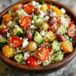 - Quinoa: This whole grain is gluten-free and packed with protein. It serves as the base for our salad. Use 1 cup of rinsed quinoa for best results. - Vegetables: Fresh vegetables add crunch and color. I use: - 1 cup cherry tomatoes, halved - 1 cucumber, diced - 1 red bell pepper, chopped into bite-sized pieces - 1/2 red onion, finely diced - 1/2 cup Kalamata olives, pitted and sliced - Feta Cheese (Optional): Crumbled feta gives a creamy touch. Use 1/2 cup if you want that salty kick. - Olive Oil: Use 3 tablespoons of extra virgin olive oil. This adds richness and depth. - Lemon Juice: Fresh lemon juice brightens the flavors. Use 2 tablespoons for a nice zing. - Spices: A mix of 1 teaspoon dried oregano, salt, and black pepper brings the dressing to life. These ingredients combine to create a vibrant, flavorful dish. Each bite bursts with freshness. For the full recipe, check out the provided details! 1. Boiling the Broth or Water: Start by pouring the vegetable broth or water into a medium saucepan. Turn the heat to high and wait until it boils. This step is key for cooking the quinoa well. 2. Cooking until Tender: Once the broth boils, add the rinsed quinoa. Turn the heat down to low, cover the saucepan, and let it cook for about 15 minutes. The quinoa should absorb all the liquid and become soft. After cooking, fluff it gently with a fork. Let it cool to room temperature. 1. Mixing Fresh Ingredients: In a large mixing bowl, combine the cooled quinoa with halved cherry tomatoes, diced cucumber, chopped red bell pepper, finely diced red onion, and sliced Kalamata olives. If you like, add crumbled feta cheese too. Mix it gently to combine all the fresh flavors. 2. Combining with Dressing: For the dressing, whisk olive oil, lemon juice, dried oregano, salt, and black pepper in a small bowl. Drizzle this dressing over the salad. Toss everything together gently. Make sure all the ingredients get coated with the dressing. 1. Adding Fresh Herbs: Fold in the chopped fresh parsley for a burst of color and taste. Give the salad one last gentle toss. Taste it and adjust the seasoning if needed with more salt and pepper. 2. Chilling Before Serving: For the best flavor, chill the salad for at least 30 minutes in the fridge. This lets the flavors blend. Serve it cool or at room temperature. This Mediterranean quinoa salad is bright, fresh, and packed with flavor. For detailed cooking instructions, check the Full Recipe. Seasoning Advice To make your Mediterranean quinoa salad shine, focus on seasoning. Start with salt and pepper. These basic flavors enhance the taste of your fresh ingredients. A pinch of salt brings out the sweetness of tomatoes and cucumbers. Always taste as you go. This helps you find the right balance. Best Herbs to Use Herbs add brightness to your dish. Fresh parsley is a must. It gives a fresh, green taste. You can also try mint or basil for a twist. Dried oregano adds depth to your dressing. Use high-quality herbs for the best flavor. Serving Suggestions When serving, think about color and texture. A clear glass bowl shows off the vibrant colors. You can also use a large platter. It invites everyone to dig in. Arrange the salad in layers for a beautiful look. The colorful layers will catch your eye. Garnishing Tips Garnishing makes your dish pop. Add extra parsley on top. This adds a lovely touch of green. Lemon wedges also look great. They give a refreshing hint. You can even sprinkle some extra feta on top for added appeal. Make-Ahead Storage You can prepare this salad ahead of time. It stores well in the fridge. Just wait to add the dressing until you are ready to serve. This keeps the salad crisp and fresh. Best Practices for Freshness Store the salad in an airtight container. This helps keep it fresh for up to three days. If you notice the vegetables getting soft, use them quickly. Freshness is key for the best taste. For the full recipe, check out the details above. {{image_4}} You can enhance your Mediterranean quinoa salad with protein. Here are two great options: - Grilled Chicken Adding grilled chicken gives the salad a hearty touch. It pairs well with the fresh flavors. Simply grill marinated chicken breasts, slice them, and toss them in. - Chickpeas Chickpeas are a great plant-based protein. They add texture and flavor. Just rinse a can of chickpeas and mix them in. They make the salad filling and nutritious. If you're looking for vegan choices, consider these alternatives: - Tofu Options Tofu is a fantastic protein source. You can use firm or extra-firm tofu. Cut it into cubes and sauté until golden. This adds a nice crunch to your salad. - Dairy-Free Cheese Instead of feta cheese, try dairy-free cheese. It still gives a creamy texture. Look for options made from nuts or soy for the best results. Incorporating seasonal ingredients can brighten your salad: - Summer Variations In summer, add fresh corn or ripe avocados. They bring sweetness and creaminess. You can also use fresh basil or mint for an aromatic touch. - Winter Additions For winter, consider roasted butternut squash or Brussels sprouts. They add warmth and depth. Toss in some pomegranate seeds for a pop of color and flavor. Feel free to explore these variations to make your Mediterranean quinoa salad even more exciting. You can find the Full Recipe above for the base salad to get started! - Refrigeration Tips: Store the Mediterranean quinoa salad in an airtight container. This keeps the flavors intact and prevents drying out. It’s best to eat it within three to five days for optimal taste. - Freezing Options: You can freeze leftover salad, but some ingredients may change texture. To freeze, place it in a freezer-safe container. Thaw it in the fridge overnight before eating. - How Long It Lasts: In the fridge, the salad lasts up to five days. If frozen, it can stay good for about a month. Always check for freshness before eating. - Safely Enjoying Leftovers: If you prefer warm quinoa, use the microwave. Heat in short bursts, stirring often, until warm. Avoid heating the lettuce and cucumber as they don’t reheat well. Enjoy your leftovers while they taste fresh! Mediterranean Quinoa Salad is packed with nutrients. One serving has about 250 calories. You will find 8 grams of protein, 10 grams of fat, and 36 grams of carbs. Quinoa gives you protein and fiber. The veggies add vitamins and minerals. Feta cheese adds flavor and calcium. This salad is a healthy choice. Yes, you can easily customize this salad for allergies. If you have a gluten allergy, quinoa is a great choice since it is gluten-free. For nut allergies, skip any nuts you may add. If you are lactose intolerant, leave out the feta cheese. You can also use a dairy-free cheese. This way, everyone can enjoy it! You can keep Mediterranean Quinoa Salad in the fridge for about 3 to 5 days. Store it in an airtight container to keep it fresh. If it has feta cheese, eat it within 3 days for the best taste. Before eating, check for any changes in smell or color. Always trust your senses! This blog post covered how to make a delicious Mediterranean quinoa salad. We explored main ingredients like quinoa, fresh veggies, and optional feta cheese. I shared step-by-step cooking tips and how to assemble the salad with a zesty dressing. I also gave advice on flavor, presentation, and storing leftovers. In conclusion, this salad is healthy and easy to make. You can customize it to your taste and enjoy it fresh or save it for later. Dive into your kitchen and create your perfect version today!
