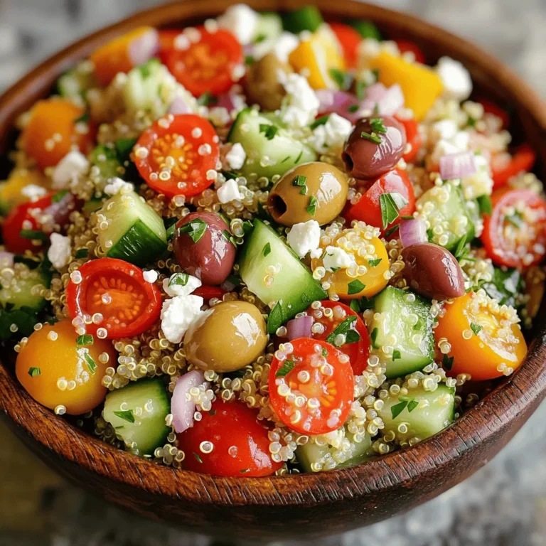 - Quinoa: This whole grain is gluten-free and packed with protein. It serves as the base for our salad. Use 1 cup of rinsed quinoa for best results. - Vegetables: Fresh vegetables add crunch and color. I use: - 1 cup cherry tomatoes, halved - 1 cucumber, diced - 1 red bell pepper, chopped into bite-sized pieces - 1/2 red onion, finely diced - 1/2 cup Kalamata olives, pitted and sliced - Feta Cheese (Optional): Crumbled feta gives a creamy touch. Use 1/2 cup if you want that salty kick. - Olive Oil: Use 3 tablespoons of extra virgin olive oil. This adds richness and depth. - Lemon Juice: Fresh lemon juice brightens the flavors. Use 2 tablespoons for a nice zing. - Spices: A mix of 1 teaspoon dried oregano, salt, and black pepper brings the dressing to life. These ingredients combine to create a vibrant, flavorful dish. Each bite bursts with freshness. For the full recipe, check out the provided details! 1. Boiling the Broth or Water: Start by pouring the vegetable broth or water into a medium saucepan. Turn the heat to high and wait until it boils. This step is key for cooking the quinoa well. 2. Cooking until Tender: Once the broth boils, add the rinsed quinoa. Turn the heat down to low, cover the saucepan, and let it cook for about 15 minutes. The quinoa should absorb all the liquid and become soft. After cooking, fluff it gently with a fork. Let it cool to room temperature. 1. Mixing Fresh Ingredients: In a large mixing bowl, combine the cooled quinoa with halved cherry tomatoes, diced cucumber, chopped red bell pepper, finely diced red onion, and sliced Kalamata olives. If you like, add crumbled feta cheese too. Mix it gently to combine all the fresh flavors. 2. Combining with Dressing: For the dressing, whisk olive oil, lemon juice, dried oregano, salt, and black pepper in a small bowl. Drizzle this dressing over the salad. Toss everything together gently. Make sure all the ingredients get coated with the dressing. 1. Adding Fresh Herbs: Fold in the chopped fresh parsley for a burst of color and taste. Give the salad one last gentle toss. Taste it and adjust the seasoning if needed with more salt and pepper. 2. Chilling Before Serving: For the best flavor, chill the salad for at least 30 minutes in the fridge. This lets the flavors blend. Serve it cool or at room temperature. This Mediterranean quinoa salad is bright, fresh, and packed with flavor. For detailed cooking instructions, check the Full Recipe. Seasoning Advice To make your Mediterranean quinoa salad shine, focus on seasoning. Start with salt and pepper. These basic flavors enhance the taste of your fresh ingredients. A pinch of salt brings out the sweetness of tomatoes and cucumbers. Always taste as you go. This helps you find the right balance. Best Herbs to Use Herbs add brightness to your dish. Fresh parsley is a must. It gives a fresh, green taste. You can also try mint or basil for a twist. Dried oregano adds depth to your dressing. Use high-quality herbs for the best flavor. Serving Suggestions When serving, think about color and texture. A clear glass bowl shows off the vibrant colors. You can also use a large platter. It invites everyone to dig in. Arrange the salad in layers for a beautiful look. The colorful layers will catch your eye. Garnishing Tips Garnishing makes your dish pop. Add extra parsley on top. This adds a lovely touch of green. Lemon wedges also look great. They give a refreshing hint. You can even sprinkle some extra feta on top for added appeal. Make-Ahead Storage You can prepare this salad ahead of time. It stores well in the fridge. Just wait to add the dressing until you are ready to serve. This keeps the salad crisp and fresh. Best Practices for Freshness Store the salad in an airtight container. This helps keep it fresh for up to three days. If you notice the vegetables getting soft, use them quickly. Freshness is key for the best taste. For the full recipe, check out the details above. {{image_4}} You can enhance your Mediterranean quinoa salad with protein. Here are two great options: - Grilled Chicken Adding grilled chicken gives the salad a hearty touch. It pairs well with the fresh flavors. Simply grill marinated chicken breasts, slice them, and toss them in. - Chickpeas Chickpeas are a great plant-based protein. They add texture and flavor. Just rinse a can of chickpeas and mix them in. They make the salad filling and nutritious. If you're looking for vegan choices, consider these alternatives: - Tofu Options Tofu is a fantastic protein source. You can use firm or extra-firm tofu. Cut it into cubes and sauté until golden. This adds a nice crunch to your salad. - Dairy-Free Cheese Instead of feta cheese, try dairy-free cheese. It still gives a creamy texture. Look for options made from nuts or soy for the best results. Incorporating seasonal ingredients can brighten your salad: - Summer Variations In summer, add fresh corn or ripe avocados. They bring sweetness and creaminess. You can also use fresh basil or mint for an aromatic touch. - Winter Additions For winter, consider roasted butternut squash or Brussels sprouts. They add warmth and depth. Toss in some pomegranate seeds for a pop of color and flavor. Feel free to explore these variations to make your Mediterranean quinoa salad even more exciting. You can find the Full Recipe above for the base salad to get started! - Refrigeration Tips: Store the Mediterranean quinoa salad in an airtight container. This keeps the flavors intact and prevents drying out. It’s best to eat it within three to five days for optimal taste. - Freezing Options: You can freeze leftover salad, but some ingredients may change texture. To freeze, place it in a freezer-safe container. Thaw it in the fridge overnight before eating. - How Long It Lasts: In the fridge, the salad lasts up to five days. If frozen, it can stay good for about a month. Always check for freshness before eating. - Safely Enjoying Leftovers: If you prefer warm quinoa, use the microwave. Heat in short bursts, stirring often, until warm. Avoid heating the lettuce and cucumber as they don’t reheat well. Enjoy your leftovers while they taste fresh! Mediterranean Quinoa Salad is packed with nutrients. One serving has about 250 calories. You will find 8 grams of protein, 10 grams of fat, and 36 grams of carbs. Quinoa gives you protein and fiber. The veggies add vitamins and minerals. Feta cheese adds flavor and calcium. This salad is a healthy choice. Yes, you can easily customize this salad for allergies. If you have a gluten allergy, quinoa is a great choice since it is gluten-free. For nut allergies, skip any nuts you may add. If you are lactose intolerant, leave out the feta cheese. You can also use a dairy-free cheese. This way, everyone can enjoy it! You can keep Mediterranean Quinoa Salad in the fridge for about 3 to 5 days. Store it in an airtight container to keep it fresh. If it has feta cheese, eat it within 3 days for the best taste. Before eating, check for any changes in smell or color. Always trust your senses! This blog post covered how to make a delicious Mediterranean quinoa salad. We explored main ingredients like quinoa, fresh veggies, and optional feta cheese. I shared step-by-step cooking tips and how to assemble the salad with a zesty dressing. I also gave advice on flavor, presentation, and storing leftovers. In conclusion, this salad is healthy and easy to make. You can customize it to your taste and enjoy it fresh or save it for later. Dive into your kitchen and create your perfect version today!