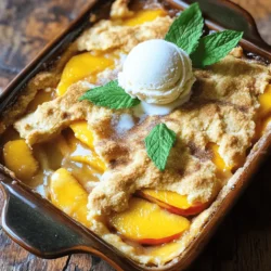 To make peach cobbler with Bisquick, gather these simple ingredients: - 4 cups fresh peaches, peeled and sliced (or 2 cans of sliced peaches, thoroughly drained) - 1 cup granulated sugar, divided - 1 teaspoon ground cinnamon - 2 teaspoons freshly squeezed lemon juice - 1 ½ cups Bisquick mix - ½ cup milk at room temperature - ¼ cup unsalted butter, melted and cooled slightly - 1 teaspoon pure vanilla extract - Pinch of fine sea salt If you don't have fresh peaches, use canned peaches. Just drain them well. You can swap granulated sugar for brown sugar to add more depth. For a dairy-free option, try almond milk instead of regular milk. You can also use coconut oil in place of butter. This gives a nice flavor and keeps it light. You will need a few basic tools to make this recipe: - A large mixing bowl for combining ingredients - A whisk to mix the batter smoothly - A 9x13 inch baking dish for baking - A measuring cup for accurate measurements - A sharp knife and cutting board for slicing peaches - An oven for baking Feel ready to create a warm and tasty peach cobbler? Follow the full recipe to enjoy this delightful dish! Start by peeling and slicing your fresh peaches. You’ll need about 4 cups. If fresh peaches are not available, you can use 2 cans of sliced peaches. Just make sure to drain them well. In a large bowl, mix the sliced peaches with ½ cup of granulated sugar, a teaspoon of ground cinnamon, and two teaspoons of freshly squeezed lemon juice. Stir until the peaches are fully coated. Let this sit for about 10 minutes. This step makes the peaches sweeter and more flavorful. In another bowl, combine 1 ½ cups of Bisquick mix with the remaining ½ cup of sugar. Add in ½ cup of milk that is at room temperature, ¼ cup of melted unsalted butter, one teaspoon of pure vanilla extract, and a pinch of sea salt. Whisk all the ingredients together until the mixture is smooth. This batter will be light and fluffy when baked. Now it's time to bake! Preheat your oven to 350°F (175°C). Lightly grease a 9x13 inch baking dish with butter or cooking spray. Pour the marinated peach mixture evenly into the dish. Next, carefully pour the Bisquick batter over the peaches. Do not stir; let the batter sit on top. This layering is key for that classic cobbler look. Bake the dish in the oven for 40-45 minutes. The top should turn a lovely golden brown, and a toothpick should come out clean from the batter. Once baked, take it out and let it cool for at least 10 minutes. This cooling time allows the juices to settle. For a full recipe, check the details above. To boost the flavor of your peach cobbler, try these tips. Add a pinch of nutmeg for warmth. A splash of almond extract gives a nice twist. You can also mix in some fresh herbs like basil for a unique taste. If you want it sweeter, increase the sugar by a bit. Let the peaches marinate longer to deepen their flavor. This makes your cobbler taste even better. Serve your peach cobbler warm for the best experience. A scoop of vanilla ice cream on top is a must. The cold ice cream melts into the warm cobbler. This creates a wonderful mix of hot and cold. You can also add whipped cream for extra creaminess. Try garnishing with mint leaves for a pop of color. Serve it in a nice dish to impress your family and friends. Avoid these common mistakes to make your cobbler perfect. Don’t skip the marinating step for the peaches. This step adds flavor and sweetness. Be careful not to overmix the batter. Overmixing makes the cobbler tough. Always let it cool a bit before serving. This helps the juices settle, making it easier to slice. Lastly, don’t rush the baking time. Make sure it turns golden brown for the best texture and taste. For more detailed instructions, check the Full Recipe. {{image_4}} You can switch out peaches for many fruits. Try using berries, apples, or cherries. Each fruit brings its own taste and texture. For apples, slice them thinly and add a bit of cinnamon. For berries, use fresh or frozen and reduce the sugar. You can even mix different fruits for a fun twist. If you need a gluten-free version, use a gluten-free baking mix. Make sure it has a similar texture to Bisquick. This swap allows everyone to enjoy the cobbler. You can also add almond flour for extra flavor. Just remember to check the labels for gluten-free assurance. Want to elevate your cobbler? Add spices like nutmeg or cardamom for warmth. You can also top it with a crunchy streusel made from oats and nuts. Drizzle some honey or maple syrup over the top after baking for added sweetness. These twists make your cobbler special for any occasion. For the full recipe, check out Peachy Bisquick Dream Cobbler. To store leftovers, let your peach cobbler cool to room temperature. Then, cover the dish tightly with plastic wrap or foil. You can also transfer it to an airtight container. Proper storage keeps the cobbler fresh for up to three days in the fridge. When you're ready to enjoy leftovers, preheat your oven to 350°F (175°C). Place the cobbler in an oven-safe dish and cover it with foil. Heat for about 15-20 minutes, or until warmed through. You can also microwave individual servings for about 30-60 seconds. Just be careful not to overheat, as it can get soggy. If you want to freeze your peach cobbler, let it cool completely first. Wrap it tightly in plastic wrap, then in foil to prevent freezer burn. You can also use a freezer-safe container. It stays good for up to three months. To enjoy, thaw it in the fridge overnight before reheating. Enjoy every bite of your peachy bisquick dream cobbler! For the full recipe, check out the details above. Yes, you can use frozen peaches! Just thaw them first and drain excess liquid. This helps to keep your cobbler from getting too soggy. Frozen peaches work well, especially if fresh ones aren’t in season. They still have that sweet, juicy flavor we all love. If you don't have Bisquick, you can make your own mix. Just combine 1 cup of all-purpose flour, 1 ½ teaspoons of baking powder, and a pinch of salt. This mix works great in the recipe. You can also try other baking mixes if you find them. The cobbler is done when the top turns a golden brown. You can also check with a toothpick. If it comes out clean from the batter, your cobbler is ready. Let it cool for about 10 minutes before serving. This helps the flavors blend nicely. For the full recipe, check out the earlier section! This blog post gives you all the details to make a peach cobbler. We covered the key ingredients, easy swaps, and the right tools. You learned the steps to prepare, bake, and serve this dish with confidence. I shared tips to enhance flavors and avoid common mistakes. In the end, you can enjoy this dish your way with various fruits and styles. Follow these steps for a tasty treat that everyone will love. Your baking skills will shine with each bite. Get ready to impress with your delicious peach cobbler!