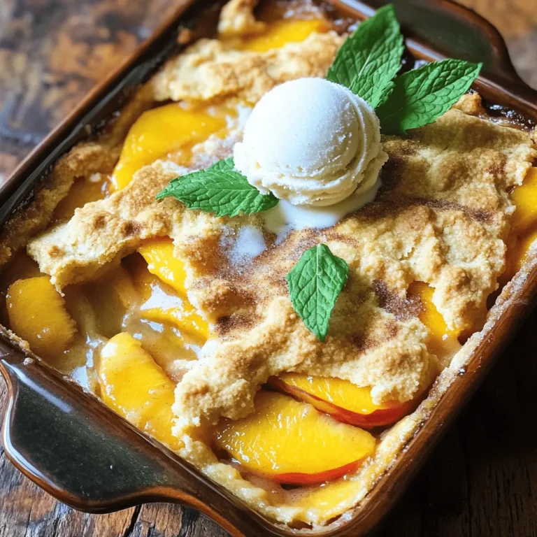 To make peach cobbler with Bisquick, gather these simple ingredients: - 4 cups fresh peaches, peeled and sliced (or 2 cans of sliced peaches, thoroughly drained) - 1 cup granulated sugar, divided - 1 teaspoon ground cinnamon - 2 teaspoons freshly squeezed lemon juice - 1 ½ cups Bisquick mix - ½ cup milk at room temperature - ¼ cup unsalted butter, melted and cooled slightly - 1 teaspoon pure vanilla extract - Pinch of fine sea salt If you don't have fresh peaches, use canned peaches. Just drain them well. You can swap granulated sugar for brown sugar to add more depth. For a dairy-free option, try almond milk instead of regular milk. You can also use coconut oil in place of butter. This gives a nice flavor and keeps it light. You will need a few basic tools to make this recipe: - A large mixing bowl for combining ingredients - A whisk to mix the batter smoothly - A 9x13 inch baking dish for baking - A measuring cup for accurate measurements - A sharp knife and cutting board for slicing peaches - An oven for baking Feel ready to create a warm and tasty peach cobbler? Follow the full recipe to enjoy this delightful dish! Start by peeling and slicing your fresh peaches. You’ll need about 4 cups. If fresh peaches are not available, you can use 2 cans of sliced peaches. Just make sure to drain them well. In a large bowl, mix the sliced peaches with ½ cup of granulated sugar, a teaspoon of ground cinnamon, and two teaspoons of freshly squeezed lemon juice. Stir until the peaches are fully coated. Let this sit for about 10 minutes. This step makes the peaches sweeter and more flavorful. In another bowl, combine 1 ½ cups of Bisquick mix with the remaining ½ cup of sugar. Add in ½ cup of milk that is at room temperature, ¼ cup of melted unsalted butter, one teaspoon of pure vanilla extract, and a pinch of sea salt. Whisk all the ingredients together until the mixture is smooth. This batter will be light and fluffy when baked. Now it's time to bake! Preheat your oven to 350°F (175°C). Lightly grease a 9x13 inch baking dish with butter or cooking spray. Pour the marinated peach mixture evenly into the dish. Next, carefully pour the Bisquick batter over the peaches. Do not stir; let the batter sit on top. This layering is key for that classic cobbler look. Bake the dish in the oven for 40-45 minutes. The top should turn a lovely golden brown, and a toothpick should come out clean from the batter. Once baked, take it out and let it cool for at least 10 minutes. This cooling time allows the juices to settle. For a full recipe, check the details above. To boost the flavor of your peach cobbler, try these tips. Add a pinch of nutmeg for warmth. A splash of almond extract gives a nice twist. You can also mix in some fresh herbs like basil for a unique taste. If you want it sweeter, increase the sugar by a bit. Let the peaches marinate longer to deepen their flavor. This makes your cobbler taste even better. Serve your peach cobbler warm for the best experience. A scoop of vanilla ice cream on top is a must. The cold ice cream melts into the warm cobbler. This creates a wonderful mix of hot and cold. You can also add whipped cream for extra creaminess. Try garnishing with mint leaves for a pop of color. Serve it in a nice dish to impress your family and friends. Avoid these common mistakes to make your cobbler perfect. Don’t skip the marinating step for the peaches. This step adds flavor and sweetness. Be careful not to overmix the batter. Overmixing makes the cobbler tough. Always let it cool a bit before serving. This helps the juices settle, making it easier to slice. Lastly, don’t rush the baking time. Make sure it turns golden brown for the best texture and taste. For more detailed instructions, check the Full Recipe. {{image_4}} You can switch out peaches for many fruits. Try using berries, apples, or cherries. Each fruit brings its own taste and texture. For apples, slice them thinly and add a bit of cinnamon. For berries, use fresh or frozen and reduce the sugar. You can even mix different fruits for a fun twist. If you need a gluten-free version, use a gluten-free baking mix. Make sure it has a similar texture to Bisquick. This swap allows everyone to enjoy the cobbler. You can also add almond flour for extra flavor. Just remember to check the labels for gluten-free assurance. Want to elevate your cobbler? Add spices like nutmeg or cardamom for warmth. You can also top it with a crunchy streusel made from oats and nuts. Drizzle some honey or maple syrup over the top after baking for added sweetness. These twists make your cobbler special for any occasion. For the full recipe, check out Peachy Bisquick Dream Cobbler. To store leftovers, let your peach cobbler cool to room temperature. Then, cover the dish tightly with plastic wrap or foil. You can also transfer it to an airtight container. Proper storage keeps the cobbler fresh for up to three days in the fridge. When you're ready to enjoy leftovers, preheat your oven to 350°F (175°C). Place the cobbler in an oven-safe dish and cover it with foil. Heat for about 15-20 minutes, or until warmed through. You can also microwave individual servings for about 30-60 seconds. Just be careful not to overheat, as it can get soggy. If you want to freeze your peach cobbler, let it cool completely first. Wrap it tightly in plastic wrap, then in foil to prevent freezer burn. You can also use a freezer-safe container. It stays good for up to three months. To enjoy, thaw it in the fridge overnight before reheating. Enjoy every bite of your peachy bisquick dream cobbler! For the full recipe, check out the details above. Yes, you can use frozen peaches! Just thaw them first and drain excess liquid. This helps to keep your cobbler from getting too soggy. Frozen peaches work well, especially if fresh ones aren’t in season. They still have that sweet, juicy flavor we all love. If you don't have Bisquick, you can make your own mix. Just combine 1 cup of all-purpose flour, 1 ½ teaspoons of baking powder, and a pinch of salt. This mix works great in the recipe. You can also try other baking mixes if you find them. The cobbler is done when the top turns a golden brown. You can also check with a toothpick. If it comes out clean from the batter, your cobbler is ready. Let it cool for about 10 minutes before serving. This helps the flavors blend nicely. For the full recipe, check out the earlier section! This blog post gives you all the details to make a peach cobbler. We covered the key ingredients, easy swaps, and the right tools. You learned the steps to prepare, bake, and serve this dish with confidence. I shared tips to enhance flavors and avoid common mistakes. In the end, you can enjoy this dish your way with various fruits and styles. Follow these steps for a tasty treat that everyone will love. Your baking skills will shine with each bite. Get ready to impress with your delicious peach cobbler!