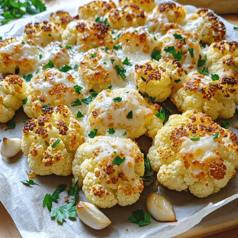 - 1 large head of cauliflower, cut into bite-sized florets - 4 cloves of fresh garlic, finely minced - 1/2 cup freshly grated Parmesan cheese - 3 tablespoons extra virgin olive oil - 1 teaspoon smoked paprika - 1 teaspoon dried oregano - Sea salt and black pepper to taste - Fresh parsley, finely chopped (for garnish) - Red pepper flakes for heat - Lemon juice for added brightness - Other cheese varieties for flavor variations When I prepare Garlic Parmesan Roasted Cauliflower, I always start with fresh ingredients. The key is a large head of cauliflower. I cut it into small florets for even cooking. Fresh garlic brings a strong flavor that enhances the dish. I use four cloves, finely minced, to pack a punch. Next, I reach for Parmesan cheese. I grate it fresh for the best taste and texture. Extra virgin olive oil is my choice for roasting. It adds richness and helps the spices stick to the florets. I also add smoked paprika and dried oregano. Smoked paprika gives a sweet, smoky flavor. Oregano adds that warm, earthy taste we love. Finally, I season with sea salt and black pepper to enhance all the flavors. For a pop of color, I sprinkle fresh parsley on top. If you want to spice things up, consider adding red pepper flakes. A squeeze of lemon juice can brighten the dish. You can also try other cheese types for a twist. These ingredients make this dish simple yet full of flavor. You can find the full recipe above to get started on your own delicious Garlic Parmesan Roasted Cauliflower! - Preheat the oven to 425°F (220°C). - Line a baking sheet with parchment paper. Start by prepping the cauliflower. You want to cut a large head into bite-sized florets. This helps them cook evenly. Make sure to discard any tough stems. The parchment paper on your baking sheet will make cleanup easy. - Combine cauliflower florets and seasonings in a mixing bowl. - Ensure florets are coated evenly. Next, grab a big mixing bowl. Add your cauliflower florets along with 4 cloves of minced garlic, 3 tablespoons of olive oil, 1 teaspoon of smoked paprika, 1 teaspoon of dried oregano, and a pinch of sea salt and black pepper. Mix them well. You want each floret to be coated in the tasty mix. - Spread cauliflower on the baking sheet and roast for 25-30 mins. - Flip the florets halfway for even cooking. Now, spread the seasoned cauliflower on your prepared baking sheet. Make sure they are in a single layer. This ensures they roast well. Place the baking sheet in your preheated oven. Roast the cauliflower for about 25 to 30 minutes. Halfway through, flip the florets to let them brown evenly. They will turn tender and golden. - Sprinkle Parmesan cheese during the last 5 minutes of roasting. - Allow cheese to melt to create a cheesy crust. In the last 5 minutes, take the baking sheet out. Sprinkle 1/2 cup of freshly grated Parmesan cheese over the cauliflower. Return it to the oven. This creates a deliciously cheesy crust. Once done, you will see the cheese melt and bubble. It adds a rich flavor to the dish. Enjoy making this Garlic Parmesan Roasted Cauliflower! Don't forget to check out the Full Recipe for more details. To make the best garlic Parmesan roasted cauliflower, space the florets well on the baking sheet. This lets the hot air flow around them. When they have room, they roast better and get crispy. Use high-quality extra virgin olive oil. It adds flavor and richness to your dish. A good oil makes a big difference. You can marinate the cauliflower before roasting for a deeper taste. Mix the florets with olive oil, garlic, and spices. Let them sit for 15-30 minutes. This helps the flavors soak in. Adjust the seasoning to your liking. If you love spice, add red pepper flakes. For a fresh twist, squeeze some lemon juice on top before serving. Garlic Parmesan roasted cauliflower pairs well with many dishes. Serve it with grilled chicken or fish for a complete meal. It also goes great with a fresh salad. For presentation, use a large platter. Drizzle some extra olive oil on top. A sprinkle of fresh parsley adds color and freshness. Enjoy this dish hot for the best flavor! {{image_4}} You can change the flavor of garlic Parmesan roasted cauliflower easily. Adding fresh herbs like thyme or rosemary gives a new twist. These herbs add a nice touch and extra depth. You can also mix in other veggies. Bell peppers and Brussels sprouts roast well with cauliflower. They add color and taste. Try mixing these veggies for a fun side dish. If you want a vegan option, use nutritional yeast instead of cheese. It gives a cheesy flavor without dairy. This makes the dish plant-based but still tasty. For gluten-free eaters, check your seasonings. Most spices are gluten-free, but always read the labels. You can enjoy this dish without worry. Using seasonal vegetables can make this dish even better. Fresh ingredients taste great and add nutrition. For special occasions, like holidays, you can enhance it too. Add a sprinkle of pomegranate seeds for a festive touch. Or, serve it with a zesty lemon dressing. These ideas make the dish stand out on any table. You can find the full recipe for garlic Parmesan roasted cauliflower to try all these variations. To store Garlic Parmesan Roasted Cauliflower, let it cool first. Place the cooled cauliflower in an airtight container. This keeps it fresh and tasty. Store it in the fridge for up to 3 days. If you want to enjoy it later, follow the freezing tips below. When reheating, aim for the oven or air fryer. This method keeps the cauliflower crispy. Preheat your oven to 350°F (175°C). Place the cauliflower on a baking sheet and heat for about 10-15 minutes. If using an air fryer, cook at 350°F for 5-8 minutes. Avoid the microwave, as it can make the cauliflower soggy. To freeze, place the cooled cauliflower in a freezer-safe bag. Remove excess air to prevent freezer burn. Store for up to 2 months. When ready to eat, let it thaw in the fridge overnight. Reheat using the oven or air fryer to restore the crispy texture. This way, you'll enjoy the full flavor of the dish! Yes, you can use frozen cauliflower. Here are the pros and cons: - Pros: Frozen cauliflower is ready to use. It saves time and is often cheaper. You can keep it longer in your freezer. - Cons: Frozen cauliflower may be softer when cooked. It might not have the same crispness as fresh. Always thaw and drain excess water to avoid a soggy dish. To add some heat, try these ideas: - Mix in red pepper flakes. Start with a pinch and add more for extra spice. - Use spicy garlic powder instead of regular garlic. - Add sliced jalapeños or poblano peppers to the florets for a fresh kick. - Drizzle with hot sauce right before serving for a flavor boost. If you need a cheese substitute, consider these options: - Nutritional yeast works well for a vegan option. It has a cheesy flavor. - Grated pecorino Romano adds a similar taste but is stronger in flavor. - For a nutty twist, try crumbled feta or goat cheese. - If you avoid dairy, try using cashew cheese or almond cheese. For the full experience, check out the Full Recipe for Garlic Parmesan Roasted Cauliflower 🧄. You now have all the steps needed to make Garlic Parmesan Roasted Cauliflower. Start with fresh ingredients to enhance the flavor. Don’t shy away from adding your own twist with optional spices or different cheeses. Remember to space the florets on the baking sheet for even roasting. Store leftovers properly, and don’t hesitate to get creative with variations. I hope this dish brings fun to your table and sparks new ideas in your cooking. Enjoy every bite of this tasty treat!