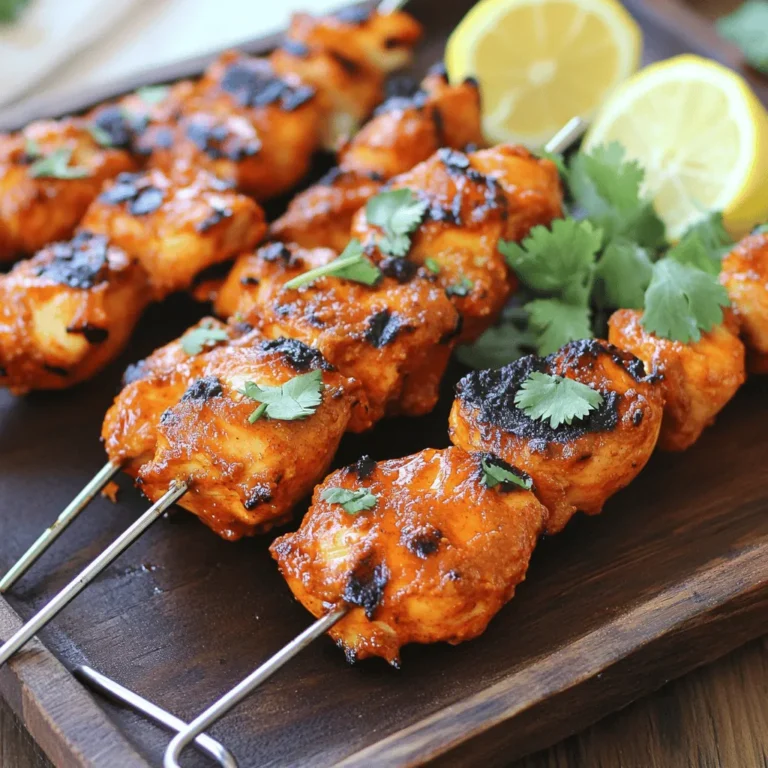 For the best Tandoori Chicken Skewers, you need a few key items. Here’s what you’ll need: - 1 lb (450g) boneless chicken thighs, cut into bite-sized pieces - 1 cup plain yogurt (preferably full-fat for creaminess) - 2 tablespoons vegetable oil (or any neutral oil) - 2 tablespoons fresh lemon juice (about half a lemon) - 2 cloves garlic, minced finely - 1 tablespoon ginger, freshly grated - 1 tablespoon tandoori masala (store-bought or homemade for authentic flavor) - 1 teaspoon turmeric powder - 1 teaspoon ground cumin - 1 teaspoon smoked paprika (for added depth) - Salt to taste - Skewers (use metal or soak wooden skewers in water for at least 30 minutes to prevent burning) - Fresh cilantro leaves for garnish - Lemon wedges for serving These ingredients come together to create a rich and spicy flavor that makes these skewers stand out. Want to take your skewers to the next level? Here are some optional ingredients you can add: - A pinch of cayenne pepper for heat - Bell peppers or onions, cut into chunks for added color and crunch - A drizzle of honey for a touch of sweetness - A sprinkle of garam masala for extra spice Adding these can change the flavor and texture, making the dish even more exciting. Don’t have all the ingredients? No problem! Here are some smart swaps: - Use chicken breast instead of thighs for a leaner option. - Swap plain yogurt for Greek yogurt if you prefer a thicker marinade. - Lemon juice can be replaced with lime juice for a different citrus zing. - Any neutral oil works if you don’t have vegetable oil. These substitutions keep the dish delicious while making it easier to prepare with what you have at home. For the full recipe, refer to [Full Recipe]. To start, you need to make the marinade. In a bowl, mix these ingredients: - 1 cup plain yogurt - 2 tablespoons vegetable oil - 2 tablespoons fresh lemon juice - 2 cloves garlic, minced - 1 tablespoon ginger, grated - 1 tablespoon tandoori masala - 1 teaspoon turmeric powder - 1 teaspoon ground cumin - 1 teaspoon smoked paprika - Salt to taste Whisk everything together until smooth. The yogurt gives a creamy base, while the spices add flavor. Now, let's add the chicken. Cut 1 pound of boneless chicken thighs into bite-sized pieces. Toss these pieces in the marinade until well-coated. Cover the bowl with plastic wrap. Refrigerate for at least 2 hours. If you can, let it marinate overnight for the best taste. When you’re ready to cook, preheat your grill to medium-high or your oven to 400°F (200°C). If using wooden skewers, soak them in water for 30 minutes to avoid burning. Next, thread the marinated chicken onto the skewers. Leave a small space between pieces for even cooking. Place the skewers on the grill or a baking sheet lined with parchment paper. Cook for 15-20 minutes, turning occasionally. The chicken should reach an internal temperature of 165°F (75°C). After cooking, let the skewers rest for a few minutes. This helps keep the chicken juicy. Serve with fresh cilantro and lemon wedges for a burst of flavor. For the Full Recipe, check out the full details above. Marinating is key to tasty tandoori chicken skewers. Use plain yogurt for a creamy base. It helps tenderize the chicken. Add lemon juice for tang and freshness. For the best flavor, marinate overnight. If you're short on time, two hours will still work. Make sure to coat every piece well. Use a plastic wrap to cover the bowl during marination. This keeps the flavors locked in. When cooking, preheat your grill or oven. A high heat helps achieve a nice char. If using wooden skewers, soak them in water for 30 minutes. This prevents burning. Space the chicken pieces slightly on the skewer. This allows even cooking. Cook for about 15-20 minutes. Turn them occasionally for even browning. Always check that the chicken reaches 165°F for safety. Serve your skewers on a large platter. This makes for a stunning centerpiece. Garnish with fresh cilantro leaves for a pop of color. Add lemon wedges for a zesty squeeze. You can also include a bowl of yogurt or mint chutney for dipping. For more crunch, serve colorful slices of onion or cucumber. This adds a refreshing touch to each bite. For more ideas, check out the Full Recipe for tips on sides and pairings. {{image_4}} You can make tandoori skewers with veggies or tofu. Use the same marinade as the chicken. For veggies, try bell peppers, zucchini, and mushrooms. If you want to use tofu, press it first to remove water. Then cut it into cubes. Marinate the tofu just like chicken. These options taste great and are fun to eat. While the classic tandoori flavor is amazing, you can mix it up. Try adding mango puree for sweetness. You can also use a spicy chili paste for more heat. For a smoky taste, include smoked paprika or liquid smoke. Each twist can create a new dish. Experiment and find your favorite flavor! Tandoori chicken skewers shine with good sides. Serve them with naan, rice, or salads. You can also add yogurt sauce or mint chutney for dipping. Fresh veggies like cucumber or onion add crunch. Pair with lemon wedges for a zesty finish. These sides make your meal colorful and tasty. For the full recipe, check out the complete guide on Tandoori Chicken Skewers! To keep your leftover Tandoori chicken skewers fresh, let them cool first. Place them in an airtight container. Make sure to seal it well to lock in the flavors. Store the container in the fridge for up to three days. If you want to keep them longer, consider freezing them. When you're ready to enjoy the skewers again, you have a few options. The best way to reheat is in the oven. Preheat your oven to 350°F (175°C). Place the skewers on a baking sheet and heat for about 10-15 minutes. This method helps retain their juicy flavor. You can also use a microwave. Just heat in short bursts, checking frequently. This method is faster, but it may dry them out. For freezing, wrap each skewer in plastic wrap. Then, place them in a freezer-safe bag. Try to remove as much air as possible to prevent freezer burn. You can keep them in the freezer for up to three months. When you want to eat them, thaw in the fridge overnight. Then, reheat as mentioned above. Enjoy your tasty leftovers! Tandoori masala is a spice mix used in Indian cooking. It gives dishes a rich flavor and vibrant color. Common spices in tandoori masala include cumin, coriander, turmeric, and paprika. You can make your own mix by combining these spices. Here’s a simple way to create it: - 2 tablespoons ground cumin - 2 tablespoons ground coriander - 1 tablespoon turmeric powder - 1 tablespoon smoked paprika - 1 teaspoon garam masala - 1 teaspoon chili powder - Salt to taste Mix these spices together in a bowl. This homemade tandoori masala is fresh and tasty. Use it in your marinade for Tandoori Chicken Skewers or any other dish you love. Yes, you can use chicken breast for Tandoori Chicken Skewers. However, chicken thighs are juicier and more flavorful. If you choose chicken breast, make sure not to overcook it. This meat can dry out quickly. Cut the chicken into similar sizes for even cooking. Marinate it just like you would with thighs to keep it moist. Tandoori Chicken Skewers are great on their own, but side dishes can enhance the meal. Here are some ideas: - Cucumber Raita: A cucumber yogurt dip that cools the palate. - Naan or Roti: Soft Indian bread to enjoy with the skewers. - Salad: A fresh salad with tomatoes and onions adds crunch. - Rice: Serve with basmati rice or flavored rice for completeness. These sides bring balance to the meal and add more flavors. Enjoy your Tandoori Chicken Skewers with these tasty options! For the full recipe, check out the earlier section. Tandoori chicken skewers are a tasty delight. We covered the key ingredients, steps, and tips to make them perfectly. Whether marinating, grilling, or serving, each detail matters. Remember that variations exist for different diets. You can store, reheat, or freeze leftovers with ease. Explore FAQs to deepen your understanding. Enjoy experimenting with flavors and presentations. With practice, you're sure to impress your friends and family. Your journey to perfect tandoori skewers starts now.