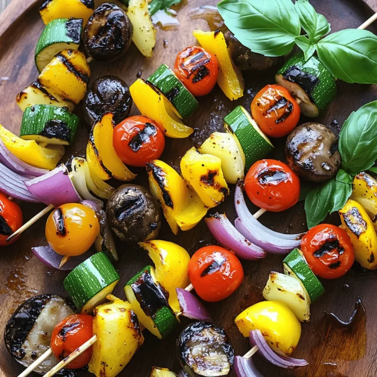 - 1 medium zucchini, sliced into thick rounds - 1 yellow bell pepper, cut into 1-inch pieces - 1 red onion, cut into wedges - 1 cup cherry tomatoes, halved - 1 small eggplant, cubed - 1 cup button mushrooms, rinsed - Extra-virgin olive oil - Balsamic vinegar - Garlic powder - Smoked paprika - Salt and freshly cracked pepper For grilled vegetable skewers, the main ingredients are colorful and fresh. Each vegetable brings its unique taste and texture. Zucchini and eggplant are tender, while bell pepper and onion add crunch. Cherry tomatoes burst with flavor when grilled. To enhance these veggies, I love to use extra-virgin olive oil, balsamic vinegar, and spices. - Recommended herbs: thyme, rosemary, and oregano - Alternative marinade options: lemon juice, soy sauce, or yogurt Using the right seasonings makes a big difference. I often use garlic powder and smoked paprika for a smoky kick. You can also try fresh herbs like thyme or rosemary for a bright touch. If you want a different taste, consider lemon juice or soy sauce as marinades. They add zest and depth. - Fresh basil leaves - Other herb options: parsley or cilantro Garnishing adds the final touch to your skewers. I like using fresh basil leaves for their aroma and color. You can also use parsley or cilantro for a different look. Just sprinkle them over the skewers after grilling to impress your guests. For the full recipe, check out the details above! First, let’s get our veggies ready. For this recipe, you will slice and dice various vegetables. Start with the zucchini. Cut it into thick rounds. Then, chop the yellow bell pepper into 1-inch pieces. Next, cut the red onion into wedges. Halve the cherry tomatoes for easier handling. Cube the eggplant into 1-inch pieces. Finally, rinse and trim the button mushrooms. Once all your veggies are ready, we need to marinate them. In a large bowl, mix the vegetables. In another bowl, whisk together extra-virgin olive oil, balsamic vinegar, garlic powder, smoked paprika, salt, and pepper. Drizzle this mixture over your veggies. Toss them well to coat every piece. Let them marinate for at least 15 minutes. This step makes the flavors pop. You can find the full recipe for complete details. Now, let’s talk about the skewers. If you use wooden skewers, soak them in water for at least 20-30 minutes. This step is crucial. Soaking prevents the skewers from burning on the grill. If you don’t have wooden skewers, you can use metal ones. Metal skewers don’t need soaking and are reusable. Next, we prepare the grill. Preheat it to medium-high heat, around 400°F (200°C). You can also use a grill pan on the stovetop if that’s easier. Once hot, place your vegetable skewers on the grill. Cook them for about 8-10 minutes. Turn them occasionally. This helps achieve a nice char while keeping the veggies tender. Enjoy the aroma as they cook! - Overcrowding skewers: When you pack too many veggies, they don't cook well. Leave space between them. This helps heat flow and makes all sides get that nice char. - Incorrect cooking time: Each vegetable cooks at a different speed. Check them often. Aim for tender veggies with a bit of a bite, not mush. - Rotating skewers during grilling: Turn the skewers every few minutes. This ensures even cooking on all sides. It helps avoid burning any one part and gives you a great char. - Optimal grill settings: Preheat your grill to medium-high heat. This is about 400°F or 200°C. A hot grill sears the veggies quickly, locking in flavors. - Flavor pairing suggestions: Try mixing sweet veggies like bell peppers with savory ones like mushrooms. This combo gives great taste and color. You can also add herbs like thyme or rosemary for more depth. - Suggestions for marinading duration: Let your veggies marinate for at least 15 minutes. If time allows, a few hours will boost flavors even more. Just don’t marinate too long; the veggies can get mushy. For the complete recipe, check the [Full Recipe]. {{image_4}} You can mix and match your veggies. Try seasonal choices like bell peppers in summer or squash in fall. - Use fresh corn on the cob for a sweet crunch. - Substitute asparagus for a new twist. - Add colorful carrots for extra flair. You can also explore unique ingredients. Try marinated artichokes or even pineapple for a sweet touch. Want to make your skewers heartier? Add some protein! - Tofu works great for a vegan option. - Chicken pieces add a nice flavor if you prefer meat. You can also sprinkle some cheese on top. Feta or mozzarella can give a creamy taste. These skewers fit many diets. For vegan or vegetarian options, just skip the meat and add more veggies or tofu. - Use plant-based cheese to keep it vegan. For gluten-free eaters, stick to fresh veggies and skip any marinades with soy sauce. You can find the full recipe for a delicious grilling experience. To keep your grilled vegetable skewers fresh, let them cool down first. Then, place them in an airtight container. This helps keep the flavors locked in. You can store them in the fridge for up to three days. Use glass or BPA-free plastic containers. They work best for storing food safely. If you want to save skewers for later, freezing is a great option. First, let the skewers cool completely. Then, wrap them tightly in foil or plastic wrap. Place them in a freezer-safe bag. They can last up to three months in the freezer. When you’re ready to eat, thaw them in the fridge overnight. Reheat them in a hot oven or on a grill. This helps retain their taste and texture. Grilled vegetable skewers can last in the fridge for about three days. If you freeze them, they last longer. You can use leftovers in many dishes. Chop them up for salads or mix them into pasta. You can even add them to sandwiches or wraps for extra flavor. They are versatile and can make any meal more exciting! For grilling, choose vegetables that hold up well to heat. My top picks are: - Zucchini - Bell peppers - Red onion - Cherry tomatoes - Eggplant - Button mushrooms These veggies have great texture and flavor when grilled. Each one brings a unique taste to your skewers. Yes, you can! Pre-marinating your vegetables makes them more flavorful. Here’s how: - Cut your veggies and place them in a bowl. - Mix olive oil, balsamic vinegar, garlic powder, and spices. - Pour the marinade over the vegetables and toss well. - Cover and refrigerate for up to 24 hours. This saves time and lets the flavors blend beautifully. Grilled vegetable skewers pair well with many dishes. I recommend serving them with: - Tzatziki or hummus for dipping - Quinoa or couscous for a hearty side - Grilled bread for a tasty addition These sides enhance the meal and create a colorful spread. To stop veggies from sticking, use these techniques: - Preheat the grill to medium-high heat. - Brush the grill grates with oil. - Soak wooden skewers in water for 20-30 minutes. These steps help you achieve those perfect grill marks without a mess. Grilled vegetable skewers are a tasty and fun way to enjoy healthy veggies. We covered the best ingredients, marinades, and grilling tips to make your skewers shine. Remember, avoid overcrowding and always soak your skewers for the best results. You can mix it up with seasonal veggies or protein options. Storage tips help you keep leftovers fresh and tasty. Enjoy your grilling journey and explore all the flavors you can create with these simple steps!