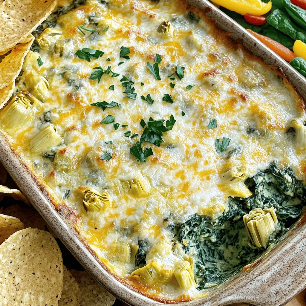- 1 cup frozen spinach, fully thawed and excess moisture squeezed out - 1 cup canned artichoke hearts, drained and coarsely chopped - 1 cup cream cheese, brought to room temperature for easy mixing - 1/2 cup sour cream, preferably full-fat for creaminess - 1/2 cup mayonnaise, for added richness - 1 cup shredded mozzarella cheese, or a blend of your favorite cheeses - 1/2 cup grated Parmesan cheese, plus extra for garnish if desired - 2 cloves garlic, finely minced for a robust flavor - 1/2 teaspoon onion powder, for depth - 1/2 teaspoon red pepper flakes, optional, for a hint of heat - Salt and freshly ground pepper, to taste Each ingredient serves a purpose. - Spinach adds a fresh taste and a lovely green color. I prefer frozen because it's easy to use. Just thaw and squeeze out moisture. - Artichoke hearts give a tangy flavor and a unique texture. Canned is quick and convenient. - Cream cheese is key for a creamy base. Make sure it's soft for easy mixing. - Sour cream brings richness. Full-fat makes the dip extra creamy and smooth. - Mayonnaise adds a touch of richness. It makes the dip even smoother. - Mozzarella cheese melts beautifully. You can use a mix of cheeses if you like. - Parmesan cheese offers a salty kick. It also adds a nice crust when baked. - Garlic gives great flavor. Fresh is best, but jarred works too. - Onion powder enhances depth. It adds a subtle flavor without being overpowering. - Red pepper flakes bring heat. Use them if you like a bit of spice. - Salt and pepper are essential for taste. Adjust them as you mix. For the best results, use fresh ingredients whenever possible. Fresh spinach can be used if you like. Just make sure to cook it down and squeeze out the water. Quality ingredients make a big difference in flavor. Enjoy making this creamy spinach artichoke dip! For the full recipe, check the section above. Preheating your oven to 350°F (175°C) is important. This step helps cook the dip evenly. A hot oven ensures a nice, bubbly texture. While the oven warms up, prepare your ingredients. Thaw the spinach and squeeze out excess moisture. Drain and chop the artichoke hearts. Having everything ready makes mixing faster and easier. In a large bowl, combine the cream cheese, sour cream, and mayonnaise. Use a hand mixer or spatula to blend these until smooth. This creates a creamy base for your dip. Next, add the minced garlic, onion powder, and red pepper flakes if you want a spicy kick. Mix well to spread the flavor throughout. Now, gently fold in the spinach, artichokes, mozzarella, and Parmesan cheese. Make sure all the ingredients mix well, but don’t overdo it. Taste the mixture and add salt and pepper to your liking. Transfer the creamy mix into a baking dish. Use a spatula to spread it evenly. Place the dish in your preheated oven and bake for about 25-30 minutes. Look for a golden top and bubbling edges. These signs mean your dip is ready. Once baked, let it cool for a moment before serving to avoid burns. Enjoy your delicious Creamy Spinach Artichoke Dip! For the full recipe, check the section above. To boost the taste of your creamy spinach artichoke dip, try adding spices. A pinch of cayenne can bring heat. Fresh herbs like basil or parsley add brightness. For more depth, consider using smoked paprika or Italian seasoning. You can adjust the creaminess too. If you want a richer dip, add more cream cheese or sour cream. For a lighter version, use Greek yogurt instead of mayonnaise. When it's time to serve, think about what goes well with the dip. Crispy tortilla chips are classic. Soft breadsticks or slices of baguette also work. For a fresh crunch, raw veggies like carrots or celery are great choices. Make it pop on the table! Use a nice serving dish. You can sprinkle extra Parmesan on top. A bit of chopped parsley adds color too. This makes the dip more inviting and fun to eat. {{image_4}} You can easily make this dip lighter without losing flavor. One option is using yogurt instead of mayonnaise. This swap cuts calories and adds a nice tang. For a plant-based version, try using vegan cream cheese. It mimics the texture and taste well. You can still enjoy creamy spinach artichoke dip without dairy! To make your dip more exciting, consider adding different cheeses. Feta or goat cheese can give a unique twist. Fresh herbs like basil or dill can add a burst of freshness. You can also mix in other veggies. Chopped bell peppers or mushrooms can enhance the flavor and texture. Want some protein? Adding cooked chicken or bacon bits can turn this dip into a hearty snack. Get creative and make it your own! To keep your creamy spinach artichoke dip fresh, store it in an airtight container. This method prevents moisture loss and keeps flavors intact. Make sure to cool the dip to room temperature before sealing it. Place the container in the fridge if you plan to eat it within three to four days. For longer storage, you can freeze the dip. Use a freezer-safe container and leave some space at the top to allow for expansion. It can last for up to three months in the freezer. When reheating, avoid the microwave if possible. The dip can lose its creamy texture. Instead, use an oven or stovetop. If using the oven, preheat it to 350°F (175°C). Transfer the dip to an oven-safe dish, cover it with foil, and heat for about 15-20 minutes. Stir halfway through to ensure even heating. For stovetop reheating, place the dip in a pan over low heat. Stir often for about 5-10 minutes until it's warm and creamy again. Keep an eye on it to avoid burning. Yes, you can make this dip ahead of time. Prepare it as directed, but do not bake it. Cover it tightly and store it in the fridge. You can keep it for up to two days. When you are ready to bake, just take it out and let it sit for about 30 minutes. Then, bake as directed in the full recipe. If you cannot find artichoke hearts, try using cooked mushrooms or roasted red peppers. Both options add a nice flavor and texture. You can also use cooked spinach or even sun-dried tomatoes for something different. Yes, this dip is vegetarian. It contains no meat or fish. To make it gluten-free, just check your labels on the mayonnaise and other ingredients. Most are gluten-free, but it’s always good to double-check. You can keep the dip in the fridge for about three to four days. Store it in an airtight container to keep it fresh. If you notice any changes in smell or texture, it is best to throw it out. Serve this dip hot and bubbly. It goes well with crispy tortilla chips, fresh baguette slices, or crunchy veggies. For a fun twist, try it with pita chips or even spread it on a sandwich. You can also garnish with extra Parmesan for a nice touch. You learned how to make a delicious Creamy Spinach Artichoke Dip. We covered all the key ingredients, tips for mixing, and baking for great texture. Remember, quality matters—fresh spinach and spices boost flavor. Explore variations for healthier options and new tastes. Store leftovers properly to enjoy later, and reheating tips will keep the dip tasty. With these steps, you're set to impress friends at any gathering. Enjoy your dip, and keep experimenting!