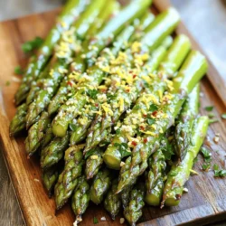 For this dish, you need 1 pound of fresh asparagus. Look for firm, bright green spears. The tips should be tightly closed. Trim the ends to remove any tough parts. This step helps the spears cook evenly. You will also need: - 3 tablespoons extra virgin olive oil - 4 cloves garlic, finely minced - Zest of 1 large lemon - 2 tablespoons freshly squeezed lemon juice - 1 teaspoon sea salt - 1/2 teaspoon freshly ground black pepper - 1/4 teaspoon crushed red pepper flakes (optional) The olive oil adds richness. The garlic gives a nice punch. Lemon zest and juice brighten the flavors. Salt and pepper enhance the taste, while red pepper flakes add heat. For a savory finish, consider adding: - 1/4 cup freshly grated Parmesan cheese (optional) - Fresh parsley, finely chopped, for garnish Parmesan adds creaminess and depth. Fresh parsley gives a pop of color and freshness. You can mix and match spices as you like. Try adding herbs like thyme or oregano for a twist. Start with one pound of fresh asparagus. Trim the tough ends. This helps them cook better. Rinse the asparagus under cold water. Pat them dry with a clean towel. Dry spears roast well. You want them bright green and firm. In a large bowl, mix three tablespoons of olive oil with four minced garlic cloves. Add the zest and juice of one lemon for a bright flavor. Sprinkle in one teaspoon of sea salt and half a teaspoon of black pepper. If you like heat, add a quarter teaspoon of red pepper flakes. Whisk everything until it's well combined. This mixture will coat the asparagus. Preheat your oven to 425°F (220°C). Spread the lemon-garlic coated asparagus on a baking sheet lined with parchment paper. Make sure they lie flat and don’t touch. Roast for 12 to 15 minutes. Halfway through, toss them gently. This helps them cook evenly. If using Parmesan, add it two minutes before they finish cooking. When done, the asparagus should be bright green and slightly crispy. Enjoy this flavorful dish! For the full recipe, check the details above. To pick the best asparagus, look for firm stalks. They should be bright green with closed tips. If the tips are open or wilted, choose another bunch. Fresh asparagus snaps easily when bent. If it bends without breaking, it may be old. Always buy asparagus in season for the best flavor. Roasting asparagus requires high heat. Preheat your oven to 425°F (220°C). Spread the asparagus in a single layer on a baking sheet. Leave space between each spear to let them roast evenly. Toss them halfway through for even cooking. Watch for a bright green color and slight crispness. This means they are done! Serve your lemon garlic roasted asparagus warm. A nice platter makes it look great. Add a lemon wedge on the side for a touch of color. You can also sprinkle extra Parmesan cheese on top for more flavor. Pair it with grilled chicken or fish for a complete meal. Enjoy this dish as a fresh side at any gathering! For the full recipe, check out the provided link. {{image_4}} You can change the flavor of your lemon garlic roasted asparagus with different seasonings. Try adding herbs like thyme or rosemary for a fresh twist. A sprinkle of cumin can bring warmth. If you like it spicy, add more crushed red pepper flakes. For a smoky taste, use smoked paprika. Each of these adds a unique touch to the dish. Want to make this dish a full meal? Add proteins like chicken or shrimp. Toss cooked chicken pieces into the asparagus before roasting. This gives great flavor and texture. For shrimp, add them halfway through cooking. This ensures they cook just right. It’s a simple way to turn a side into a hearty main dish. Looking for great sides to go with your asparagus? Pair it with grains like quinoa or rice. They add a nice contrast. You could also serve it with a fresh salad. A mix of greens with a light vinaigrette works well. This way, you create a colorful and tasty plate. For more ideas, check the Full Recipe for inspiration. After cooking, you should let your lemon garlic roasted asparagus cool. Place it in an airtight container. Store it in the fridge for up to three days. This keeps it fresh and tasty. When you are ready to eat, take it out and enjoy a quick snack or side dish. To reheat, use the oven for best results. Preheat your oven to 350°F (175°C). Spread the asparagus on a baking sheet. Heat for around 10 minutes. This brings back its crispy texture. You can also use a microwave. Place the asparagus on a microwave-safe plate. Heat for 30 seconds to one minute, checking often to avoid overcooking. If you want to save some for later, freezing is a good option. First, cool the asparagus completely. Then, place it in a freezer bag. Remove as much air as possible before sealing. It can last up to three months in the freezer. When you want to use it, thaw it in the fridge overnight. Reheat it using the oven or microwave as described above. For the full recipe, check out the detailed steps to make this dish! To make Lemon Garlic Roasted Asparagus, follow these steps: 1. Preheat your oven to 425°F (220°C). 2. Mix 3 tablespoons of olive oil, 4 minced garlic cloves, the zest of 1 lemon, 2 tablespoons lemon juice, 1 teaspoon salt, and 1/2 teaspoon pepper in a bowl. 3. Add 1 pound of trimmed asparagus to the bowl. Toss until coated. 4. Spread the asparagus on a lined baking sheet. 5. Roast for 12-15 minutes, tossing halfway for even cooking. 6. If using Parmesan, add it 2-3 minutes before the asparagus is done. 7. Serve with parsley on top. This steps will guide you through the full recipe. Asparagus is low in calories and high in nutrients. It has vitamins A, C, E, and K. It also contains fiber, which aids digestion. Antioxidants in asparagus help fight inflammation. Plus, it has folate, which is good for heart health. Eating asparagus can support healthy skin and boost your immune system. Yes, you can use frozen asparagus, but fresh is better. Frozen asparagus tends to be softer after cooking. If using frozen, do not thaw it first. Simply toss it in the lemon-garlic mixture and roast it for 15-20 minutes. Adjust the time based on your desired tenderness. Roasting asparagus brings out its rich flavors and requires just a few steps. We covered fresh asparagus, seasonings, and optional cheese. You learned to prep and roast it perfectly with our tips. I shared various seasoning options and pairing ideas. Plus, you now know how to store leftovers properly. Enjoy experimenting with your roasted asparagus dishes. It's simple, tasty, and great for your health.