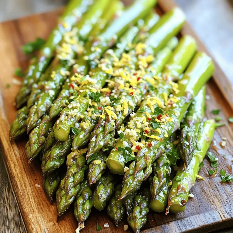 For this dish, you need 1 pound of fresh asparagus. Look for firm, bright green spears. The tips should be tightly closed. Trim the ends to remove any tough parts. This step helps the spears cook evenly. You will also need: - 3 tablespoons extra virgin olive oil - 4 cloves garlic, finely minced - Zest of 1 large lemon - 2 tablespoons freshly squeezed lemon juice - 1 teaspoon sea salt - 1/2 teaspoon freshly ground black pepper - 1/4 teaspoon crushed red pepper flakes (optional) The olive oil adds richness. The garlic gives a nice punch. Lemon zest and juice brighten the flavors. Salt and pepper enhance the taste, while red pepper flakes add heat. For a savory finish, consider adding: - 1/4 cup freshly grated Parmesan cheese (optional) - Fresh parsley, finely chopped, for garnish Parmesan adds creaminess and depth. Fresh parsley gives a pop of color and freshness. You can mix and match spices as you like. Try adding herbs like thyme or oregano for a twist. Start with one pound of fresh asparagus. Trim the tough ends. This helps them cook better. Rinse the asparagus under cold water. Pat them dry with a clean towel. Dry spears roast well. You want them bright green and firm. In a large bowl, mix three tablespoons of olive oil with four minced garlic cloves. Add the zest and juice of one lemon for a bright flavor. Sprinkle in one teaspoon of sea salt and half a teaspoon of black pepper. If you like heat, add a quarter teaspoon of red pepper flakes. Whisk everything until it's well combined. This mixture will coat the asparagus. Preheat your oven to 425°F (220°C). Spread the lemon-garlic coated asparagus on a baking sheet lined with parchment paper. Make sure they lie flat and don’t touch. Roast for 12 to 15 minutes. Halfway through, toss them gently. This helps them cook evenly. If using Parmesan, add it two minutes before they finish cooking. When done, the asparagus should be bright green and slightly crispy. Enjoy this flavorful dish! For the full recipe, check the details above. To pick the best asparagus, look for firm stalks. They should be bright green with closed tips. If the tips are open or wilted, choose another bunch. Fresh asparagus snaps easily when bent. If it bends without breaking, it may be old. Always buy asparagus in season for the best flavor. Roasting asparagus requires high heat. Preheat your oven to 425°F (220°C). Spread the asparagus in a single layer on a baking sheet. Leave space between each spear to let them roast evenly. Toss them halfway through for even cooking. Watch for a bright green color and slight crispness. This means they are done! Serve your lemon garlic roasted asparagus warm. A nice platter makes it look great. Add a lemon wedge on the side for a touch of color. You can also sprinkle extra Parmesan cheese on top for more flavor. Pair it with grilled chicken or fish for a complete meal. Enjoy this dish as a fresh side at any gathering! For the full recipe, check out the provided link. {{image_4}} You can change the flavor of your lemon garlic roasted asparagus with different seasonings. Try adding herbs like thyme or rosemary for a fresh twist. A sprinkle of cumin can bring warmth. If you like it spicy, add more crushed red pepper flakes. For a smoky taste, use smoked paprika. Each of these adds a unique touch to the dish. Want to make this dish a full meal? Add proteins like chicken or shrimp. Toss cooked chicken pieces into the asparagus before roasting. This gives great flavor and texture. For shrimp, add them halfway through cooking. This ensures they cook just right. It’s a simple way to turn a side into a hearty main dish. Looking for great sides to go with your asparagus? Pair it with grains like quinoa or rice. They add a nice contrast. You could also serve it with a fresh salad. A mix of greens with a light vinaigrette works well. This way, you create a colorful and tasty plate. For more ideas, check the Full Recipe for inspiration. After cooking, you should let your lemon garlic roasted asparagus cool. Place it in an airtight container. Store it in the fridge for up to three days. This keeps it fresh and tasty. When you are ready to eat, take it out and enjoy a quick snack or side dish. To reheat, use the oven for best results. Preheat your oven to 350°F (175°C). Spread the asparagus on a baking sheet. Heat for around 10 minutes. This brings back its crispy texture. You can also use a microwave. Place the asparagus on a microwave-safe plate. Heat for 30 seconds to one minute, checking often to avoid overcooking. If you want to save some for later, freezing is a good option. First, cool the asparagus completely. Then, place it in a freezer bag. Remove as much air as possible before sealing. It can last up to three months in the freezer. When you want to use it, thaw it in the fridge overnight. Reheat it using the oven or microwave as described above. For the full recipe, check out the detailed steps to make this dish! To make Lemon Garlic Roasted Asparagus, follow these steps: 1. Preheat your oven to 425°F (220°C). 2. Mix 3 tablespoons of olive oil, 4 minced garlic cloves, the zest of 1 lemon, 2 tablespoons lemon juice, 1 teaspoon salt, and 1/2 teaspoon pepper in a bowl. 3. Add 1 pound of trimmed asparagus to the bowl. Toss until coated. 4. Spread the asparagus on a lined baking sheet. 5. Roast for 12-15 minutes, tossing halfway for even cooking. 6. If using Parmesan, add it 2-3 minutes before the asparagus is done. 7. Serve with parsley on top. This steps will guide you through the full recipe. Asparagus is low in calories and high in nutrients. It has vitamins A, C, E, and K. It also contains fiber, which aids digestion. Antioxidants in asparagus help fight inflammation. Plus, it has folate, which is good for heart health. Eating asparagus can support healthy skin and boost your immune system. Yes, you can use frozen asparagus, but fresh is better. Frozen asparagus tends to be softer after cooking. If using frozen, do not thaw it first. Simply toss it in the lemon-garlic mixture and roast it for 15-20 minutes. Adjust the time based on your desired tenderness. Roasting asparagus brings out its rich flavors and requires just a few steps. We covered fresh asparagus, seasonings, and optional cheese. You learned to prep and roast it perfectly with our tips. I shared various seasoning options and pairing ideas. Plus, you now know how to store leftovers properly. Enjoy experimenting with your roasted asparagus dishes. It's simple, tasty, and great for your health.