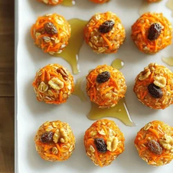 To create delicious Carrot Cake Energy Bites, gather these simple ingredients: - 1 cup rolled oats - 1 cup freshly grated carrots (about 2 medium-sized carrots) - 1/2 cup almond butter (or peanut butter) - 1/4 cup honey or maple syrup - 1/2 teaspoon pure vanilla extract - 1/2 teaspoon ground cinnamon - 1/4 teaspoon freshly grated nutmeg - 1/4 cup raisins or finely chopped walnuts (optional) - A pinch of salt These ingredients blend together to form tasty bites that are both healthy and satisfying. You can customize these bites by adding your favorite nuts or dried fruits. The combination of oats, carrots, and nut butter provides great nutrition. The honey or maple syrup adds natural sweetness. Ground spices like cinnamon and nutmeg give a warm flavor, making these bites perfect for any time of day. Check out the Full Recipe for detailed instructions! 1. Start with a large mixing bowl. Add 1 cup of rolled oats and 1 cup of freshly grated carrots. Mix them until they blend well. 2. Now, add 1/2 cup of almond butter (or peanut butter) and 1/4 cup of honey or maple syrup. Don’t forget 1/2 teaspoon of pure vanilla extract. Stir everything together until smooth. 3. Next, sprinkle in 1/2 teaspoon of ground cinnamon and 1/4 teaspoon of freshly grated nutmeg. Add a pinch of salt to bring out the flavors. Mix well to spread the spices evenly. 4. If you like, fold in 1/4 cup of raisins or finely chopped walnuts. These add extra texture and flavor to each bite. 1. After mixing, cover the bowl with plastic wrap. Chill the mixture in the fridge for about 30 minutes. This step helps the mixture firm up. 2. Once chilled, take the bowl out of the fridge. With clean hands, roll the mixture into bite-sized balls, about 1 inch in diameter. 3. Place the rolled energy bites on a tray lined with parchment paper. For best results, refrigerate them again for at least 10 minutes. This helps them keep their shape. - You can serve these energy bites right away. They also work great as a quick snack later. - Pair them with a cup of herbal tea for a delightful treat. Enjoy them as a mid-afternoon pick-me-up or after your workouts. For the full recipe, refer to the earlier sections. - Ensuring the right texture: The key to great energy bites is the texture. You want them chewy but not too sticky. If your mixture feels too wet, add a bit more oats. If it’s too dry, try adding a splash of almond butter or honey. - Adjusting sweetness levels: Taste your mixture before rolling. If you like it sweeter, add a bit more honey or maple syrup. This way, you can customize it to your liking. - Not chilling the mixture long enough: Chilling helps the bites hold their shape. Don’t skip this step! Refrigerate for at least 30 minutes. This makes rolling easier and keeps them firm. - Over or under mixing: Mix just until combined. Over mixing can break down the oats and make them too mushy. Under mixing may leave dry spots. Aim for a nice, even blend. - Mixing bowls: Use a large bowl for easy mixing. This gives you room to stir without spilling. - Measuring cups: Accurate measurements are key. Use standard measuring cups to ensure you get just the right amount of each ingredient. - Parchment paper: Line your tray with parchment paper. This keeps the bites from sticking and makes cleanup a breeze. For the full recipe, check out the detailed steps above. Enjoy making these tasty snacks! {{image_4}} You can make these energy bites even more fun! Start by adding chocolate chips. They give a sweet, rich taste. Try using dark chocolate for a healthier twist. You can also mix in different nuts or seeds. Chopped almonds or sunflower seeds add crunch and flavor. If you need gluten-free options, use certified gluten-free oats. They will keep your bites tasty without the gluten. For a vegan version, swap honey for maple syrup. You can also use nut or seed butter. This way, everyone can enjoy these bites! Make your energy bites unique for each season! In fall, add pumpkin spice for warm flavors. It gives a cozy touch. In summer, try using dried fruits like apricots or cranberries. They add sweetness and a chewy texture. Each season brings a new way to enjoy these bites! To keep your carrot cake energy bites fresh, store them in airtight containers. This helps prevent moisture loss and keeps them tasty. You can place these containers in the refrigerator for easy access. If you want to store them longer, freezing is a great option. Use freezer-safe bags or containers to prevent freezer burn. In the refrigerator, your energy bites can last for about one week. If you freeze them, they can stay good for up to three months. Just remember to label your containers with the date so you can keep track of freshness. To safely thaw frozen energy bites, take them out of the freezer and place them in the refrigerator overnight. This slow thawing method helps maintain their texture and flavor. If you're in a hurry, you can leave them at room temperature for about 30 minutes. Enjoy your tasty snack without any fuss! For the full recipe, check out the complete instructions above. Carrot cake energy bites can last up to one week in the fridge. Store them in an airtight container to keep them fresh. If you want them to last longer, you can freeze them. They will stay good for up to three months in the freezer. Just remember to thaw them in the fridge before you enjoy them. Yes, you can make these bites ahead of time. Prepare the mixture and roll them into balls. Then, chill them and store them in the fridge. They are perfect for meal prep. You can grab them for breakfast or a snack when you're in a hurry. If you don't have almond butter, you can use peanut butter or sun butter. Both options work well and give a nice flavor. If you want a nut-free option, try using tahini. Each choice will taste a bit different but will still be tasty. Absolutely! Carrot cake energy bites are healthy and full of good ingredients. Kids love the sweet taste and chewy texture. They are a great snack after school or sports. Plus, they provide energy without too much sugar. In this blog post, we explored the ingredients, preparation, and storage of delicious carrot cake energy bites. You learned to mix oats, carrots, and nut butter to create nutritious bites. We also shared tips to ensure perfect texture and avoid common mistakes. Remember, these energy bites are flexible. You can change flavors and adjust them for dietary needs. Enjoy making these tasty snacks for yourself and your family. They are great for kids and easy to store. Keep experimenting, and happy snacking!