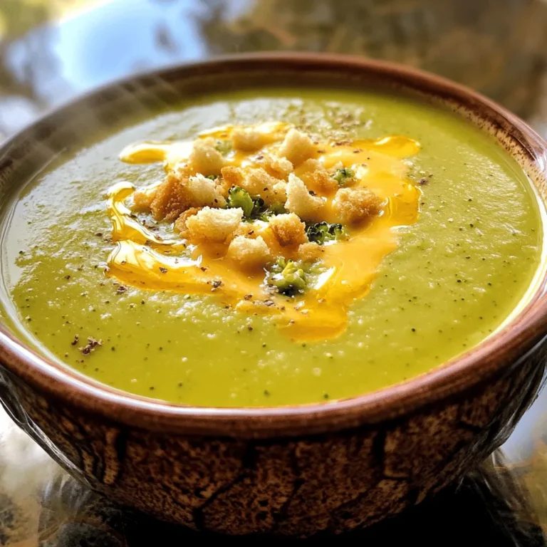 To make a delicious Cheddar Broccoli Soup, you need fresh and simple ingredients. Here’s what you will need: - 4 cups fresh broccoli florets - 2 tablespoons olive oil - 1 medium onion, finely chopped - 2 cloves garlic, minced - 4 cups vegetable broth - 2 cups shredded sharp cheddar cheese - 1 cup heavy cream (or coconut milk for a dairy-free alternative) - 1 teaspoon mustard powder - 1 teaspoon paprika - Salt and freshly ground black pepper, to taste - Optional: Croutons for garnish These ingredients blend together to create a rich and creamy soup. Fresh broccoli gives the soup a bright color and a slight crunch. Olive oil adds a smooth richness that enhances the flavor. Onion and garlic form the base, giving depth to each sip. The vegetable broth is key for a tasty base. Sharp cheddar cheese makes the soup creamy and flavorful. You can use heavy cream, or coconut milk, depending on your needs. Mustard powder and paprika provide a subtle kick. Finally, season with salt and pepper to make the flavors pop. If you want a fun twist, add croutons on top for crunch. This simple list of ingredients sets you up for a comforting bowl of Cheddar Broccoli Soup. For the full recipe, check out Cheddar Broccoli Bliss Soup. 1. Sautéing onions and garlic: Start by heating olive oil in a large pot over medium heat. Once the oil shimmers, add the chopped onion. Sauté for about five minutes until the onion is soft and clear. This step builds a great flavor base. Next, add the minced garlic and stir it for about a minute. Be careful not to let it burn, as burnt garlic can ruin your soup. 2. Cooking broccoli: Now, it's time to add the fresh broccoli florets to the pot. Pour in the vegetable broth and increase the heat to bring it all to a gentle boil. Once boiling, reduce the heat and let it simmer for 10 to 15 minutes. You want the broccoli to be bright green and soft enough to pierce with a fork. 3. Blending the soup: After the broccoli has cooked, use an immersion blender to purée the soup until smooth. If you don’t have one, you can use a countertop blender. Just remember to secure the lid tightly to avoid any splashes. Return the smooth soup to the pot and keep it on low heat. 1. Adding the cream and spices: It's time to enrich your soup! Stir in the heavy cream or coconut milk, depending on your preference. Add the mustard powder and paprika for extra flavor. Remember to wash your hands after handling any spices to avoid transferring them elsewhere. 2. Melting the cheese: Gradually sprinkle in the shredded cheddar cheese. Stir it continuously until the cheese fully melts into the soup. This will create a creamy and silky texture that makes the soup feel indulgent. 1. Adjusting seasoning: Taste your soup and add salt and freshly ground black pepper as needed. This is where you can adjust the flavors to make the soup perfectly yours. 2. Serving suggestions with garnishes: Serve the soup hot. For a fun touch, top it with croutons for added crunch. This simple step makes your dish look even more inviting. Enjoy this comforting bowl of cheddar broccoli bliss! For the complete cooking process, check the Full Recipe. When making cheddar broccoli soup, fresh broccoli makes a big difference. Look for vibrant green florets. The stems should be firm, not limp. Avoid yellowing or browning spots. These signs show broccoli is not fresh. For a smooth soup, blending is key. I recommend using an immersion blender. It blends right in the pot, which is easy. If using a countertop blender, let the soup cool first. Fill only halfway and hold the lid tight. Hot soup can splatter, so be careful. Overcooking broccoli is a common mistake. Cook just until it’s bright green and tender, about 10-15 minutes. If you overdo it, the broccoli can lose its flavor and color. Not seasoning properly can ruin your soup. Add salt and pepper during cooking, but taste before serving. Adjust as needed. A well-seasoned soup is key to great flavor. For more details on making this delicious soup, check out the Full Recipe. {{image_4}} You can make this soup dairy-free with simple swaps. First, use coconut milk instead of heavy cream. It adds a nice creaminess and a hint of sweetness. Just pour in the coconut milk after blending the soup. The flavor stays rich while being lighter. Next, try using vegan cheese. There are many brands that melt well. Look for cheese labeled as “shredded” or “meltable.” Stir in the vegan cheese right after adding the coconut milk. It gives you the cheesy flavor without dairy. These options let everyone enjoy a warm bowl of comfort. Want to spice things up? Adding spices can make your soup exciting. Try a pinch of cayenne pepper or chili powder for warmth. You can also add a dash of nutmeg for a cozy flavor. Just sprinkle in the spices while blending for a well-rounded taste. You can also mix in other vegetables. Carrots or cauliflower work well with broccoli. They add color and nutrients. Chop them finely and add them when you cook the broccoli. This way, they’ll become tender and blend smoothly. These variations keep your Cheddar Broccoli Soup fresh and fun! For the complete recipe, check out the [Full Recipe]. To keep your Cheddar Broccoli Soup fresh, follow these steps: - Refrigeration guidelines: Store leftovers in an airtight container. Place the soup in the fridge within two hours of cooking. It will stay good for about 3 to 4 days. - Freezing for future use: If you want to keep it longer, freeze the soup. Use freezer-safe containers or bags to avoid freezer burn. It can last up to 3 months. When ready to eat, thaw it in the fridge overnight. When you want to enjoy your soup again, reheating is easy: - Best practices for reheating soup: Pour the soup into a pot and heat it on low to medium heat. Stir often to avoid hot spots. You can also use the microwave. Heat it in short bursts, stirring in between. This helps the soup heat evenly. Always check the temperature before serving it again. How to make Cheddar Broccoli Soup creamy? To make your Cheddar Broccoli Soup creamy, add heavy cream or coconut milk. This gives the soup a rich texture. Blend the soup until smooth before adding cheese. This ensures a velvety finish. Stir in shredded cheese gradually, letting it melt fully. This step helps to thicken the soup while adding flavor. Can I make this soup in advance? Yes, you can make this soup in advance. Cook and blend the soup, then store it in the fridge. This soup tastes even better the next day as flavors meld. Reheat slowly on the stove to keep it creamy. If needed, add a splash of cream to restore its rich texture. What to serve with Cheddar Broccoli Soup? Pair your Cheddar Broccoli Soup with crusty bread or a fresh salad. Grilled cheese sandwiches are also a great choice. They complement the soup's rich, cheesy flavor. You can even serve it with croutons for a crunchy topping. For a light option, try a fruit salad to balance the meal. For the full recipe, check out the Cheddar Broccoli Bliss Soup. You have learned how to craft a delicious Cheddar Broccoli Soup. We covered key ingredients, from fresh broccoli to spices, and explored each step of the cooking process. You now know how to blend, season, and serve this hearty dish. Don't forget the helpful tips to avoid common mistakes and try variations for different tastes. Store your leftovers properly and easily reheat them. I hope you feel ready to enjoy this warm, creamy soup anytime! Cooking can be simple and fun, so get started and share your cooking adventures!