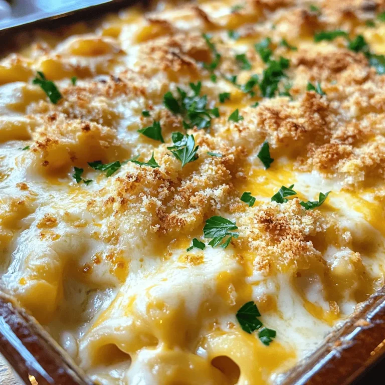 To make the best mac and cheese, you need some key ingredients. Here’s what you’ll need: - 1 lb elbow macaroni - 4 cups sharp cheddar cheese, freshly grated - 1 cup mozzarella cheese, freshly grated - 1 cup parmesan cheese, freshly grated - 4 tablespoons unsalted butter - 1/4 cup all-purpose flour - 4 cups whole milk - 1 teaspoon garlic powder - 1 teaspoon onion powder - 1/2 teaspoon smoked paprika - Salt and black pepper to taste These ingredients create a creamy and rich base for your dish. Choosing the right cheese makes a big difference. I suggest using sharp cheddar for its bold taste. Mozzarella adds a lovely stretch, while parmesan gives a nutty flavor. You can mix and match, but these three work great together. Try using aged cheddar for a deeper flavor or gouda for a smokier profile. You can enhance your mac and cheese with some optional ingredients. Consider adding: - 1 cup breadcrumbs for a crunchy topping - 1/4 cup fresh parsley, finely chopped, for garnish - Cooked bacon, crumbled, for a savory kick - Fresh tomatoes, diced, for a pop of color and freshness These extras can elevate your dish from good to amazing. For the full recipe, check out The Ultimate Cheesy Mac & Cheese . To make the best mac and cheese, start with the right tools. Gather a large pot, a saucepan, and a baking dish. This will help you stay organized. 1. Preheat Oven: Set your oven to 350°F (175°C). This is key for a nice bake. 2. Cook Pasta: Boil salted water in a large pot. Add the elbow macaroni and cook for 1-2 minutes less than the package says. You want it al dente. Drain the pasta and set it aside. 3. Make Cheese Sauce: In a saucepan over medium heat, melt the unsalted butter. Whisk in the flour to create a roux. Stir for 1 minute to avoid browning. 4. Incorporate Milk: Gradually add the whole milk while whisking. Keep stirring until it thickens and bubbles, about 5-7 minutes. 5. Season & Add Cheese: Mix in garlic powder, onion powder, smoked paprika, and a pinch of salt and black pepper. Remove from heat and fold in the cheddar, mozzarella, and parmesan. The sauce should be creamy and smooth. 6. Combine with Pasta: Stir the cooked macaroni into the cheese sauce. Make sure every piece is well-coated. 7. Bake to Perfection: Transfer the mac and cheese to a greased baking dish. If you like a crunchy topping, sprinkle breadcrumbs on top. Bake for 20-25 minutes. Look for a golden brown top and bubbling edges. 8. Garnish & Serve: Take it out of the oven and let it cool for a few minutes. Garnish with fresh parsley for a nice touch. This step-by-step guide helps you create a creamy and flavorful delight. For more details, see the Full Recipe. To make a creamy cheese sauce, you need to create a smooth roux. Start by melting butter in a pan. Then, whisk in flour for about a minute. This step helps to thicken the sauce. Next, slowly add milk while you whisk. This keeps lumps from forming. Once it thickens, mix in your cheese. Use fresh cheese for the best flavor and texture. Sharp cheddar gives a nice bite, while mozzarella adds stretch. Cooking pasta is key for great mac and cheese. Always boil salted water for the pasta. This adds flavor to the noodles. Cook the elbow macaroni for just a bit less than the package says. Aim for al dente, which means it should be firm but not hard. Drain the pasta and set it aside. This keeps it from getting mushy in the cheese sauce. If you want a fun twist on mac and cheese, try adding extras. You can mix in cooked bacon or crispy pancetta for a salty kick. Veggies like broccoli or spinach can make it more wholesome. Even spices like cumin or chili powder can add depth. You can also use different cheese blends. For example, try gouda or pepper jack for a smoky flavor. These small changes can make your mac and cheese stand out. For the full recipe, check out The Ultimate Cheesy Mac & Cheese. {{image_4}} You can make your mac and cheese special with gourmet twists. Add cooked lobster or crab for a fancy touch. Truffle oil can give it a rich, earthy flavor. You might also try adding sautéed mushrooms or fresh herbs. A sprinkle of crispy bacon bits can add a savory crunch. For a vegetarian version, use vegetable broth instead of chicken broth. Swap regular cheese with aged vegan cheese for creamy goodness. Nutritional yeast adds a cheesy flavor without dairy. You can also replace butter with olive oil or coconut oil. Adding steamed broccoli or spinach boosts nutrition and color. Different regions have their own styles of mac and cheese. In the South, you might find a baked version with a crunchy topping. In New England, they often add breadcrumbs on top with a creamy sauce. In Italy, you might see a baked pasta dish called "pasta al forno," which has a similar cheesy appeal. Each style brings new flavors and textures to this classic dish. For the best mac and cheese recipe, check out the Full Recipe. To keep leftover mac and cheese fresh, let it cool first. Once cool, transfer it to an airtight container. This keeps moisture in and prevents it from drying out. Store it in the fridge for up to three days. If you want it to last longer, consider freezing it. When you are ready to enjoy your leftovers, reheating properly is key. You can use the oven or the microwave. For the oven, preheat it to 350°F (175°C). Place the mac and cheese in a baking dish. Add a splash of milk to help it stay creamy. Cover it with foil to keep it from drying out. Bake for 15-20 minutes until heated through. In the microwave, use a microwave-safe bowl. Heat in short bursts, stirring in between. This helps it warm evenly. If you want to freeze mac and cheese, follow these steps. First, let it cool completely. Then, portion it into freezer-safe containers. You can also use heavy-duty freezer bags for space-saving. Remove as much air as possible to prevent freezer burn. Label the bags with the date. Frozen mac and cheese can last for up to three months. When ready to eat, thaw it in the fridge overnight and reheat as mentioned above. The best cheese for mac and cheese is sharp cheddar. It melts well and gives a rich flavor. I also like to mix in mozzarella for creaminess and parmesan for a salty kick. Using fresh cheese makes a big difference. Avoid pre-shredded cheese, as it has additives that affect melting. Yes, you can make mac and cheese ahead of time. Just cook it, then store it in the fridge. Cover it with plastic wrap to keep it fresh. When ready to serve, you can bake it straight from the fridge. This saves time and still tastes great. You can store homemade mac and cheese in the fridge for about three to five days. Keep it in an airtight container to prevent drying out. If you want to keep it longer, freeze it. It can last up to three months in the freezer. To thicken your mac and cheese sauce, you can use more cheese or a bit of flour. If your sauce is too thin, mix a teaspoon of cornstarch with water and stir it in. Let it simmer until it thickens. This will give you that creamy texture you crave. This blog post covered the key steps for making amazing mac & cheese. We discussed essential ingredients, cheese types, and tasty variations. I shared tips for creamy sauces and proper cooking. You learned how to store leftovers and reheat them well. Keep trying new recipes to find your favorite. With practice, you will master this classic dish and impress everyone. Enjoy making, sharing, and savoring your mac & cheese!