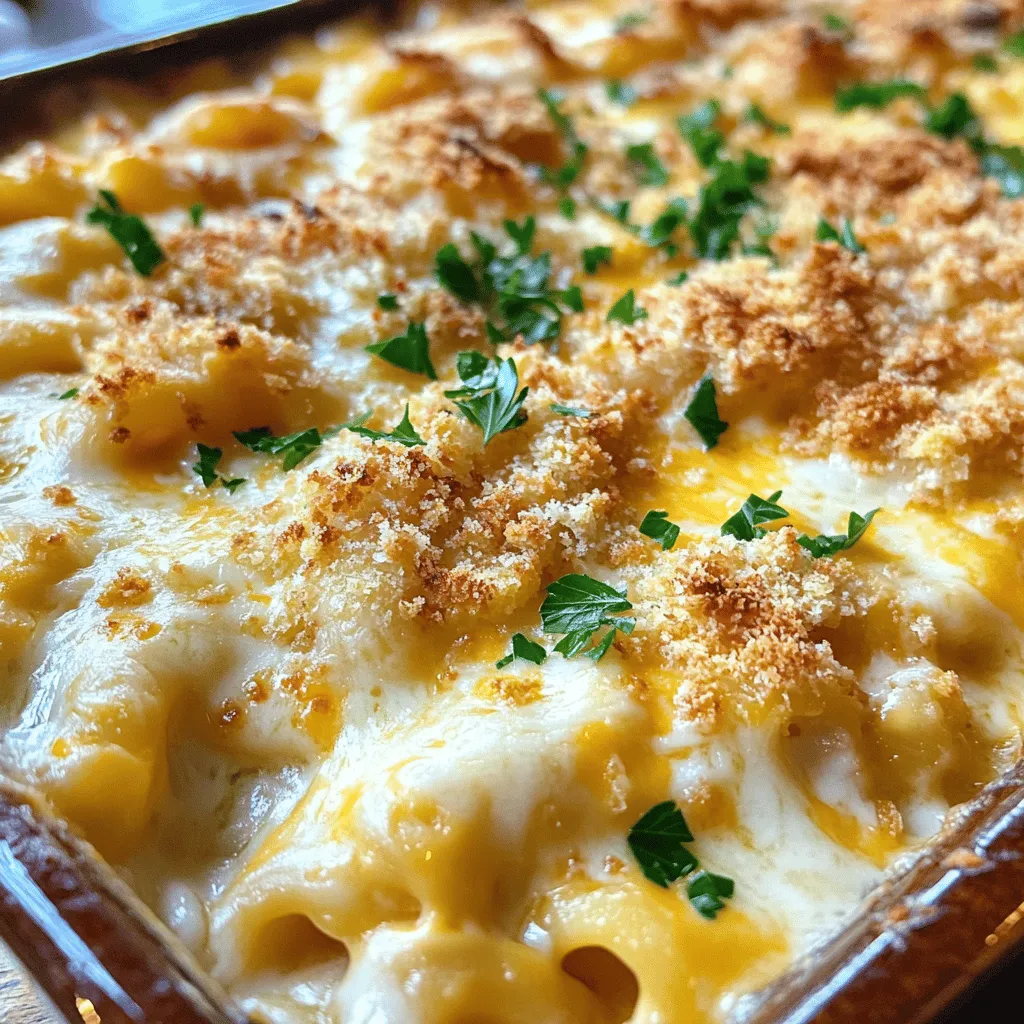 To make the best mac and cheese, you need some key ingredients. Here’s what you’ll need: - 1 lb elbow macaroni - 4 cups sharp cheddar cheese, freshly grated - 1 cup mozzarella cheese, freshly grated - 1 cup parmesan cheese, freshly grated - 4 tablespoons unsalted butter - 1/4 cup all-purpose flour - 4 cups whole milk - 1 teaspoon garlic powder - 1 teaspoon onion powder - 1/2 teaspoon smoked paprika - Salt and black pepper to taste These ingredients create a creamy and rich base for your dish. Choosing the right cheese makes a big difference. I suggest using sharp cheddar for its bold taste. Mozzarella adds a lovely stretch, while parmesan gives a nutty flavor. You can mix and match, but these three work great together. Try using aged cheddar for a deeper flavor or gouda for a smokier profile. You can enhance your mac and cheese with some optional ingredients. Consider adding: - 1 cup breadcrumbs for a crunchy topping - 1/4 cup fresh parsley, finely chopped, for garnish - Cooked bacon, crumbled, for a savory kick - Fresh tomatoes, diced, for a pop of color and freshness These extras can elevate your dish from good to amazing. For the full recipe, check out The Ultimate Cheesy Mac & Cheese . To make the best mac and cheese, start with the right tools. Gather a large pot, a saucepan, and a baking dish. This will help you stay organized. 1. Preheat Oven: Set your oven to 350°F (175°C). This is key for a nice bake. 2. Cook Pasta: Boil salted water in a large pot. Add the elbow macaroni and cook for 1-2 minutes less than the package says. You want it al dente. Drain the pasta and set it aside. 3. Make Cheese Sauce: In a saucepan over medium heat, melt the unsalted butter. Whisk in the flour to create a roux. Stir for 1 minute to avoid browning. 4. Incorporate Milk: Gradually add the whole milk while whisking. Keep stirring until it thickens and bubbles, about 5-7 minutes. 5. Season & Add Cheese: Mix in garlic powder, onion powder, smoked paprika, and a pinch of salt and black pepper. Remove from heat and fold in the cheddar, mozzarella, and parmesan. The sauce should be creamy and smooth. 6. Combine with Pasta: Stir the cooked macaroni into the cheese sauce. Make sure every piece is well-coated. 7. Bake to Perfection: Transfer the mac and cheese to a greased baking dish. If you like a crunchy topping, sprinkle breadcrumbs on top. Bake for 20-25 minutes. Look for a golden brown top and bubbling edges. 8. Garnish & Serve: Take it out of the oven and let it cool for a few minutes. Garnish with fresh parsley for a nice touch. This step-by-step guide helps you create a creamy and flavorful delight. For more details, see the Full Recipe. To make a creamy cheese sauce, you need to create a smooth roux. Start by melting butter in a pan. Then, whisk in flour for about a minute. This step helps to thicken the sauce. Next, slowly add milk while you whisk. This keeps lumps from forming. Once it thickens, mix in your cheese. Use fresh cheese for the best flavor and texture. Sharp cheddar gives a nice bite, while mozzarella adds stretch. Cooking pasta is key for great mac and cheese. Always boil salted water for the pasta. This adds flavor to the noodles. Cook the elbow macaroni for just a bit less than the package says. Aim for al dente, which means it should be firm but not hard. Drain the pasta and set it aside. This keeps it from getting mushy in the cheese sauce. If you want a fun twist on mac and cheese, try adding extras. You can mix in cooked bacon or crispy pancetta for a salty kick. Veggies like broccoli or spinach can make it more wholesome. Even spices like cumin or chili powder can add depth. You can also use different cheese blends. For example, try gouda or pepper jack for a smoky flavor. These small changes can make your mac and cheese stand out. For the full recipe, check out The Ultimate Cheesy Mac & Cheese. {{image_4}} You can make your mac and cheese special with gourmet twists. Add cooked lobster or crab for a fancy touch. Truffle oil can give it a rich, earthy flavor. You might also try adding sautéed mushrooms or fresh herbs. A sprinkle of crispy bacon bits can add a savory crunch. For a vegetarian version, use vegetable broth instead of chicken broth. Swap regular cheese with aged vegan cheese for creamy goodness. Nutritional yeast adds a cheesy flavor without dairy. You can also replace butter with olive oil or coconut oil. Adding steamed broccoli or spinach boosts nutrition and color. Different regions have their own styles of mac and cheese. In the South, you might find a baked version with a crunchy topping. In New England, they often add breadcrumbs on top with a creamy sauce. In Italy, you might see a baked pasta dish called "pasta al forno," which has a similar cheesy appeal. Each style brings new flavors and textures to this classic dish. For the best mac and cheese recipe, check out the Full Recipe. To keep leftover mac and cheese fresh, let it cool first. Once cool, transfer it to an airtight container. This keeps moisture in and prevents it from drying out. Store it in the fridge for up to three days. If you want it to last longer, consider freezing it. When you are ready to enjoy your leftovers, reheating properly is key. You can use the oven or the microwave. For the oven, preheat it to 350°F (175°C). Place the mac and cheese in a baking dish. Add a splash of milk to help it stay creamy. Cover it with foil to keep it from drying out. Bake for 15-20 minutes until heated through. In the microwave, use a microwave-safe bowl. Heat in short bursts, stirring in between. This helps it warm evenly. If you want to freeze mac and cheese, follow these steps. First, let it cool completely. Then, portion it into freezer-safe containers. You can also use heavy-duty freezer bags for space-saving. Remove as much air as possible to prevent freezer burn. Label the bags with the date. Frozen mac and cheese can last for up to three months. When ready to eat, thaw it in the fridge overnight and reheat as mentioned above. The best cheese for mac and cheese is sharp cheddar. It melts well and gives a rich flavor. I also like to mix in mozzarella for creaminess and parmesan for a salty kick. Using fresh cheese makes a big difference. Avoid pre-shredded cheese, as it has additives that affect melting. Yes, you can make mac and cheese ahead of time. Just cook it, then store it in the fridge. Cover it with plastic wrap to keep it fresh. When ready to serve, you can bake it straight from the fridge. This saves time and still tastes great. You can store homemade mac and cheese in the fridge for about three to five days. Keep it in an airtight container to prevent drying out. If you want to keep it longer, freeze it. It can last up to three months in the freezer. To thicken your mac and cheese sauce, you can use more cheese or a bit of flour. If your sauce is too thin, mix a teaspoon of cornstarch with water and stir it in. Let it simmer until it thickens. This will give you that creamy texture you crave. This blog post covered the key steps for making amazing mac & cheese. We discussed essential ingredients, cheese types, and tasty variations. I shared tips for creamy sauces and proper cooking. You learned how to store leftovers and reheat them well. Keep trying new recipes to find your favorite. With practice, you will master this classic dish and impress everyone. Enjoy making, sharing, and savoring your mac & cheese!