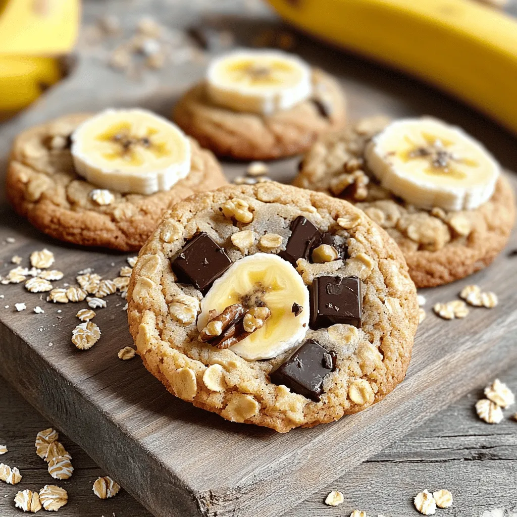 To make these delicious banana oatmeal cookies, you need a few simple ingredients. Here’s what you should gather: - 2 ripe bananas, thoroughly mashed - 1 cup rolled oats - 1/2 cup almond flour - 1/4 cup honey or maple syrup - 1/4 cup unsweetened applesauce - 1 teaspoon pure vanilla extract - 1/2 teaspoon baking soda - 1/2 teaspoon ground cinnamon - 1/4 cup dark chocolate chips (optional) - 1/4 cup chopped walnuts or pecans (optional) - Pinch of sea salt Using ripe bananas is key. They add natural sweetness and moisture. If you want a nutty flavor, almond flour works great. Honey or maple syrup can sweeten your cookies. You can choose based on what you like. Applesauce keeps the cookies soft and adds flavor. Baking soda helps the cookies rise. Cinnamon gives a warm spice note that pairs perfectly with bananas. You can add chocolate chips or nuts for extra yum. This mix of ingredients creates a cookie that is both healthy and tasty. If you want the full details, check out the Full Recipe. - Preheat your oven to 350°F (175°C). - Line a baking sheet with parchment paper. - In a large bowl, combine two ripe bananas, 1/4 cup honey or maple syrup, 1/4 cup applesauce, and 1 teaspoon vanilla extract. - Use a fork to mash the bananas and mix until smooth. - In another bowl, whisk together 1 cup rolled oats, 1/2 cup almond flour, 1/2 teaspoon baking soda, 1/2 teaspoon cinnamon, and a pinch of salt. - Make sure everything is mixed well. - Gently fold the dry ingredients into the wet mixture. - If you want, add 1/4 cup chocolate chips or 1/4 cup chopped nuts for extra flavor. - Use a spoon or cookie scoop to drop dough onto the baking sheet. - Space the dough about 2 inches apart for even baking. - Bake for 12 to 15 minutes. - The cookies should be lightly golden brown and firm around the edges. - Let them cool on the baking sheet for 5 minutes, then transfer to a wire rack. For the complete recipe, check the Full Recipe section. To get the best texture in your cookies, avoid overmixing the dough. When you mix too much, the cookies can turn tough. Gently stir until just combined. Use ripe bananas for natural sweetness. The riper the banana, the sweeter and softer the cookies will be. Using a cookie scoop helps create cookies of uniform size. This step ensures your cookies bake evenly. Also, make sure to space them about two inches apart on the baking sheet. This gives them room to spread while baking. For a lovely display, serve your cookies on a rustic wooden board. This adds charm to your treat. You can also add a few fresh banana slices or a light sprinkle of oats for visual appeal. A beautiful presentation makes your cookies even more inviting and fun to eat. {{image_4}} You can easily make these cookies vegan. Just substitute honey or maple syrup with agave syrup. This swap works well and keeps the cookies sweet. Agave syrup has a mild flavor. It blends nicely into the mix. You still get that soft and moist texture. For a gluten-free version, use certified gluten-free oats and almond flour. This keeps your cookies tasty without any gluten. Ensure that your oats are truly gluten-free. Many brands offer this option now. Almond flour adds a nice nutty flavor and helps bind the cookies well. To give your cookies a unique twist, try adding spices like nutmeg or cardamom. These spices bring warmth and depth. Just a pinch can change the whole taste. You can also incorporate dried fruits like cranberries or raisins. They add sweetness and chewiness. Mix and match to find your favorite combo. For the full recipe, check out the [Full Recipe]. Store your cookies in an airtight container at room temperature. They will stay fresh for up to 3 days. This way, you can enjoy them without worrying about them going stale. For longer storage, freeze your cookies. Place them in a single layer on a baking sheet. Once frozen, transfer them to a ziplock bag. They will last for up to 3 months in the freezer. This method keeps them tasty for later snacking. When you're ready to enjoy a cookie, reheat it for the best taste. You can do this in the oven or microwave. If using the oven, set it to 350°F (175°C) for a few minutes. In the microwave, heat for about 10-15 seconds. This makes the cookie warm and soft, just like fresh-baked. For the full recipe of these delightful cookies, check out the [Full Recipe]. Yes, you can! If you want to skip oats, try using ground almonds or coconut flour. You can also use quinoa flakes for a different texture. These options change the taste a bit but still work well. Just remember that the texture might differ from the classic cookie. To make these cookies less sweet, you can cut back on honey or maple syrup. Start by reducing the amount by half and taste the dough. You can also skip the added chocolate chips. This way, the natural sweetness of bananas shines through without being too sugary. One cookie has about 100 calories. They have about 5 grams of sugar, mainly from bananas and honey. These cookies are rich in fiber from oats and healthy fats from almond flour. Plus, they provide vitamins and minerals, making them a great snack! Yes, you can add protein powder! Use about 1/4 cup of your favorite protein powder. This addition will not affect the cookie's texture if you adjust the other dry ingredients a bit. It’s a great way to boost the protein content without losing taste. You can tell these cookies are done when they turn light golden brown at the edges. They should feel set but soft in the middle. Let them cool for a few minutes, and they will firm up. If you want extra crispiness, leave them in a minute longer. You now have all you need to make delicious banana oatmeal cookies. You learned the required ingredients, step-by-step instructions, and tips for the best texture. Remember to store them properly to keep them fresh. These cookies are easy to customize for your needs. You can make them vegan or gluten-free. Add spices or dried fruits for extra flavor. Enjoy your baking and share these tasty treats with friends and family!