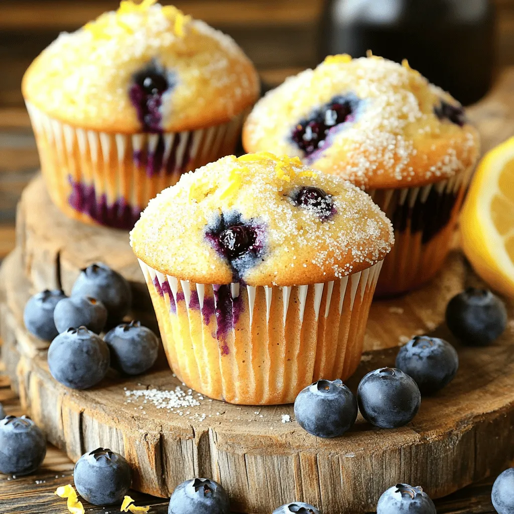 To make these delicious lemon blueberry muffins, gather the following ingredients: - 1 ½ cups all-purpose flour - ¾ cup granulated sugar - ½ teaspoon baking powder - ½ teaspoon baking soda - ¼ teaspoon salt - 1 large lemon (for zest and juice) - ½ cup unsalted butter, melted - 1 large egg - ½ cup buttermilk (or substitute with milk and vinegar) - 1 cup fresh blueberries - 1 teaspoon vanilla extract - 2 tablespoons coarse sugar for topping Each ingredient plays a key role in creating the perfect muffin. The all-purpose flour gives structure, while sugar adds sweetness. Baking powder and baking soda help the muffins rise. Salt enhances flavor. The lemon zest and juice bring a refreshing zing that pairs perfectly with blueberries. Melted butter adds richness, and the egg binds everything together. Buttermilk ensures the muffins stay moist. Fresh blueberries burst with flavor, and vanilla extract adds warmth. Finally, coarse sugar on top creates a delightful crunch. For a full recipe, check out the section titled Full Recipe. Each ingredient is simple and easy to find, making your baking adventure enjoyable! Start by preheating your oven to 350°F (175°C). This step is key for even baking. While you wait, prepare your muffin tin. You can line it with paper liners or spray it with non-stick cooking spray. This ensures easy removal later. In a large mixing bowl, whisk together the dry ingredients. You need 1 ½ cups of all-purpose flour, ¾ cup of granulated sugar, ½ teaspoon of baking powder, ½ teaspoon of baking soda, and ¼ teaspoon of salt. Make sure they mix well. This creates a solid base for your muffins. In a separate medium bowl, combine the wet ingredients. Whisk ½ cup of melted unsalted butter with the juice and zest from one large lemon. Add one large egg, ½ cup of buttermilk, and 1 teaspoon of vanilla extract. Mix until it’s smooth. This mixture adds flavor and moisture to your muffins. Now it’s time to bring it all together. Carefully fold the wet mixture into the dry mixture. Use a spatula or wooden spoon. Mix only until you see no dry flour. Be gentle; overmixing can make your muffins dense. Take 1 cup of fresh blueberries and gently fold them into the batter. Make sure they are evenly spread throughout. If you break them, your muffins may turn blue! This adds a burst of flavor and color to each bite. Use a scoop or spoon to fill your muffin cups. Aim to fill each cup about three-quarters full. This gives them room to rise without overflowing. For a sweet touch, sprinkle 2 tablespoons of coarse sugar on top of each muffin. Place the muffin tin in your preheated oven. Bake for 18-20 minutes. To check if they are done, insert a toothpick into the center of one muffin. If it comes out clean, your muffins are ready. After baking, let the muffins cool in the tin for about 5 minutes. Then transfer them to a wire rack. This helps keep them fluffy. Serve them warm or at room temperature. For a nice touch, garnish with fresh blueberries and a sprinkle of lemon zest. Follow these steps from the Full Recipe for perfect lemon blueberry muffins every time! To get the best muffin texture, keep a few tips in mind. First, always measure your flour correctly. Use a spoon to scoop flour into your measuring cup, then level it off with a knife. This helps avoid heavy muffins. Second, don’t overmix the batter. Mix until you see no dry flour. Those little lumps? They are okay! Overmixing makes muffins tough. Lastly, let the batter sit for a few minutes before baking. This helps the muffins rise nicely. When adding blueberries, fresh is best, but frozen can work too. If you use frozen berries, do not thaw them. This keeps the color from bleeding into the batter. Gently fold the blueberries into the batter to prevent breaking. Also, sprinkle a little flour on the blueberries before adding them. This helps them stay suspended in the batter while baking. Lastly, fill your muffin cups about three-quarters full. This ensures they rise and have a nice dome shape. One common mistake is not preheating the oven. Always preheat to the right temperature. If you skip this step, the muffins may not rise well. Another mistake is using cold ingredients. Make sure your eggs and butter are at room temperature. This helps the batter mix well. Lastly, avoid overbaking. Check the muffins at 18 minutes. If the toothpick comes out clean, they are done. Overbaking makes them dry, which is not tasty. Enjoy baking these lemon blueberry muffins! For the complete recipe, check out [Full Recipe]. {{image_4}} You can switch some ingredients to fit your taste. For the flour, try whole wheat or almond flour. This change adds a nutty taste and more fiber. If you want less sugar, use honey or maple syrup. Just remember, these swaps can alter the texture a bit. You can also use Greek yogurt instead of buttermilk. This keeps your muffins moist and adds a protein boost. Want to mix it up? Add nuts like chopped walnuts or pecans. They add crunch and flavor. You can also throw in other fruits, like raspberries or strawberries. Just use the same amount as blueberries. Keep in mind that these fruits can change the taste and color of your muffins. A lemon glaze can add a sweet touch. To make it, mix powdered sugar with lemon juice. Start with one cup of powdered sugar and add lemon juice until you reach your desired thickness. Drizzle this on top of your cooled muffins for a zesty finish. This glaze makes them look fancy and taste even better. Explore more ideas and get the full recipe to create your own delicious lemon blueberry muffins! To keep your lemon blueberry muffins fresh, store them in an airtight container. This helps to keep them moist. Place the muffins at room temperature if you plan to eat them within two days. If you need to store them longer, consider freezing them. Freezing muffins is simple and keeps them tasty. Allow the muffins to cool completely. Then, wrap each muffin tightly in plastic wrap. You can also place them in a freezer-safe bag. Label the bag with the date. They will stay good for about three months in the freezer. To enjoy your muffins warm, preheat your oven to 350°F (175°C). Place the muffins directly on the oven rack or a baking sheet. Heat them for about 10-15 minutes. You can also microwave them for about 15-20 seconds. This makes them soft and warm again. For best results, check often to avoid overheating. These tips will help you enjoy your lemon blueberry muffins anytime! For the full recipe, check back to create these delicious treats. To enhance your muffins, add more lemon zest or a splash of lemon juice. You can also mix in spices like cinnamon or nutmeg for warmth. Consider using vanilla bean paste instead of extract for a richer flavor. Fresh herbs, like thyme, can also add a unique twist. Experiment with these ideas to find your favorite flavor boost! Yes, you can use frozen blueberries! They work well in this recipe. They may bleed into the batter, which can create a lovely marbled effect. Just be sure to fold them in gently to keep them whole. If using frozen berries, do not thaw them before adding them to your mix. This helps maintain their shape. If you don't have buttermilk, you can make a quick substitute. Just add 1 tablespoon of white vinegar or lemon juice to ½ cup of milk. Stir it and let it sit for about 5 minutes. This creates a similar tangy flavor. You can use any milk you have on hand, including almond or oat milk. These muffins stay fresh for about 2-3 days at room temperature when stored in an airtight container. For longer storage, place them in the fridge for up to a week. They also freeze well for up to 3 months. Just make sure to wrap them tightly before freezing to prevent freezer burn. Absolutely! You can easily make mini muffins using this recipe. Just fill the mini muffin tins about halfway and reduce the baking time to about 12-15 minutes. Check for doneness with a toothpick. Mini muffins are perfect for snacks or breakfast bites! To prevent sticking, use paper liners or spray the muffin tin with non-stick cooking spray. You can also lightly dust the tin with flour after greasing it. Allow the muffins to cool in the tin for a few minutes before removing them. This helps them release easily without tearing. You’ve learned how to make delicious lemon blueberry muffins from start to finish. We covered the key ingredients, step-by-step instructions, and helpful tips. The small changes, like adding a glaze or nuts, make a big difference. Remember to store or freeze extras for a tasty snack later. Enjoy baking and share your muffins with friends and family! This recipe can become a favorite for everyone. Happy baking!