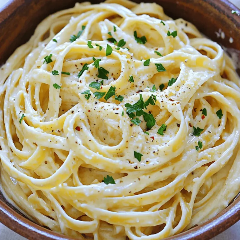 - 8 oz fettuccine or spaghetti - 3 tablespoons unsalted butter - 4 cloves garlic, finely minced - 1 cup heavy cream - 1 cup freshly grated Parmesan cheese (plus extra for serving) You need a few simple items to create creamy garlic Parmesan pasta. First, pick your pasta: fettuccine or spaghetti work best. Next, grab unsalted butter, garlic, and heavy cream. These ingredients form the creamy sauce. Finally, fresh Parmesan cheese gives the dish its rich flavor. - 1 teaspoon Italian seasoning blend - Salt and black pepper to taste - Optional: crushed red pepper flakes To spice things up, I suggest using Italian seasoning, salt, and black pepper. These flavors blend well with the creamy sauce. If you like some heat, add crushed red pepper flakes for a kick. - Fresh parsley, finely chopped (for garnish) - Additional Parmesan for serving - Variations for dietary preferences Garnish your dish with fresh parsley for color and flavor. You can also add more Parmesan on top before serving. If you have dietary interests, consider using gluten-free pasta or vegan cheese. This dish remains delicious while catering to various needs. For the full recipe, check out the detailed instructions. To cook your fettuccine or spaghetti, start with a large pot. Fill it with salted water and bring it to a rolling boil. Add the pasta and cook it as per the package instructions. This usually takes about 8 to 10 minutes. You want it to be al dente, which means it should be firm but not hard. To check, taste a piece a minute or two before the time is up. When it's just right, carefully reserve ½ cup of the starchy pasta water before you drain the rest. Set the pasta aside and keep it warm. Now, let's make the sauce. In a large skillet, melt 3 tablespoons of unsalted butter over medium heat. Once the butter is melted, add 4 finely minced garlic cloves. Sauté the garlic for 1 to 2 minutes, stirring often. You want it to smell great but not brown. Next, pour in 1 cup of heavy cream and let it come to a gentle simmer. Slowly whisk in 1 cup of freshly grated Parmesan cheese. Keep whisking until the cheese is smooth and the sauce is creamy. Next, it’s time to combine everything. Add the warm pasta to the skillet with the sauce. Gently toss the pasta until every piece is coated with the creamy sauce. If you find the sauce is too thick, mix in some of that reserved pasta water a little at a time. This helps get the right thickness. If you like a bit of spice, sprinkle in some crushed red pepper flakes and stir well. Enjoy this creamy garlic Parmesan pasta as a comforting meal any night! To get the right sauce texture, start with low heat. High heat can burn the garlic and ruin the flavor. When melting the butter, keep stirring. This helps mix in the garlic without browning it. To avoid clumping in your sauce, whisk in the cheese slowly. Add small amounts at a time. This way, it melts evenly. If your sauce feels too thick, add a splash of the reserved pasta water. Mix it in until you reach the perfect creaminess. You can boost the flavor by adding fresh herbs. Basil, oregano, or thyme work great. If you like a bit of heat, sprinkle in some crushed red pepper flakes. Adding proteins or veggies can make your meal heartier. Grilled chicken or sautéed shrimp pairs well. For a veggie option, try adding spinach or broccoli. They add color and nutrients. A fresh side salad goes well with this pasta. It balances the richness of the sauce. Garlic bread is another great choice. It adds crunch and flavor. When plating, use a large bowl. Twirl the pasta into a nest shape for height. Top with parsley and extra cheese for a nice look. This makes your dish as appealing as it is tasty. For the full recipe, you can check out my detailed guide. {{image_4}} For a lighter dish, try using light cream or milk. This swap reduces fat but keeps the creamy texture. You can also add vegetables like spinach, broccoli, or cherry tomatoes. These not only boost nutrition but also add color and flavor. You can easily customize this dish by adding proteins. Chicken or shrimp both work well. Cook them in the skillet before adding the garlic and cream. You can also experiment with different cheeses. Try using goat cheese or cheddar for a unique twist. Each cheese adds its own flavor. If you need gluten-free options, choose gluten-free pasta. Many brands offer great alternatives that cook well. For a vegan version, use plant-based cream and cheese. You can find these at most grocery stores. These options let everyone enjoy creamy garlic Parmesan pasta! To store Creamy Garlic Parmesan Pasta, let it cool first. Place it in an airtight container. This keeps the pasta fresh and flavorful. You can store it in the fridge for up to three days. After that, the quality may drop. Check for any odd smells or changes in texture before eating. When reheating, I suggest using the stove. Heat a pan over low heat. Add a splash of cream or water to keep it moist. Stir frequently to avoid sticking. This method helps maintain the creamy texture. If you prefer the microwave, use a microwave-safe dish. Add a little liquid and cover it with a lid. Heat in short bursts, stirring in between, to avoid dryness. Yes, you can freeze this pasta! It keeps well for up to two months. To freeze, let it cool completely and transfer it to a freezer-safe container. When ready to eat, thaw it overnight in the fridge. Reheat on the stove, adding a splash of cream or water to revive the sauce. This way, you’ll enjoy a delicious meal even after some time! For the detailed recipe, see the Full Recipe section. Yes, you can make Creamy Garlic Parmesan Pasta in advance. Store it in an airtight container in the fridge. It will stay fresh for 3 to 4 days. When you’re ready to eat, reheat it on low heat. Add a splash of cream or pasta water to keep it creamy. Avoid using high heat, as this can make the pasta dry. This dish pairs well with many sides. Here are some suggestions: - Garlic bread for a crunchy bite. - A fresh green salad to add crispness. - Roasted vegetables for extra flavor. - Grilled chicken or shrimp for protein. These options make your meal more complete and tasty. To add heat, try these options: - Mix in crushed red pepper flakes. Start with a small amount and add more to taste. - Use a spicy Italian sausage instead of regular sausage. - Add diced jalapeños or chili peppers to the sauce. These choices enhance flavor and make the dish exciting. You can use pre-grated cheese, but fresh cheese is better. Here are the pros and cons: Pros: - Convenient and saves time. - Easy to find in stores. Cons: - Pre-grated cheese may not melt as well. - It might contain anti-caking agents that affect taste. For the best results, I recommend using freshly grated cheese from a block. It adds creaminess and flavor. For the full recipe, check out the original dish! Creamy Garlic Parmesan Pasta is easy and tasty. We covered main ingredients like fettuccine, butter, and garlic. I shared tips for cooking pasta and making a creamy sauce. You learned how to enhance flavors and serve it nicely. Remember, you can adapt recipes for health needs or preferences. Whether you're feeding a crowd or just yourself, this dish is a winner. Try it today and make it your own!