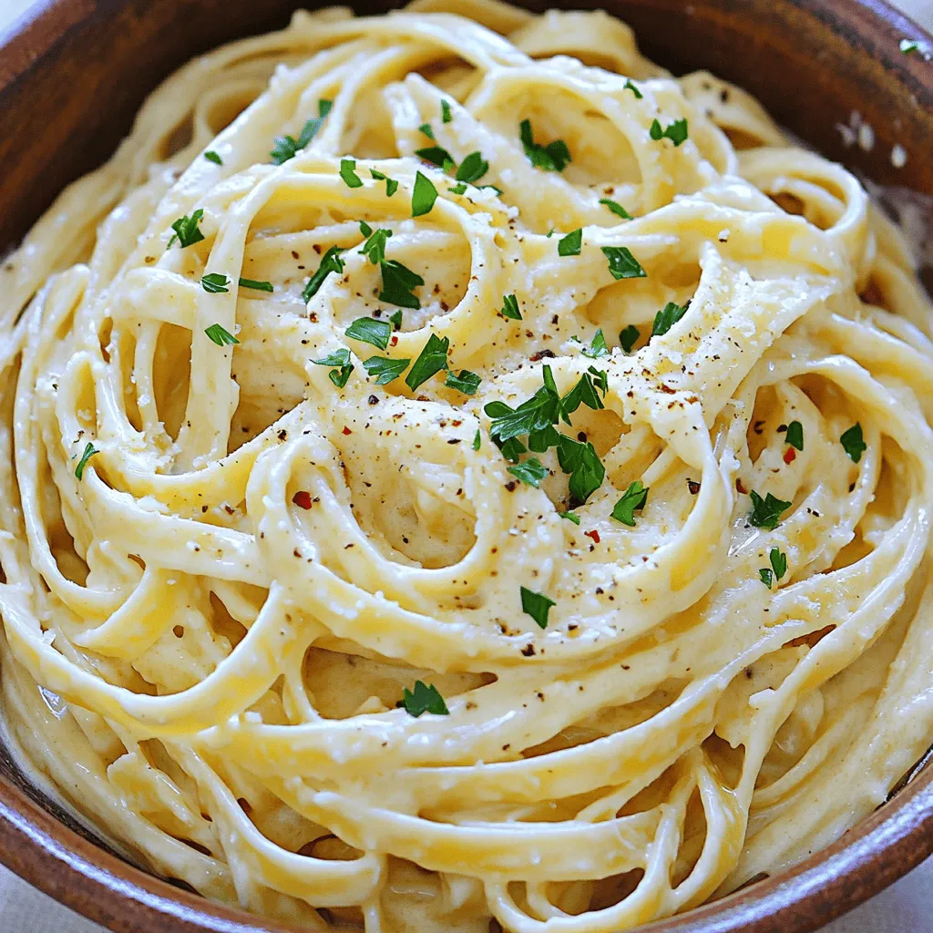 - 8 oz fettuccine or spaghetti - 3 tablespoons unsalted butter - 4 cloves garlic, finely minced - 1 cup heavy cream - 1 cup freshly grated Parmesan cheese (plus extra for serving) You need a few simple items to create creamy garlic Parmesan pasta. First, pick your pasta: fettuccine or spaghetti work best. Next, grab unsalted butter, garlic, and heavy cream. These ingredients form the creamy sauce. Finally, fresh Parmesan cheese gives the dish its rich flavor. - 1 teaspoon Italian seasoning blend - Salt and black pepper to taste - Optional: crushed red pepper flakes To spice things up, I suggest using Italian seasoning, salt, and black pepper. These flavors blend well with the creamy sauce. If you like some heat, add crushed red pepper flakes for a kick. - Fresh parsley, finely chopped (for garnish) - Additional Parmesan for serving - Variations for dietary preferences Garnish your dish with fresh parsley for color and flavor. You can also add more Parmesan on top before serving. If you have dietary interests, consider using gluten-free pasta or vegan cheese. This dish remains delicious while catering to various needs. For the full recipe, check out the detailed instructions. To cook your fettuccine or spaghetti, start with a large pot. Fill it with salted water and bring it to a rolling boil. Add the pasta and cook it as per the package instructions. This usually takes about 8 to 10 minutes. You want it to be al dente, which means it should be firm but not hard. To check, taste a piece a minute or two before the time is up. When it's just right, carefully reserve ½ cup of the starchy pasta water before you drain the rest. Set the pasta aside and keep it warm. Now, let's make the sauce. In a large skillet, melt 3 tablespoons of unsalted butter over medium heat. Once the butter is melted, add 4 finely minced garlic cloves. Sauté the garlic for 1 to 2 minutes, stirring often. You want it to smell great but not brown. Next, pour in 1 cup of heavy cream and let it come to a gentle simmer. Slowly whisk in 1 cup of freshly grated Parmesan cheese. Keep whisking until the cheese is smooth and the sauce is creamy. Next, it’s time to combine everything. Add the warm pasta to the skillet with the sauce. Gently toss the pasta until every piece is coated with the creamy sauce. If you find the sauce is too thick, mix in some of that reserved pasta water a little at a time. This helps get the right thickness. If you like a bit of spice, sprinkle in some crushed red pepper flakes and stir well. Enjoy this creamy garlic Parmesan pasta as a comforting meal any night! To get the right sauce texture, start with low heat. High heat can burn the garlic and ruin the flavor. When melting the butter, keep stirring. This helps mix in the garlic without browning it. To avoid clumping in your sauce, whisk in the cheese slowly. Add small amounts at a time. This way, it melts evenly. If your sauce feels too thick, add a splash of the reserved pasta water. Mix it in until you reach the perfect creaminess. You can boost the flavor by adding fresh herbs. Basil, oregano, or thyme work great. If you like a bit of heat, sprinkle in some crushed red pepper flakes. Adding proteins or veggies can make your meal heartier. Grilled chicken or sautéed shrimp pairs well. For a veggie option, try adding spinach or broccoli. They add color and nutrients. A fresh side salad goes well with this pasta. It balances the richness of the sauce. Garlic bread is another great choice. It adds crunch and flavor. When plating, use a large bowl. Twirl the pasta into a nest shape for height. Top with parsley and extra cheese for a nice look. This makes your dish as appealing as it is tasty. For the full recipe, you can check out my detailed guide. {{image_4}} For a lighter dish, try using light cream or milk. This swap reduces fat but keeps the creamy texture. You can also add vegetables like spinach, broccoli, or cherry tomatoes. These not only boost nutrition but also add color and flavor. You can easily customize this dish by adding proteins. Chicken or shrimp both work well. Cook them in the skillet before adding the garlic and cream. You can also experiment with different cheeses. Try using goat cheese or cheddar for a unique twist. Each cheese adds its own flavor. If you need gluten-free options, choose gluten-free pasta. Many brands offer great alternatives that cook well. For a vegan version, use plant-based cream and cheese. You can find these at most grocery stores. These options let everyone enjoy creamy garlic Parmesan pasta! To store Creamy Garlic Parmesan Pasta, let it cool first. Place it in an airtight container. This keeps the pasta fresh and flavorful. You can store it in the fridge for up to three days. After that, the quality may drop. Check for any odd smells or changes in texture before eating. When reheating, I suggest using the stove. Heat a pan over low heat. Add a splash of cream or water to keep it moist. Stir frequently to avoid sticking. This method helps maintain the creamy texture. If you prefer the microwave, use a microwave-safe dish. Add a little liquid and cover it with a lid. Heat in short bursts, stirring in between, to avoid dryness. Yes, you can freeze this pasta! It keeps well for up to two months. To freeze, let it cool completely and transfer it to a freezer-safe container. When ready to eat, thaw it overnight in the fridge. Reheat on the stove, adding a splash of cream or water to revive the sauce. This way, you’ll enjoy a delicious meal even after some time! For the detailed recipe, see the Full Recipe section. Yes, you can make Creamy Garlic Parmesan Pasta in advance. Store it in an airtight container in the fridge. It will stay fresh for 3 to 4 days. When you’re ready to eat, reheat it on low heat. Add a splash of cream or pasta water to keep it creamy. Avoid using high heat, as this can make the pasta dry. This dish pairs well with many sides. Here are some suggestions: - Garlic bread for a crunchy bite. - A fresh green salad to add crispness. - Roasted vegetables for extra flavor. - Grilled chicken or shrimp for protein. These options make your meal more complete and tasty. To add heat, try these options: - Mix in crushed red pepper flakes. Start with a small amount and add more to taste. - Use a spicy Italian sausage instead of regular sausage. - Add diced jalapeños or chili peppers to the sauce. These choices enhance flavor and make the dish exciting. You can use pre-grated cheese, but fresh cheese is better. Here are the pros and cons: Pros: - Convenient and saves time. - Easy to find in stores. Cons: - Pre-grated cheese may not melt as well. - It might contain anti-caking agents that affect taste. For the best results, I recommend using freshly grated cheese from a block. It adds creaminess and flavor. For the full recipe, check out the original dish! Creamy Garlic Parmesan Pasta is easy and tasty. We covered main ingredients like fettuccine, butter, and garlic. I shared tips for cooking pasta and making a creamy sauce. You learned how to enhance flavors and serve it nicely. Remember, you can adapt recipes for health needs or preferences. Whether you're feeding a crowd or just yourself, this dish is a winner. Try it today and make it your own!