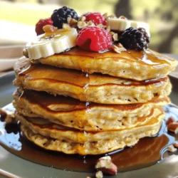 To make delicious banana oatmeal pancakes, you need a few simple ingredients. These ingredients create a tasty and healthy meal. Here’s what you will need: - 1 cup rolled oats - 1 ripe banana, thoroughly mashed - 1 cup milk (dairy or plant-based) - 1 teaspoon baking powder - 1/2 teaspoon ground cinnamon - 1/4 teaspoon salt - 1 tablespoon honey or maple syrup (optional) - 1 large egg - Coconut oil or butter for cooking - Fresh fruits and nuts for topping (optional) These ingredients are easy to find in any grocery store. The oats provide fiber, while the banana adds natural sweetness. You can also customize your pancakes with your favorite toppings. For the full recipe, refer to the previous section. Cooking these pancakes is a fun way to start your day! To start, you need to make oat flour. Take 1 cup of rolled oats and put them in a high-powered blender or food processor. Blend them until they turn into a fine flour. This only takes about 30 seconds. Once done, transfer the oat flour to a mixing bowl. It should look like regular flour. Now it’s time to mix! Take a ripe banana and mash it well in a bowl. Add the mashed banana to the oat flour. Then, pour in 1 cup of milk, 1 teaspoon of baking powder, 1/2 teaspoon of ground cinnamon, 1/4 teaspoon of salt, and 1 tablespoon of honey or maple syrup if you like it sweet. Crack in 1 large egg. Use a whisk or spoon to mix everything until it is smooth. You want a batter that is slightly thick but pourable. Next, heat your skillet over medium heat. Add a small amount of coconut oil or butter to the pan. Let it melt and get hot. For each pancake, pour about 1/4 cup of the batter onto the skillet. Cook for 2-3 minutes or until you see bubbles form on the surface. Then, gently flip the pancake and cook for another 2-3 minutes until it turns a nice golden brown. Continue cooking the rest of the batter, adding more oil or butter to the skillet as needed. Finally, serve your pancakes warm. You can top them with fresh fruits, nuts, or a drizzle of maple syrup. Enjoy this delicious meal! For the full recipe, check out the details above. To make your banana oatmeal pancake batter just right, you may want it thicker or thinner. If you want thicker pancakes, add more oats or less milk. For thinner pancakes, simply add a bit more milk. This way, you can customize the texture to your liking. Cooking at the right temperature is key. Set your skillet to medium heat. If it’s too hot, the pancakes may burn. If it’s too low, they won't cook well. Watch for bubbles on the surface. Once you see them, it’s time to flip. Cook each side for about 2-3 minutes until golden brown. Toppings can make your pancakes even better. Try fresh fruits like berries or banana slices. Nuts like walnuts or almonds add crunch. A drizzle of maple syrup or honey can enhance the flavor. You can also add a sprinkle of cinnamon or yogurt for a tasty twist. These toppings bring your pancakes to life! For the Full Recipe, check the earlier section. {{image_4}} You can enjoy banana oatmeal pancakes while meeting dietary needs. For a gluten-free option, use certified gluten-free oats. This ensures no cross-contamination occurs. If you avoid dairy, choose plant-based milk like almond, oat, or soy. These options keep the pancakes tasty and fluffy. To change the taste, add spices or extracts. A pinch of nutmeg or vanilla extract brings warmth. You can also mix in chocolate chips for a sweet twist. If you like a bit of heat, try adding a dash of cayenne pepper. These small changes can make your pancakes exciting! Serve your pancakes in fun ways to make breakfast special. Stack them high and top with fresh fruits like berries or sliced bananas. Add a sprinkle of chopped nuts for crunch. You can also drizzle with honey or maple syrup for sweetness. Pair pancakes with yogurt or a side of scrambled eggs for a complete meal. This variety keeps breakfast interesting! After enjoying your banana oatmeal pancakes, you may want to save some for later. To store pancakes in the refrigerator, place them in an airtight container. Make sure to separate each pancake with a piece of parchment paper so they don’t stick together. You can keep them in the fridge for up to three days. For longer storage, freeze them. Wrap each pancake in plastic wrap, then place them in a freezer bag. They can last in the freezer for up to three months. When it’s time to enjoy your leftover pancakes, the goal is to keep them soft and warm. The best way to reheat pancakes is in the microwave. Place pancakes on a microwave-safe plate and cover with a damp paper towel. Heat for about 20-30 seconds or until warm. If you prefer, you can also reheat pancakes in a skillet. Warm up the skillet over low heat and add a little coconut oil or butter. Place the pancakes in the skillet for a minute on each side. This method keeps the pancakes from getting soggy. Proper storage ensures your pancakes stay fresh. In the refrigerator, expect them to last about three days. When frozen, they can retain good quality for about three months. After that, they may lose flavor or texture. Always check for signs of spoilage, like an off smell or changes in texture, before eating. Enjoy your pancakes fresh for the best taste! Yes, you can easily make banana oatmeal pancakes vegan. To replace the egg, use a flax egg. To make this, mix 1 tablespoon of ground flaxseed with 2.5 tablespoons of water. Let it sit for a few minutes until it thickens. For milk, use any plant-based milk like almond, soy, or oat milk. These swaps keep the taste great while ensuring they fit a vegan diet. To add fluffiness, you can adjust the ingredients. Try using an extra half teaspoon of baking powder. You can also separate the egg and whip the egg white until fluffy. Fold it into the batter last. This will give your pancakes a lighter texture. Another tip is to let the batter rest for about 5 minutes before cooking. This allows air bubbles to form. Banana oatmeal pancakes are packed with nutrition. Bananas provide potassium, fiber, and vitamins. They can help with digestion and energy. Oats are a great source of whole grains. They keep you full and help control blood sugar. This recipe is naturally low in added sugars, especially if you skip the honey or maple syrup. To check if pancakes are done, look for bubbles forming on the surface. When the bubbles pop and the edges look dry, it’s time to flip. After flipping, cook until both sides are golden brown. A toothpick inserted in the center should come out clean. This shows they are fully cooked inside. In this blog post, I shared a simple banana oatmeal pancake recipe. We explored the crucial ingredients, step-by-step instructions, and helpful tips to perfect your pancakes. You can also try various dietary substitutes and flavor enhancements to make them your own. Remember, cooking is about enjoying the process. With these tips, you can create tasty pancakes that fit your needs. Enjoy your cooking adventure and impress your friends and family!