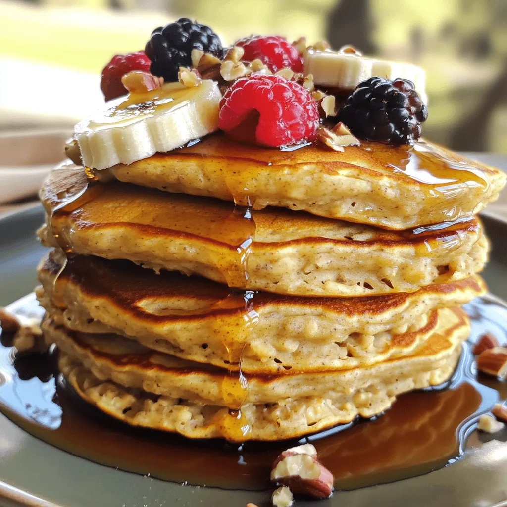 To make delicious banana oatmeal pancakes, you need a few simple ingredients. These ingredients create a tasty and healthy meal. Here’s what you will need: - 1 cup rolled oats - 1 ripe banana, thoroughly mashed - 1 cup milk (dairy or plant-based) - 1 teaspoon baking powder - 1/2 teaspoon ground cinnamon - 1/4 teaspoon salt - 1 tablespoon honey or maple syrup (optional) - 1 large egg - Coconut oil or butter for cooking - Fresh fruits and nuts for topping (optional) These ingredients are easy to find in any grocery store. The oats provide fiber, while the banana adds natural sweetness. You can also customize your pancakes with your favorite toppings. For the full recipe, refer to the previous section. Cooking these pancakes is a fun way to start your day! To start, you need to make oat flour. Take 1 cup of rolled oats and put them in a high-powered blender or food processor. Blend them until they turn into a fine flour. This only takes about 30 seconds. Once done, transfer the oat flour to a mixing bowl. It should look like regular flour. Now it’s time to mix! Take a ripe banana and mash it well in a bowl. Add the mashed banana to the oat flour. Then, pour in 1 cup of milk, 1 teaspoon of baking powder, 1/2 teaspoon of ground cinnamon, 1/4 teaspoon of salt, and 1 tablespoon of honey or maple syrup if you like it sweet. Crack in 1 large egg. Use a whisk or spoon to mix everything until it is smooth. You want a batter that is slightly thick but pourable. Next, heat your skillet over medium heat. Add a small amount of coconut oil or butter to the pan. Let it melt and get hot. For each pancake, pour about 1/4 cup of the batter onto the skillet. Cook for 2-3 minutes or until you see bubbles form on the surface. Then, gently flip the pancake and cook for another 2-3 minutes until it turns a nice golden brown. Continue cooking the rest of the batter, adding more oil or butter to the skillet as needed. Finally, serve your pancakes warm. You can top them with fresh fruits, nuts, or a drizzle of maple syrup. Enjoy this delicious meal! For the full recipe, check out the details above. To make your banana oatmeal pancake batter just right, you may want it thicker or thinner. If you want thicker pancakes, add more oats or less milk. For thinner pancakes, simply add a bit more milk. This way, you can customize the texture to your liking. Cooking at the right temperature is key. Set your skillet to medium heat. If it’s too hot, the pancakes may burn. If it’s too low, they won't cook well. Watch for bubbles on the surface. Once you see them, it’s time to flip. Cook each side for about 2-3 minutes until golden brown. Toppings can make your pancakes even better. Try fresh fruits like berries or banana slices. Nuts like walnuts or almonds add crunch. A drizzle of maple syrup or honey can enhance the flavor. You can also add a sprinkle of cinnamon or yogurt for a tasty twist. These toppings bring your pancakes to life! For the Full Recipe, check the earlier section. {{image_4}} You can enjoy banana oatmeal pancakes while meeting dietary needs. For a gluten-free option, use certified gluten-free oats. This ensures no cross-contamination occurs. If you avoid dairy, choose plant-based milk like almond, oat, or soy. These options keep the pancakes tasty and fluffy. To change the taste, add spices or extracts. A pinch of nutmeg or vanilla extract brings warmth. You can also mix in chocolate chips for a sweet twist. If you like a bit of heat, try adding a dash of cayenne pepper. These small changes can make your pancakes exciting! Serve your pancakes in fun ways to make breakfast special. Stack them high and top with fresh fruits like berries or sliced bananas. Add a sprinkle of chopped nuts for crunch. You can also drizzle with honey or maple syrup for sweetness. Pair pancakes with yogurt or a side of scrambled eggs for a complete meal. This variety keeps breakfast interesting! After enjoying your banana oatmeal pancakes, you may want to save some for later. To store pancakes in the refrigerator, place them in an airtight container. Make sure to separate each pancake with a piece of parchment paper so they don’t stick together. You can keep them in the fridge for up to three days. For longer storage, freeze them. Wrap each pancake in plastic wrap, then place them in a freezer bag. They can last in the freezer for up to three months. When it’s time to enjoy your leftover pancakes, the goal is to keep them soft and warm. The best way to reheat pancakes is in the microwave. Place pancakes on a microwave-safe plate and cover with a damp paper towel. Heat for about 20-30 seconds or until warm. If you prefer, you can also reheat pancakes in a skillet. Warm up the skillet over low heat and add a little coconut oil or butter. Place the pancakes in the skillet for a minute on each side. This method keeps the pancakes from getting soggy. Proper storage ensures your pancakes stay fresh. In the refrigerator, expect them to last about three days. When frozen, they can retain good quality for about three months. After that, they may lose flavor or texture. Always check for signs of spoilage, like an off smell or changes in texture, before eating. Enjoy your pancakes fresh for the best taste! Yes, you can easily make banana oatmeal pancakes vegan. To replace the egg, use a flax egg. To make this, mix 1 tablespoon of ground flaxseed with 2.5 tablespoons of water. Let it sit for a few minutes until it thickens. For milk, use any plant-based milk like almond, soy, or oat milk. These swaps keep the taste great while ensuring they fit a vegan diet. To add fluffiness, you can adjust the ingredients. Try using an extra half teaspoon of baking powder. You can also separate the egg and whip the egg white until fluffy. Fold it into the batter last. This will give your pancakes a lighter texture. Another tip is to let the batter rest for about 5 minutes before cooking. This allows air bubbles to form. Banana oatmeal pancakes are packed with nutrition. Bananas provide potassium, fiber, and vitamins. They can help with digestion and energy. Oats are a great source of whole grains. They keep you full and help control blood sugar. This recipe is naturally low in added sugars, especially if you skip the honey or maple syrup. To check if pancakes are done, look for bubbles forming on the surface. When the bubbles pop and the edges look dry, it’s time to flip. After flipping, cook until both sides are golden brown. A toothpick inserted in the center should come out clean. This shows they are fully cooked inside. In this blog post, I shared a simple banana oatmeal pancake recipe. We explored the crucial ingredients, step-by-step instructions, and helpful tips to perfect your pancakes. You can also try various dietary substitutes and flavor enhancements to make them your own. Remember, cooking is about enjoying the process. With these tips, you can create tasty pancakes that fit your needs. Enjoy your cooking adventure and impress your friends and family!