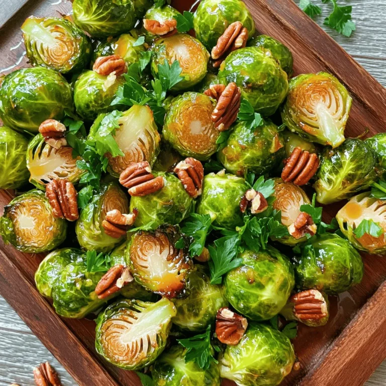 - 1 lb (450 g) Brussels sprouts, trimmed and halved - 3 tablespoons extra virgin olive oil - 2 tablespoons pure maple syrup - 1 tablespoon Dijon mustard - 1 teaspoon garlic powder - ½ teaspoon fine sea salt - ½ teaspoon freshly ground black pepper - ¼ cup (30 g) chopped pecans (optional) - Fresh parsley, finely chopped (for garnish, optional) - Large mixing bowl - Whisk - Baking sheet - Parchment paper When you make Maple Dijon Roasted Brussels Sprouts, gather these fresh ingredients first. Start with the Brussels sprouts. Look for firm, green sprouts. Trim and cut them in half for even cooking. You will also need extra virgin olive oil for healthy fat. Pure maple syrup adds a sweet touch. Dijon mustard gives a nice kick. Garlic powder brings flavor, while sea salt and black pepper enhance it all. Pecans are optional but add crunch. Fresh parsley works as a bright garnish. To bring it all together, you need a large mixing bowl for mixing. A whisk helps blend your dressing smoothly. A baking sheet lined with parchment paper makes cleanup easy. This simple setup will help you create a delicious dish. For the full recipe, check the details above. - Preheat oven to 400°F (200°C). - Line baking sheet with parchment paper. Start by heating your oven. This temperature helps the Brussels sprouts roast well. Lining the baking sheet with parchment paper makes cleaning easier. - Mix olive oil, maple syrup, Dijon mustard, garlic powder, sea salt, and black pepper. In a bowl, combine olive oil, maple syrup, and Dijon mustard. Add garlic powder, sea salt, and black pepper. Whisk these ingredients together. You want a smooth dressing that coats the sprouts well. - Toss halved Brussels sprouts in the dressing. - Spread sprouts on the baking sheet. Take the halved Brussels sprouts and put them in a large bowl. Pour the dressing over them and toss gently. Make sure every sprout is covered. This step ensures great flavor. After coating, spread the sprouts on the prepared baking sheet. - Roast for 20 to 25 minutes. - Shake the pan halfway through. Put your baking sheet in the oven. Roast the sprouts for 20 to 25 minutes or until they turn golden brown. Halfway through, shake the pan gently. This helps them cook evenly. Enjoy the amazing aroma filling your kitchen! For the full recipe, check out the details above. To make your Maple Dijon Roasted Brussels Sprouts even better, you can adjust the Dijon mustard. If you like it spicier, add more mustard. If you prefer a milder taste, reduce the amount. Another great idea is adding lemon juice. A splash of lemon juice brightens the dish. It adds a fresh and zesty kick that balances the sweetness of the maple syrup. Achieving that perfect golden-brown exterior is key. Roast your Brussels sprouts at a high temperature. Make sure they are well spaced on the baking sheet. This allows hot air to circulate around each sprout, helping them crisp up nicely. If they are too close together, they will steam instead of roast, losing that great texture. Maple Dijon Roasted Brussels Sprouts shine as a side dish. They pair beautifully with roasted chicken or grilled fish. You can also serve them with rice or quinoa for a hearty meal. For a festive touch, consider adding these sprouts to a holiday table. They not only taste great but look stunning too. For a delicious twist, drizzle any leftover sauce from the baking sheet on top before serving. This adds extra flavor and a lovely shine to the dish. For the full recipe, check out the details above. {{image_4}} If you have nut allergies, you can skip the pecans. Instead, try sunflower seeds or pumpkin seeds for a nice crunch. They add texture without the risk of allergies. You can also use toasted breadcrumbs as a topping for added flavor. For a tangy twist, consider adding balsamic vinegar to the dressing. This addition brings a nice depth of flavor that pairs well with the sweetness of maple syrup. Just mix in one tablespoon of balsamic vinegar with the other ingredients for a tasty change. Want to boost nutrition? Add dried cranberries for sweetness. They give a pop of color and flavor. You can also sprinkle some feta cheese over the sprouts after roasting. This adds creaminess and a salty kick. Both options make your dish more exciting and nutritious. For the full recipe, check out the Maple Dijon Roasted Brussels Sprouts. To keep your Maple Dijon Roasted Brussels sprouts fresh, let them cool first. Place them in an airtight container. Store them in the fridge for up to four days. Make sure to label the container with the date. This helps you remember when you made them. When you want to reheat your Brussels sprouts, try the oven for best results. Preheat your oven to 350°F (175°C). Spread the sprouts on a baking sheet. Heat them for about 10 to 15 minutes. This method keeps them crispy and tasty. You can also use a microwave. Place them in a microwave-safe bowl, cover with a damp paper towel, and heat for about one to two minutes. Just be careful not to overcook them. If you have more sprouts than you can eat, freezing is a great option. Blanch them first by boiling them for two minutes, then quickly cooling them in ice water. Afterward, dry them well and place them in a freezer-safe bag. Squeeze out as much air as possible before sealing. You can freeze them for up to three months. To thaw, just place them in the fridge overnight before cooking. This way, they maintain their flavor and texture. For the full recipe, check out the Maple Dijon Roasted Brussels Sprouts. Yes, you can use frozen Brussels sprouts. However, they may have a softer texture after cooking. To adjust cooking time, roast them for about 30 to 35 minutes. Check for tenderness and a nice brown color. If they are too wet, you might want to pat them dry before adding your maple Dijon mix. You can use yellow mustard or whole grain mustard. If you want a sweeter flavor, try honey mustard. For a spicy kick, go for spicy brown mustard. Each will change the taste a bit, so choose based on what you like best. Leftovers of your Maple Dijon roasted Brussels sprouts can last 3 to 5 days in the fridge. Store them in an airtight container to keep them fresh. When you reheat, make sure they are heated through and check for texture. Yes, you can prepare this recipe ahead of time. Mix the dressing and coat the Brussels sprouts a few hours before roasting. Keep them covered in the fridge. When you’re ready, roast them as directed. This saves time for gatherings and makes serving easy. For the full recipe, check the earlier section. This article covered all you need for Maple Dijon Roasted Brussels Sprouts. We listed ingredients, tools, and simple steps for perfect roasting. You learned tips for flavor, texture, and serving ideas. Variations help you adapt to any taste. Plus, we shared how to store and reheat leftovers properly. Maple Dijon Roasted Brussels Sprouts are not just tasty; they’re also easy to make. Enjoy this dish at your next meal or gathering!