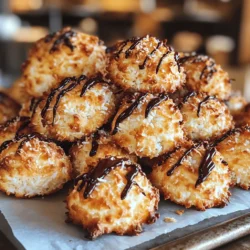 - Unsweetened shredded coconut: 3 cups - Sweetened condensed milk: 1 cup - Pure vanilla extract: 1 teaspoon - Almond extract: 1/4 teaspoon - Large egg whites: 2 - Sea salt: 1/4 teaspoon - Optional: Dark chocolate chips for drizzling Coconut macaroons need simple, yet key ingredients for that perfect taste. Unsweetened shredded coconut is the star. It gives the cookies a chewy texture. Sweetened condensed milk adds sweetness and binds everything together. The vanilla and almond extracts bring in nice flavors. Egg whites are also vital. They help create a light and fluffy texture. The sea salt balances the sweetness and enhances flavors. For a fun twist, consider using dark chocolate chips. They add richness and contrast beautifully with the coconut. - Mixing bowls - Electric mixer - Rubber spatula - Cookie scoop - Baking sheet - Parchment paper Now that you have your ingredients, let’s talk about the tools. Mixing bowls are essential for combining your ingredients. An electric mixer is great for whipping egg whites to stiff peaks. Use a rubber spatula for gently folding the egg whites into the coconut mix. A cookie scoop makes forming the cookies easy and uniform. The baking sheet is where the magic happens. Finally, parchment paper helps with easy cleanup and prevents sticking. With these ingredients and tools, you’re ready to make delicious coconut macaroons! For the full recipe, you can refer to "Coconut Joyous Macaroons." - Preheat your oven to 325°F (160°C). - Line the baking sheet with parchment paper. This step is key. Preheating helps the cookies rise and bake evenly. The parchment paper makes it easy to lift the cookies off the tray later. - Combine shredded coconut, sweetened condensed milk, vanilla extract, almond extract, and sea salt. - Beat the egg whites until stiff peaks form. In a big bowl, mix the coconut and sweetened condensed milk. Add the extracts and salt. Stir it until thick and sticky. In another bowl, whip the egg whites with a mixer. Beat until they form stiff peaks. This makes the cookies airy and light. - Gently fold the whipped egg whites into the coconut mixture. - Scoop the mixture onto the baking sheet and bake. Carefully fold the egg whites into the coconut mix. Use a rubber spatula and go slow. This keeps the air in the whipped egg whites. Now, scoop the mix into mounds on the baking sheet. Space them out so they won’t stick. Bake them for 20-25 minutes until golden brown. Watch them closely to avoid burning. For the full recipe, check out the Coconut Joyous Macaroons. Whipping egg whites is key for light macaroons. The air you whip in makes them fluffy. You want stiff peaks. This means the egg whites can stand tall without falling. Take your time, and don't rush this step. Baking time matters too. If you want a soft center, check them at 20 minutes. For crunchier cookies, let them bake for the full 25 minutes. The tops should be golden and slightly crisp. Presentation makes a big difference. Serve your macaroons on a pretty platter. A sprinkle of sea salt or toasted coconut adds a nice touch. It makes them look special and inviting. Want more flair? Drizzle melted chocolate over the cooled cookies. Use a spoon or a piping bag for fine lines. This not only looks great but adds rich flavor. One common mistake is overmixing the batter. Be gentle when folding the egg whites in. You want to keep that air in the mixture. Overmixing can lead to flat cookies. Another mistake is spacing cookies too close on the baking sheet. Leave about an inch between each mound. This room allows them to spread a bit while baking. If they touch, they won’t bake evenly. {{image_4}} Chocolate adds a rich flavor to macaroons. Here’s how to dip them: 1. After baking the macaroons, let them cool completely. 2. Melt 1/2 cup of dark chocolate chips in a microwave-safe bowl. 3. Heat in 30-second bursts, stirring until smooth. 4. Dip the bottom half of each macaroon into the melted chocolate. 5. Place them on parchment paper to set. 6. For extra flair, drizzle chocolate over the tops after dipping. For a gluten-free treat, replace sweetened condensed milk with a dairy-free version. Use almond flour instead of any flour that may contain gluten. This way, you can enjoy these cookies while being sensitive to gluten. Always check labels to ensure all ingredients are gluten-free. Want to switch things up? Add a twist to your macaroons: - Mix in 1/4 cup of cocoa powder for a chocolatey flavor. - Alternatively, add 1 teaspoon of citrus zest, like orange or lemon, for a bright taste. These small changes can create an exciting new version of your favorite cookie. Enjoy experimenting! To keep your baked macaroons fresh, store them in an airtight container. This prevents moisture from making them soggy. Line the container with parchment paper for added protection. Keep your macaroons at room temperature to maintain their chewy texture. If you want to enjoy them later, avoid refrigerating them, as this can dry them out. Freezing macaroons is easy and great for longer storage. First, let them cool completely. Next, place them in a single layer on a baking sheet. Freeze for about 1 hour, so they firm up. After that, transfer them to a freezer-safe bag or container. Make sure to remove excess air to avoid freezer burn. Label the bag with the date, and they can last for up to three months. At room temperature, coconut macaroons stay fresh for about 5-7 days. If you store them in the fridge, they can last up to two weeks. Keep in mind that refrigeration can change their texture, making them a bit drier. For the best taste and texture, enjoy them fresh or frozen! Coconut macaroon cookies last about a week at room temperature. Store them in an airtight container. This keeps them fresh and moist. If you want them to last longer, refrigerate them. They can stay good for up to two weeks in the fridge. Just make sure to seal them well. Yes, you can make coconut macaroons without egg whites. Use aquafaba, the liquid from canned chickpeas, as a substitute. You need about three tablespoons of aquafaba for each egg white. Whip it until it forms stiff peaks, just like egg whites. This way, you still get a light and airy texture. Coconut macaroons pair well with many drinks. Try serving them with a hot cup of tea or coffee. They also go great with milk or a scoop of vanilla ice cream. For a fun twist, serve them with a tropical smoothie for a beachy vibe. Coconut macaroons have a rich history. They likely originated in Italy during the 19th century. Italian immigrants brought them to America. The cookie combines simple ingredients like coconut and sugar, making it easy to prepare. Over time, many cultures adopted and adapted the recipe. You can find pre-made coconut macaroons at many grocery stores. Brands like Baked in Color and Manischewitz offer tasty options. You can also check local bakeries for fresh macaroons. Always read reviews to find the best quality. For the complete steps and ingredients, check out the Coconut Joyous Macaroons recipe. In this post, we explored the key ingredients and equipment needed for perfect Coconut Macaroon Cookies. I shared step-by-step instructions to guide you through mixing, forming, and baking these treats. You learned tips to achieve the right texture and common mistakes to avoid. Plus, we covered fun variations and storage tips. Baking macaroons is simple and rewarding. Enjoy your delicious cookies fresh out of the oven or frozen for later. Embrace your creativity with this treat and share them with friends!