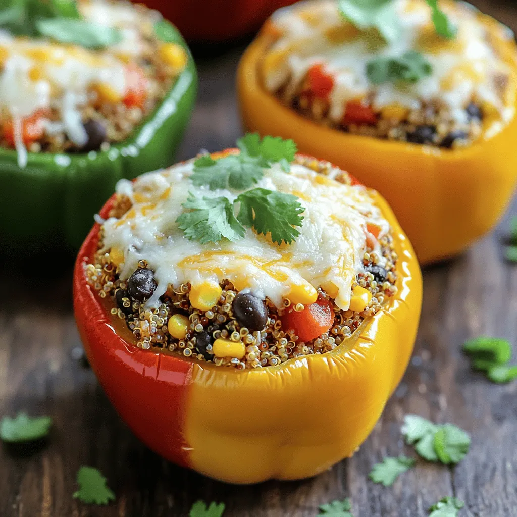 For my stuffed bell peppers, I use these fresh and healthy items: - 4 medium bell peppers (any color) - 1 cup quinoa, thoroughly rinsed - 2 cups vegetable broth - 1 can (15 oz) black beans, drained and rinsed - 1 cup corn kernels (can be fresh, frozen, or canned) - 1 cup diced tomatoes (fresh or canned, drained if canned) - ½ cup finely diced red onion - 1 clove garlic, minced - 1 cup shredded cheese (cheddar or Mexican blend preferred) These ingredients make the dish hearty and satisfying. The quinoa adds great texture, while the black beans and corn provide protein and sweetness. You can use any color of bell pepper for a fun look. The right spices can elevate your stuffed peppers. I like to include: - 1 teaspoon ground cumin - 1 teaspoon smoked paprika - ½ teaspoon chili powder - Salt and freshly ground black pepper to taste These seasonings bring warmth and depth to the dish. Ground cumin gives it an earthy taste. Smoked paprika adds a lovely smokiness, and chili powder gives just the right kick. To finish your stuffed peppers, consider adding these fresh touches: - Fresh cilantro, chopped Cilantro adds a bright flavor and color. You could also drizzle olive oil or squeeze lime juice over the top. These small details make the dish even more inviting. For the complete recipe, check out the Full Recipe section. Start by getting everything ready. Preheat your oven to 375°F (190°C). This helps the peppers cook just right. Next, wash your bell peppers. Cut off the tops and take out the seeds. You can chop the tops for extra filling if you want. This adds more flavor to your dish. In a medium pot, combine 1 cup of rinsed quinoa with 2 cups of vegetable broth. Bring it to a boil over medium-high heat. Once it boils, turn the heat down and cover it. Let it simmer for about 15 minutes. The quinoa will become fluffy, and the broth will be soaked up. This step makes the base for your filling. In a big bowl, mix the cooked quinoa with black beans, corn, diced tomatoes, and spices. Add salt and pepper to taste. Stir everything well. Now, take your bell peppers and fill them with the quinoa mix. Pack it in tightly. Place the stuffed peppers upright in a baking dish. Top each pepper with shredded cheese for a tasty finish. Cover the dish with foil and bake for 25 minutes. Remove the foil and bake for another 10 to 15 minutes. The peppers should be tender, and the cheese should be bubbling. Let it cool a bit, then garnish with fresh cilantro. Enjoy your delicious stuffed peppers! You can find the Full Recipe above. To cook quinoa perfectly, rinse it well before use. This removes the bitter coating called saponin. Use a ratio of one cup of quinoa to two cups of vegetable broth. Bring it to a boil, then cover and simmer on low heat for about 15 minutes. Fluff it with a fork when done. This method gives you light and fluffy quinoa, perfect for our stuffed bell peppers. To avoid overcooking your bell peppers, bake them just right. First, preheat your oven to 375°F (190°C). After filling them, cover the baking dish with foil. Bake for 25 minutes covered, then remove the foil. Bake for an additional 10-15 minutes. This way, the peppers stay tender but not mushy. When it comes to cheese, you have options! Cheddar and a Mexican blend work well for melting. You can also try Monterey Jack for a creamier texture. Sprinkle the cheese generously over the stuffed peppers before baking. This will create a delicious, gooey topping that enhances the dish. {{image_4}} You can easily make stuffed peppers vegetarian or vegan. For vegetarian, use cheese in the filling. This adds a creamy texture and flavor. If you want vegan, skip the cheese and use nutritional yeast for a cheesy taste. You can also add more veggies like mushrooms or zucchini. These changes keep the dish healthy and tasty. If you want to add meat, ground turkey or chicken works well. Cook the meat before mixing it with the quinoa filling. You can also use beef or pork for a heartier meal. Just remember to season the meat well to enhance the flavor. Mixing meat with quinoa keeps everything balanced and satisfying. Quinoa is great, but you can use other grains too. Brown rice or farro are excellent choices. They give a nice texture and flavor. Make sure to cook them according to package directions. If you want something gluten-free, try millet or rice. Each grain adds its own unique taste to your stuffed peppers. For the full recipe, check out the details above! Store leftover stuffed peppers in an airtight container. Be sure to let them cool first. Place the container in the fridge. They will stay fresh for about 3 to 5 days. If you want to keep them longer, freezing is a better option. When you're ready to eat again, preheat your oven to 350°F (175°C). Place the stuffed peppers in a baking dish. Add a few drops of water to keep them moist. Cover with foil to prevent drying. Heat for about 20 minutes or until warm. You can also use a microwave for quick reheating. Heat on high for 2 to 3 minutes. Remember to check if they are hot all the way through. To freeze stuffed peppers, first let them cool completely. Wrap each pepper tightly in plastic wrap. Then, place them in a freezer bag or container. They can be frozen for up to 3 months. When you're ready to enjoy, thaw them in the fridge overnight. Follow the reheating tips above for best results. For the full recipe, check out the section that details how to make these tasty stuffed peppers. You can try rice or couscous as a base. Both options work well. If you want more protein, use lentils. You could also swap quinoa with farro or barley for a chewy texture. Each grain adds its own flavor and makes the dish unique. Feel free to experiment with what you have on hand. Yes, you can prepare the filling a day before. Store it in the fridge until you are ready to cook. You can also stuff the peppers and keep them covered in the fridge. Just bake them when you want to eat. If you make them ahead, you might need to add a few extra minutes to the baking time. Check the peppers after baking for 35-40 minutes. They should feel soft when you poke them. You can also look for the cheese to be bubbly and slightly golden. If the peppers are still firm, let them bake a bit longer. Enjoy the wait; the aroma will fill your kitchen! Stuffed bell peppers are simple and fun to make. We covered the key ingredients, cooking steps, and many tips to get it right. Also, I shared variations that fit different diets. Storing leftovers can save you time later. Remember, cooking is about trying new things. Use this guide to create your own tasty meals. Enjoy the process and make it your own. Happy cooking!