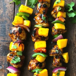 - 1 lb (450g) boneless chicken thighs - 2 tablespoons Jamaican jerk seasoning - 1 tablespoon olive oil - 1 tablespoon soy sauce - Juice of 1 lime - 1 bell pepper, cut into 1-inch chunks - 1 red onion, cut into wedges - 1 ripe mango, cut into 1-inch cubes - Salt and pepper, to taste - Fresh cilantro, chopped The main ingredients create a balance of flavors. The chicken thighs provide juicy meat, while the jerk seasoning adds a spicy kick. The soy sauce helps tenderize the chicken, and lime juice gives a fresh zing. The bell pepper and onion add crunch and color. Sweet mango cubes bring a lovely contrast. - Mixing bowl - Grill or grill pan - Skewers (wooden or metal) - Spatula To cook these skewers, you'll need some simple tools. A mixing bowl helps you marinate the chicken well. A grill or grill pan is essential for that charred taste. Use skewers to hold the chicken and veggies together. A spatula helps with flipping skewers while grilling. - Lime wedges - Extra cilantro Garnishes add a nice touch. Lime wedges give a fresh burst when squeezed over the skewers. Extra cilantro not only looks great, but it also enhances the taste. You can place them on the side for guests to add as they like. For the full recipe, check out the details provided. Enjoy making your Caribbean Jerk Chicken Skewers! To start, we need to prepare the marinade. In a large mixing bowl, whisk together the jerk seasoning, olive oil, soy sauce, and lime juice. This mixture is full of flavor. It brings a taste of the Caribbean right to your kitchen. Next, it's time to coat the chicken. Cut your boneless chicken thighs into bite-sized pieces. Add them to the marinade, making sure each piece is well-coated. I like to use my hands for this part. Cover the bowl with plastic wrap and put it in the fridge. Let it marinate for at least 30 minutes. If you have more time, let it sit for up to 4 hours for better flavor. Now, let’s skewer the ingredients. After the chicken has marinated, grab your skewers. If you're using wooden ones, soak them in water for 30 minutes. This helps prevent burning on the grill. Carefully thread the marinated chicken onto the skewers. Alternate the chicken with bell pepper chunks, red onion wedges, and mango cubes. This adds color and sweetness to your dish. Once they are all on the skewers, season them lightly with salt and pepper. This extra touch enhances the flavors. It’s grilling time! Preheat your grill or grill pan to medium heat. This ensures a nice char on your skewers. Place the skewers on the grill for about 10-12 minutes. Turn them occasionally to ensure even cooking. You want the chicken to cook through and develop a slight char. This gives it that authentic grilled taste. After cooking, let the skewers rest for a few minutes. This helps the juices redistribute, making each bite juicy and tender. Just before serving, garnish with fresh cilantro. It adds a pop of color and flavor. Enjoy your Caribbean Jerk Chicken Skewers! For the full recipe, check out the details above. To get the best flavor, marination is key. I recommend marinating your chicken for at least 30 minutes. For a richer taste, try to marinate for 4 hours. This allows the jerk seasoning to soak in well. When it comes to jerk seasoning, you can use store-bought or make your own. Look for blends that include allspice, thyme, and scotch bonnet peppers. These flavors bring the heat and zest that make jerk chicken special. Preventing your skewers from burning is easy. If you use wooden skewers, soak them in water for 30 minutes before grilling. This keeps them from catching fire. To check if your chicken is done, look for an internal temperature of 165°F (75°C). Cut a piece open; the chicken should be white and the juices clear. For serving, arrange your skewers on a large platter. It looks inviting and colorful. Add lime wedges around the skewers for a fresh touch. Garnish with chopped cilantro on top. This adds a bright color and enhances the dish's flavor. For a fun twist, you can also serve with extra mango chunks on the side. For the full recipe, check out the earlier section. Enjoy creating this tasty dish! {{image_4}} You can switch up the meat for your skewers. Try shrimp or pork if you want. These options add new flavors and textures. Each meat absorbs the jerk seasoning well. You can also change the vegetables you use. Instead of bell peppers, try zucchini or cherry tomatoes. They add color and taste. You could even use pineapple for a sweet twist. If you don’t have a grill, you can bake these skewers. Preheat your oven to 400°F (200°C). Place the skewers on a baking sheet lined with parchment paper. Bake for about 20 minutes or until the chicken is done. An air fryer also works great for these skewers. Set it to 375°F (190°C) and cook for 10-12 minutes. This method gives you a nice char and keeps the chicken juicy. Feel free to mix in spices from other cuisines. Adding cumin or smoked paprika can bring a new flavor. You can also try using a marinade from Thai or Indian cooking for a unique taste. Experiment with different marinades too. A soy sauce and ginger mix can work well. You might even want to try a lime and garlic blend for a fresh twist. For the full recipe, check out the detailed steps above! To store your leftover Caribbean jerk chicken skewers, let them cool first. Then, place them in an airtight container. This keeps them fresh for about three days in the fridge. When you're ready to eat, you can reheat them in the oven or microwave. For the oven, heat at 350°F (175°C) for about 10 minutes. For the microwave, heat in short bursts until warm. This keeps the chicken juicy and tasty. If you want to prepare skewers ahead of time, you can freeze them. After marinating, thread the chicken and veggies onto skewers. Wrap them well in plastic wrap and place them in a freezer bag. They can last up to three months. To marinate in advance, mix the jerk seasoning, olive oil, soy sauce, and lime juice. Coat the chicken and store it in the fridge for up to four hours. This makes for quick cooking on busy days. To check the freshness of your skewers, look for color and smell. Fresh chicken should be pink, and the veggies should be bright. If you notice any off smells or slimy textures, it’s best to toss them. Always trust your senses when it comes to food safety. You should marinate the chicken for at least 30 minutes. This time allows the flavors to soak in. For the best taste, aim for 4 hours. The longer marinating time helps the chicken absorb all the spices. If you can, do it overnight for even better flavor. Yes, you can use chicken breast. However, chicken thighs have more fat, which gives a juicier bite. Chicken breasts can dry out faster on the grill. If you choose breasts, watch the cooking time closely. Adjust your grill time to keep them moist. You can serve jerk chicken skewers with rice and peas. A fresh salad adds a nice crunch. Grilled corn on the cob is also a great choice. For drinks, try a fruity punch or a cold beer. These sides enhance the smoky, spicy flavors of the skewers. For the full recipe, check out the link. In this post, I covered how to make delicious Caribbean jerk chicken skewers. We talked about key ingredients like chicken thighs and jerk seasoning. You learned about the right equipment and optional garnishes. I also shared step-by-step instructions, tips for flavor, and different cooking methods. Remember, marination and grilling bring out the best taste. Try swapping ingredients for fun variations. Enjoy these skewers at your next meal or gathering. Your friends and family will love them!