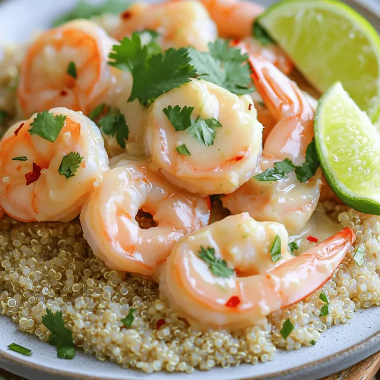 - 1 lb large shrimp, peeled and deveined - 1 cup full-fat coconut milk - 1 tablespoon lime zest (from about 2 limes) - 2 tablespoons freshly squeezed lime juice - 2 cloves garlic, finely minced - 1 tablespoon fresh ginger, finely grated - 1 tablespoon honey (or maple syrup for a vegan option) - 1 teaspoon red pepper flakes (optional) - Fresh cilantro leaves, chopped, for garnish - Cooked rice or quinoa, for serving When you gather your ingredients, focus on quality. Choose large shrimp for the best texture. Fresh garlic and ginger bring bright flavors. I often use full-fat coconut milk for a creamy finish. The lime zest and juice add a zesty punch that makes this dish shine. If you want a touch of heat, the red pepper flakes work well. You can adjust the amount based on your taste. For a vegan twist, use maple syrup instead of honey. This dish is adaptable to your preferences. By prepping these ingredients, you set the stage for a dish that feels tropical and refreshing. The blend of coconut and lime makes for a delightful taste that transports you to sunny shores. Check out the Full Recipe for detailed steps on how to bring it all together! In a medium bowl, you will whisk together the following ingredients: - 1 cup full-fat coconut milk - 1 tablespoon lime zest (from about 2 limes) - 2 tablespoons freshly squeezed lime juice - 2 cloves garlic, finely minced - 1 tablespoon fresh ginger, finely grated - 1 tablespoon honey (or maple syrup for a vegan option) - 1 teaspoon red pepper flakes (adjust to your liking) Make sure to mix these well. The goal is to create a rich, flavorful marinade that will soak into the shrimp. Next, gently fold 1 lb of large, peeled, and deveined shrimp into your marinade. Ensure that each shrimp is well coated. Cover the bowl with plastic wrap and refrigerate for 20-30 minutes. This step allows all the flavors to blend beautifully and infuse into the shrimp. Now, heat 2 tablespoons of extra-virgin olive oil in a large skillet over medium-high heat. Once the oil shimmers, add the marinated shrimp to the skillet. Discard any leftover marinade. Cook the shrimp for about 2-3 minutes on each side. They should turn bright pink and opaque when ready. Be careful not to overcook them, as shrimp can become rubbery if left too long. Once cooked, season the shrimp with sea salt and freshly cracked black pepper to taste. Serve them over warm cooked rice or quinoa. Enjoy the savory tropical flavor of this Coconut Lime Shrimp dish! For a full recipe, check out the complete guide. Monitoring the cooking time is key. Cook shrimp for just 2-3 minutes on each side. The shrimp will turn bright pink and opaque when done. If you cook them too long, they will be rubbery. Keep a close watch to avoid this common mistake. Want to boost the taste? Add extra lime juice or zest right before serving. This extra zing will make your Coconut Lime Shrimp even more vibrant. The fresh lime brings out the best in the dish. Serve your Coconut Lime Shrimp in bright bowls for a fun look. Add lime wedges on the side for a pop of color. A sprinkle of extra lime zest on top makes it even more appealing. This not only looks great but also makes the dish smell lovely. For the full recipe, check the details above to create this eye-catching meal. {{image_4}} You can make a fun twist with this dish by turning it into tacos. Just take the cooked shrimp and place it in soft or hard taco shells. Top them with fresh ingredients like shredded cabbage, diced tomatoes, and avocado. This adds a crunchy texture and bright flavors. The cool toppings balance the warm shrimp, making each bite a delight. Want to make your meal healthier? Add vegetables! Bell peppers, snap peas, and zucchini work well with this shrimp dish. These veggies not only boost nutrition but also add color and crunch. Chop them up and mix them in while cooking. You can also serve them on the side for extra freshness. If you like heat, you can spice up your coconut lime shrimp. Try adding more red pepper flakes to the marinade. You can also toss in chopped jalapeños for a fiery kick. Adjust the spice level to your taste, and enjoy the bold flavors that come through in every bite. Keep cooked shrimp in an airtight container in the fridge for up to 2 days. This helps keep them fresh. If you want to enjoy them later, make sure to seal them well. This will prevent any odors from mixing with the shrimp. You can freeze marinated shrimp before cooking for up to 1 month. This is a great way to save time. Just make sure to use a freezer-safe bag or container. Label it with the date so you know when you froze it. Reheat gently in a skillet over low heat to avoid toughness. If you cook shrimp too fast, they can turn rubbery. Keep an eye on them while reheating. Stir them gently until warm. This way, they stay juicy and tender. For more flavor, add a splash of lime juice while reheating. Enjoy this Coconut Lime Shrimp with rice or quinoa for a great meal. Shrimp is done when it turns bright pink and opaque. When you cook shrimp, watch for this change in color. If it looks gray or translucent, it needs more time. Overcooked shrimp can get tough, so keep an eye on it. Cooking usually takes just 2-3 minutes per side. This short cooking time helps keep shrimp juicy and tender. Yes, just ensure it's thawed before marinating. When using frozen shrimp, plan ahead. Thaw it overnight in the fridge or place it in a bowl of cold water for quick thawing. Pat it dry before adding it to your marinade. This helps the flavors stick better. Frozen shrimp can be just as tasty as fresh shrimp. This dish pairs well with rice, quinoa, or fresh salad. The creamy coconut and tangy lime flavors balance well with grains. You can serve the shrimp over a bed of warm rice or fluffy quinoa. For a lighter option, a fresh salad with citrus dressing works great too. You can find the full recipe [here](#). Coconut lime shrimp offers a bright, bold flavor. This dish uses simple, fresh ingredients. You marinate shrimp, cook it quickly, and serve it with rice. You can make tacos or add veggies, too. Storing leftovers is easy, allowing flexibility for meals. Enjoy this recipe as a tasty addition to your meals. The steps are simple and fun. Flavor and creativity make cooking enjoyable, so try it out!