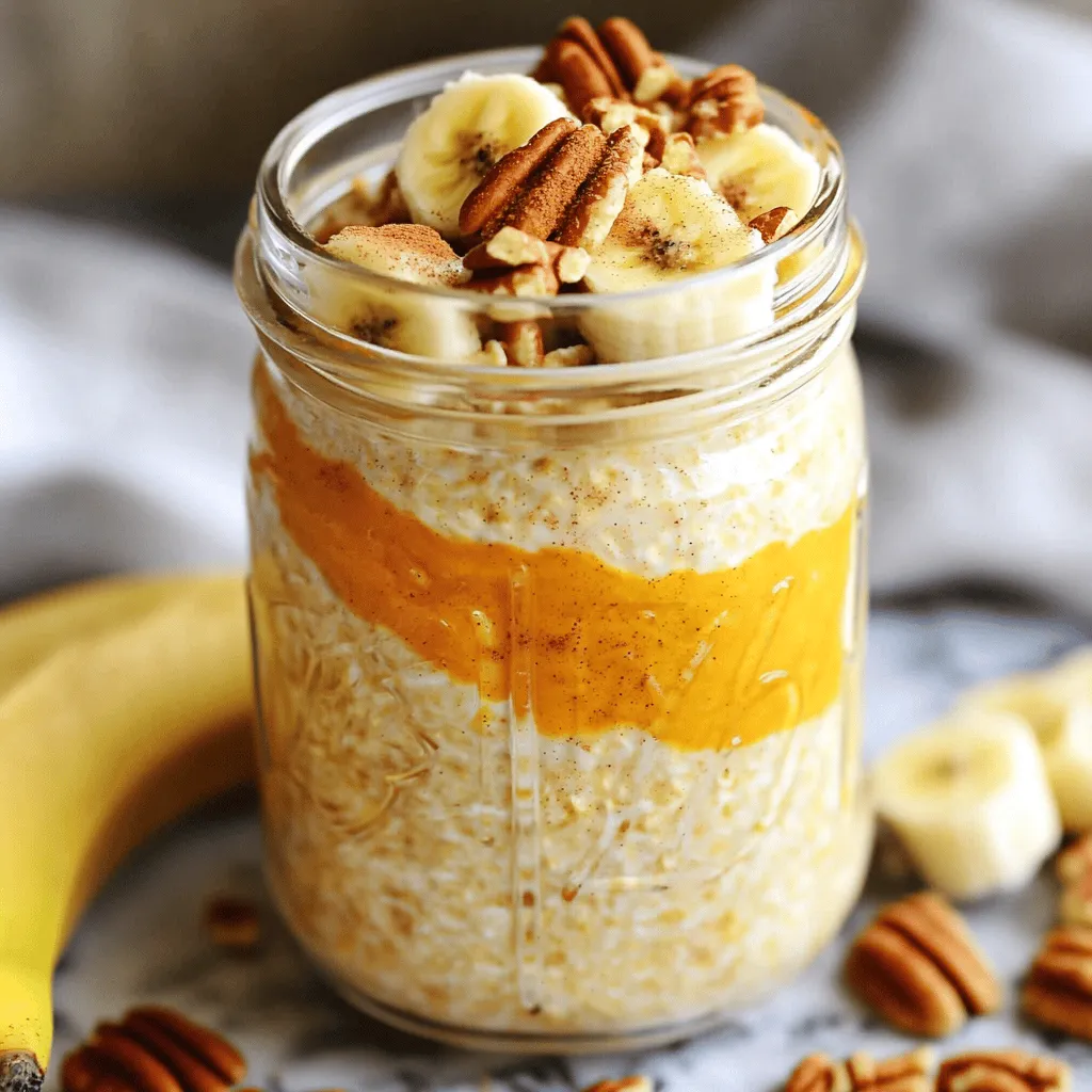 To make pumpkin spice overnight oats, you need a few key ingredients. Here’s what you will need: - 1 cup rolled oats - 1 cup unsweetened almond milk (or any milk of your choice) - ½ cup pumpkin puree - 2 tablespoons chia seeds - 2 tablespoons maple syrup (or honey for sweetness) - 1 teaspoon pure vanilla extract - 1 teaspoon pumpkin pie spice - ¼ teaspoon salt Each ingredient plays a role. Rolled oats provide the base and add fiber. Almond milk keeps it creamy. Pumpkin puree gives the dish a rich flavor and color. Chia seeds boost nutrition and help with texture. Maple syrup adds sweetness, while vanilla and spices create warmth. You can add toppings to make your oats even better. Here are some tasty options: - Chopped pecans - Sliced banana - A dollop of yogurt for extra creaminess These toppings add crunch and taste. You can mix and match them based on your mood or what you have at home. Pumpkin spice overnight oats are not just delicious; they are also good for you. Here are some benefits: - High in fiber, which helps digestion - Rich in vitamins A and C from pumpkin - Healthy fats from chia seeds - Good source of protein if you add yogurt This meal keeps you full and satisfied. It’s great for breakfast or a snack. With the Full Recipe, you can whip this up in just ten minutes! Making pumpkin spice overnight oats is quick and easy. You only need about ten minutes. This recipe gives you two servings. It's perfect for busy mornings or a quick snack. Start by gathering your ingredients. You will need: - 1 cup rolled oats - 1 cup unsweetened almond milk (or any milk of your choice) - ½ cup pumpkin puree - 2 tablespoons chia seeds - 2 tablespoons maple syrup (or honey) - 1 teaspoon pure vanilla extract - 1 teaspoon pumpkin pie spice - ¼ teaspoon salt In a medium bowl, add all the ingredients. Use a whisk to mix everything well. Make sure there are no clumps. The mix should be smooth and thick. Next, divide the mixture into two jars or airtight containers. Seal them tightly. Place the jars in the refrigerator for at least four hours. Overnight is best. This step lets the oats soften and soak up the flavors. When you are ready to eat, take the jars out. Give the oats a stir. If they feel too thick, add a splash of almond milk. Enjoy your pumpkin spice overnight oats! This recipe is a tasty way to start your day or satisfy your hunger. You can find more details in the Full Recipe. To get the best texture for your pumpkin spice overnight oats, choose rolled oats. Rolled oats soak up liquid well, giving a creamy feel. Make sure to mix the oats and liquids well. This helps prevent clumps. Let the oats sit for at least four hours, but overnight is best. This allows them to absorb all flavors. You can adjust the sweetness to your taste. Start with two tablespoons of maple syrup. If you like it sweeter, add more. Honey is a great alternative for sweetness too. For a fun twist, try adding a mashed banana. This gives natural sweetness and a nice creamy touch. Meal prep can be quick and easy. Make a larger batch to last the week. You can double the Full Recipe and store extra jars in the fridge. This way, you have breakfast ready for busy mornings. Use mason jars for easy storage. They keep the oats fresh and are easy to grab on the go. {{image_4}} You can easily make pumpkin spice overnight oats dairy-free and vegan. Use almond milk or coconut milk instead of regular milk. Both options give a nice flavor. For sweetness, use maple syrup or agave. These choices keep your oats plant-based and delicious. Pumpkin spice is just the start. You can add different spices for fun. Try cinnamon or nutmeg to change the taste. Want something fruity? Add diced apples or berries. If you like nuts, mix in walnuts or almonds for crunch. You can even swap the pumpkin for sweet potato puree or mashed banana. Making your oats more nutritious is simple. Add chia seeds for fiber and omega-3s. You can mix in flaxseed for more health benefits. If you want protein, try stirring in Greek yogurt or protein powder. This boosts the meal and keeps you feeling full longer. To keep your pumpkin spice overnight oats fresh, use airtight containers. Glass jars work great. Always seal them tightly before placing them in the fridge. This helps avoid any smells and keeps the oats creamy. If you make a big batch, divide it into portions. This makes it easy to grab a jar on busy mornings. Pumpkin spice overnight oats can last up to five days in the fridge. After that, they may lose flavor or texture. To check freshness, look for any signs of separation or off smells. If they seem thick, add a splash of almond milk. This helps bring them back to life. You can eat your overnight oats cold or warm them up. If you prefer warm oats, place the jar in the microwave for 30 seconds. Stir and check the temperature before eating. Top with chopped pecans, banana slices, or yogurt for added flavor. Remember, you can find the full recipe above to guide you in making these tasty oats! Yes, you can use quick oats. They absorb liquid faster than rolled oats. This means they will become softer and mushier. If you prefer a thicker texture, I suggest sticking with rolled oats. They hold their shape better and give a nice chew. Pumpkin spice overnight oats last up to five days in the fridge. Store them in airtight containers to keep them fresh. Make sure to stir well before eating. If they become too thick, just add a splash of milk. Yes, you can add protein powder for extra nutrition. Just mix one scoop into the ingredients. It will blend well with the oats and pumpkin. Adjust the liquid if needed to ensure the oats stay creamy. For more details, check the Full Recipe. In this post, we explored how to make pumpkin spice overnight oats. We covered key ingredients, optional toppings, and their nutritional benefits. I provided step-by-step instructions for preparing, mixing, and storing oats. We also shared tips for texture, sweetness, and time-saving tricks. You learned about variations, storage best practices, and answered common questions. Pumpkin spice oats are easy, tasty, and healthy. Enjoy your new breakfast!