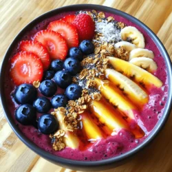 To make a tasty berry smoothie bowl, gather these ingredients: - 1 ripe frozen banana - 1 cup mixed berries (blueberries, strawberries, raspberries) - 1/2 cup Greek yogurt (or dairy-free alternative) - 1/2 cup almond milk (or milk of choice) - 1 tablespoon chia seeds - 1 tablespoon honey or maple syrup (optional) - Recommended toppings: sliced fruits, granola, shredded coconut, hemp seeds These ingredients blend well together. The frozen banana gives a creamy texture. The mixed berries add vibrant flavors and bright colors. Greek yogurt boosts protein, while almond milk keeps it smooth. Chia seeds provide extra nutrients and fiber. You can change the toppings based on what you like. Fresh fruits add a pop of color. Granola adds a nice crunch. Shredded coconut brings a tropical taste. Hemp seeds give a boost of healthy fats. For the full recipe, check the Berry Bliss Smoothie Bowl 🥥 section. Enjoy creating your own berry-filled masterpiece! To start, grab your ripe banana. Peel it and slice it into smaller pieces. Freezing the banana helps make your smoothie bowl creamy. Next, prepare your mixed berries. You can use fresh or frozen berries. If using fresh berries, wash them well. If frozen, just toss them into your blender. Make sure to measure your ingredients. This step ensures a smooth blend. Place the banana and berries into your blender first. Then add Greek yogurt, almond milk, and chia seeds. Now it's time to blend! Set the blender on high speed. Blend until everything is smooth. If you notice chunks, stop and scrape down the sides. Blend again until the mixture is creamy. After blending, taste your smoothie. If you like it sweeter, add honey or maple syrup. Blend briefly to mix in the sweetener. Check the consistency; it should be thick but pourable. Pour your smoothie into a wide, shallow bowl. This shape helps show off your toppings. Aim for a thick texture that holds the toppings well. Now for the fun part—layering your toppings! Start with sliced fresh fruits. Arrange them in colorful patterns. Next, sprinkle on granola for some crunch. Add shredded coconut for a tropical twist. Finally, a few hemp seeds give you extra nutrients. For a final touch, drizzle honey over the top. Garnish with whole berries or a mint leaf. This makes your smoothie bowl look amazing and appetizing! To make your smoothie bowl creamy, always use a frozen banana. It acts like ice cream, giving a thick and rich texture. If you don’t have a frozen banana, try adding avocado or silken tofu. These help create a smooth blend and add healthy fats. You can mix in other fruits to change the taste. Try mango for a tropical twist or spinach for extra greens. Adjust the sweetness by adding more honey or maple syrup, but do it slowly. Taste as you go to find your perfect balance. Make your bowl look great by using a wide dish. Arrange toppings in fun patterns. For a pop of color, add bright fruit slices on top. Use crunchy granola and a sprinkle of coconut to create texture. A mint leaf can add a fresh touch, too! For the full recipe, check out the Berry Bliss Smoothie Bowl. {{image_4}} You can easily make your berry smoothie bowl vegan. Start by swapping Greek yogurt with a dairy-free yogurt. Look for options made from almonds, coconuts, or cashews. These alternatives give you a creamy texture without dairy. For milk, use almond milk, coconut milk, or oat milk. Each type adds a unique flavor. Choose the one you like best. This makes your smoothie bowl both tasty and vegan-friendly. If you need a gluten-free option, check your toppings. Ensure they are marked gluten-free. Many granolas contain gluten, so look for gluten-free granola brands. These choices keep your smoothie bowl safe for gluten-free diets. Popular brands often use oats or nuts as a base. Using seasonal fruits can brighten your smoothie bowl. In spring, try fresh strawberries. In summer, add delicious blueberries or raspberries. Fall may bring blackberries into the mix. If berries are out of season, use frozen ones. They still pack a punch of flavor. You can also mix in other fruits like bananas or mangoes. These add sweetness and create a fun twist on your classic berry smoothie bowl. Get creative and enjoy experimenting with different flavors! To keep your berry smoothie bowl fresh, store it in the fridge. Use an airtight container. This keeps the flavors bright and the texture smooth. Try to eat leftovers within one day. If you have extra smoothie, you can freeze it. Pour it into ice cube trays for easy portioning. Once frozen, store cubes in a freezer bag. You can enjoy your smoothie bowl cold or at room temperature. If you want it warm, heat it gently in the microwave. Use short bursts of heat to avoid cooking it. Stir it well to keep the taste and texture smooth. You want to keep it creamy, not hot. Choose glass or BPA-free plastic containers for storing your smoothie. These materials help keep the taste fresh. Avoid using metal containers, as they can change the flavor. To prevent freezer burn, squeeze out extra air from your freezer bag. This helps keep your smoothie bowl delicious for later use. To make a thicker smoothie bowl, focus on two key factors: blend time and ingredient ratios. Start with more frozen fruit, like a ripe banana or mixed berries. Frozen fruits add creaminess and volume. Blend less and scrape the sides often. This avoids over-blending, which can make it too runny. If it's too thin, add more frozen ingredients or chia seeds. Chia seeds absorb liquid and help thicken the mixture. Yes, you can absolutely use frozen berries! In fact, frozen berries often work better in smoothie bowls. They add chill and make your bowl thick and creamy. Fresh berries can also be used, but they may not provide the same texture. If you use frozen berries, there’s no need for ice, which can dilute flavor. Just make sure to blend them well for a smooth consistency. Berry smoothie bowls pack a healthy punch! Berries are rich in vitamins and antioxidants. They can help fight inflammation and boost your immune system. Greek yogurt adds protein and probiotics for gut health. Chia seeds contribute fiber, omega-3 fatty acids, and additional protein. This balanced mix gives you energy and keeps you full longer. Each bite is not just delicious but nourishing too! Customizing your smoothie bowl is easy! If you need a vegan option, swap Greek yogurt for dairy-free yogurt. Use almond milk or any plant-based milk. For gluten-free diets, ensure your granola is certified gluten-free. You can also add nut butters for extra protein or switch up fruits based on your tastes. This way, you can enjoy a berry smoothie bowl that fits your needs. For a full recipe, check out the Berry Bliss Smoothie Bowl! A berry smoothie bowl is simple and fun to make. You learned about fresh ingredients, step-by-step blending, and creative toppings. I shared tips for creaminess and flavor. You can customize it easily for your diet. Remember to store any leftovers properly for later enjoyment. Enjoy this colorful and healthy treat, as it offers great nutrition. Dive into your own variations and share your creations!