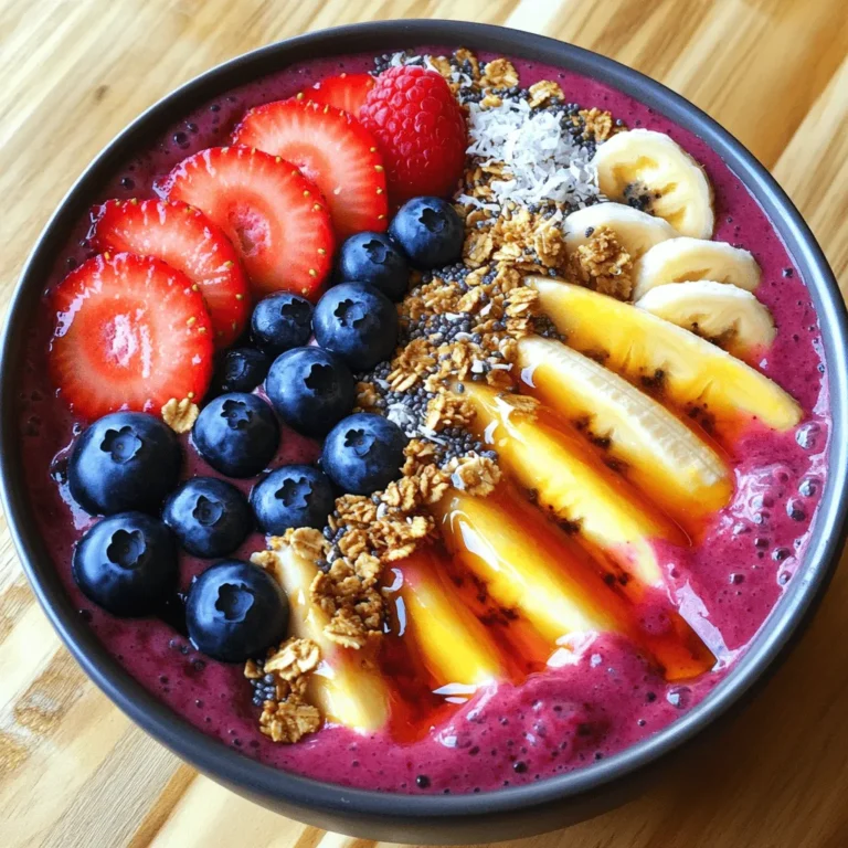 To make a tasty berry smoothie bowl, gather these ingredients: - 1 ripe frozen banana - 1 cup mixed berries (blueberries, strawberries, raspberries) - 1/2 cup Greek yogurt (or dairy-free alternative) - 1/2 cup almond milk (or milk of choice) - 1 tablespoon chia seeds - 1 tablespoon honey or maple syrup (optional) - Recommended toppings: sliced fruits, granola, shredded coconut, hemp seeds These ingredients blend well together. The frozen banana gives a creamy texture. The mixed berries add vibrant flavors and bright colors. Greek yogurt boosts protein, while almond milk keeps it smooth. Chia seeds provide extra nutrients and fiber. You can change the toppings based on what you like. Fresh fruits add a pop of color. Granola adds a nice crunch. Shredded coconut brings a tropical taste. Hemp seeds give a boost of healthy fats. For the full recipe, check the Berry Bliss Smoothie Bowl 🥥 section. Enjoy creating your own berry-filled masterpiece! To start, grab your ripe banana. Peel it and slice it into smaller pieces. Freezing the banana helps make your smoothie bowl creamy. Next, prepare your mixed berries. You can use fresh or frozen berries. If using fresh berries, wash them well. If frozen, just toss them into your blender. Make sure to measure your ingredients. This step ensures a smooth blend. Place the banana and berries into your blender first. Then add Greek yogurt, almond milk, and chia seeds. Now it's time to blend! Set the blender on high speed. Blend until everything is smooth. If you notice chunks, stop and scrape down the sides. Blend again until the mixture is creamy. After blending, taste your smoothie. If you like it sweeter, add honey or maple syrup. Blend briefly to mix in the sweetener. Check the consistency; it should be thick but pourable. Pour your smoothie into a wide, shallow bowl. This shape helps show off your toppings. Aim for a thick texture that holds the toppings well. Now for the fun part—layering your toppings! Start with sliced fresh fruits. Arrange them in colorful patterns. Next, sprinkle on granola for some crunch. Add shredded coconut for a tropical twist. Finally, a few hemp seeds give you extra nutrients. For a final touch, drizzle honey over the top. Garnish with whole berries or a mint leaf. This makes your smoothie bowl look amazing and appetizing! To make your smoothie bowl creamy, always use a frozen banana. It acts like ice cream, giving a thick and rich texture. If you don’t have a frozen banana, try adding avocado or silken tofu. These help create a smooth blend and add healthy fats. You can mix in other fruits to change the taste. Try mango for a tropical twist or spinach for extra greens. Adjust the sweetness by adding more honey or maple syrup, but do it slowly. Taste as you go to find your perfect balance. Make your bowl look great by using a wide dish. Arrange toppings in fun patterns. For a pop of color, add bright fruit slices on top. Use crunchy granola and a sprinkle of coconut to create texture. A mint leaf can add a fresh touch, too! For the full recipe, check out the Berry Bliss Smoothie Bowl. {{image_4}} You can easily make your berry smoothie bowl vegan. Start by swapping Greek yogurt with a dairy-free yogurt. Look for options made from almonds, coconuts, or cashews. These alternatives give you a creamy texture without dairy. For milk, use almond milk, coconut milk, or oat milk. Each type adds a unique flavor. Choose the one you like best. This makes your smoothie bowl both tasty and vegan-friendly. If you need a gluten-free option, check your toppings. Ensure they are marked gluten-free. Many granolas contain gluten, so look for gluten-free granola brands. These choices keep your smoothie bowl safe for gluten-free diets. Popular brands often use oats or nuts as a base. Using seasonal fruits can brighten your smoothie bowl. In spring, try fresh strawberries. In summer, add delicious blueberries or raspberries. Fall may bring blackberries into the mix. If berries are out of season, use frozen ones. They still pack a punch of flavor. You can also mix in other fruits like bananas or mangoes. These add sweetness and create a fun twist on your classic berry smoothie bowl. Get creative and enjoy experimenting with different flavors! To keep your berry smoothie bowl fresh, store it in the fridge. Use an airtight container. This keeps the flavors bright and the texture smooth. Try to eat leftovers within one day. If you have extra smoothie, you can freeze it. Pour it into ice cube trays for easy portioning. Once frozen, store cubes in a freezer bag. You can enjoy your smoothie bowl cold or at room temperature. If you want it warm, heat it gently in the microwave. Use short bursts of heat to avoid cooking it. Stir it well to keep the taste and texture smooth. You want to keep it creamy, not hot. Choose glass or BPA-free plastic containers for storing your smoothie. These materials help keep the taste fresh. Avoid using metal containers, as they can change the flavor. To prevent freezer burn, squeeze out extra air from your freezer bag. This helps keep your smoothie bowl delicious for later use. To make a thicker smoothie bowl, focus on two key factors: blend time and ingredient ratios. Start with more frozen fruit, like a ripe banana or mixed berries. Frozen fruits add creaminess and volume. Blend less and scrape the sides often. This avoids over-blending, which can make it too runny. If it's too thin, add more frozen ingredients or chia seeds. Chia seeds absorb liquid and help thicken the mixture. Yes, you can absolutely use frozen berries! In fact, frozen berries often work better in smoothie bowls. They add chill and make your bowl thick and creamy. Fresh berries can also be used, but they may not provide the same texture. If you use frozen berries, there’s no need for ice, which can dilute flavor. Just make sure to blend them well for a smooth consistency. Berry smoothie bowls pack a healthy punch! Berries are rich in vitamins and antioxidants. They can help fight inflammation and boost your immune system. Greek yogurt adds protein and probiotics for gut health. Chia seeds contribute fiber, omega-3 fatty acids, and additional protein. This balanced mix gives you energy and keeps you full longer. Each bite is not just delicious but nourishing too! Customizing your smoothie bowl is easy! If you need a vegan option, swap Greek yogurt for dairy-free yogurt. Use almond milk or any plant-based milk. For gluten-free diets, ensure your granola is certified gluten-free. You can also add nut butters for extra protein or switch up fruits based on your tastes. This way, you can enjoy a berry smoothie bowl that fits your needs. For a full recipe, check out the Berry Bliss Smoothie Bowl! A berry smoothie bowl is simple and fun to make. You learned about fresh ingredients, step-by-step blending, and creative toppings. I shared tips for creaminess and flavor. You can customize it easily for your diet. Remember to store any leftovers properly for later enjoyment. Enjoy this colorful and healthy treat, as it offers great nutrition. Dive into your own variations and share your creations!