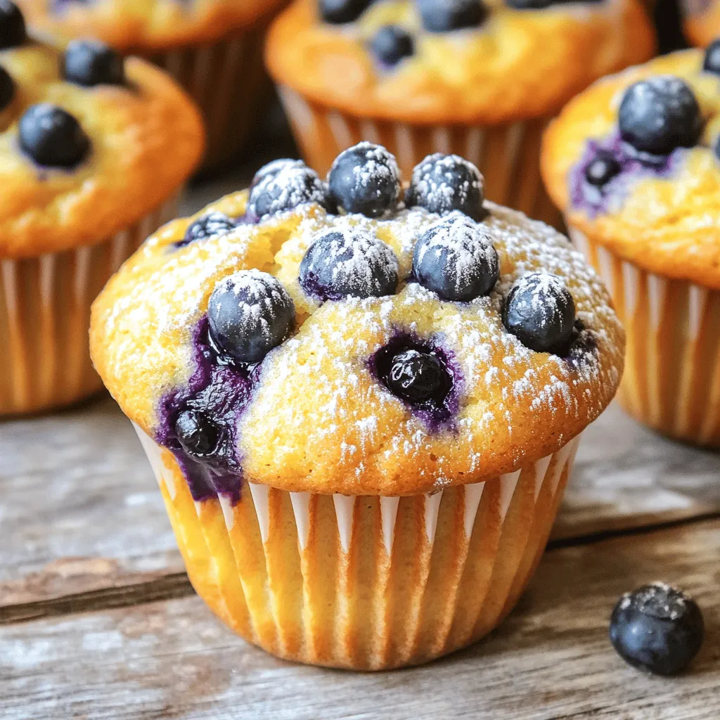 To make the best lemon blueberry muffins, gather these simple ingredients: - 1 ½ cups all-purpose flour - ½ cup granulated sugar - 2 teaspoons baking powder - ½ teaspoon baking soda - ½ teaspoon salt - 1 large lemon, zested and juiced - 1/3 cup vegetable oil - 1 large egg - ½ cup buttermilk - 1 cup fresh blueberries - 1 teaspoon pure vanilla extract - Optional: Powdered sugar These ingredients work together to create muffins that burst with flavor. The lemon zest adds a bright note. The blueberries provide sweetness and juiciness. When you combine these, you get a delightful treat. Using fresh blueberries is best, but frozen will work too. Just remember to adjust the baking time slightly if using frozen ones. Your muffins will be light and fluffy, perfect for breakfast or a snack. For a touch of sweetness, consider the optional powdered sugar. It makes your muffins look fancy and adds a nice finish. You can find the full recipe with all the steps to make these muffins a success. Enjoy! Set the temperature to 375°F (190°C). This step is key to getting your muffins just right. Line the tin with paper liners or grease it with cooking spray. This helps the muffins come out easily. Combine flour, sugar, baking powder, baking soda, and salt. Make sure to whisk them well for a uniform mix. Blend lemon juice, zest, oil, egg, buttermilk, and vanilla. Whisk until smooth. This mix brings a bright flavor to your muffins. Fold the dry and wet mixtures together gently. Mix just until no dry flour is visible. Remember, a few lumps are okay! Gently fold in fresh or frozen blueberries. This adds bursts of sweet flavor in each muffin. Fill muffin cups about two-thirds full and bake for 18-20 minutes. The muffins should rise nicely and turn golden. Cool muffins in the tin for five minutes. Then, transfer them to a wire rack. This keeps them fluffy and perfect for eating. For the full recipe, check out the complete guide on making luscious lemon blueberry muffins. To get the best texture in your muffins, avoid overmixing the batter. When you mix too much, you make the muffins dense and tough. Instead, mix just until the dry ingredients disappear. A few lumps in the batter is fine. This ensures your muffins stay light and fluffy. You can make your muffins even tastier by adding spices or more zest. A pinch of cinnamon or nutmeg can add warmth. If you love lemon, try adding more lemon zest. This extra zest will boost the fresh lemon flavor, making your muffins pop with citrus goodness. Baking at the right temperature is key to maximum rise. Preheat your oven to 375°F (190°C) to create the perfect environment. Also, fill the muffin cups about two-thirds full; this helps them rise well. Using a good-quality muffin tin can also make a big difference in how they bake. For the full recipe, check the details above. {{image_4}} You can swap buttermilk for Greek yogurt in your muffins. Greek yogurt adds creaminess and tang. It also makes the muffins moist and fluffy. Use the same amount of Greek yogurt as buttermilk. This change boosts protein and lowers fat. It’s a tasty twist worth trying! If you need a gluten-free version, use almond flour or a gluten-free blend. Almond flour gives a nice nutty flavor. It also keeps the muffins moist and tender. If you use a gluten-free blend, check the package for a 1:1 ratio. This option allows everyone to enjoy these muffins. You can add nuts or other fruits for extra flavor. Chopped walnuts or pecans add a delightful crunch. You can also mix in raspberries or strawberries for a fruity twist. Each option changes the taste while keeping the lemon and blueberry base. Experimenting can lead to your new favorite muffin! For the complete recipe, visit the [Full Recipe]. To store your lemon blueberry muffins at room temperature, place them in an airtight container. This keeps them soft and moist. You can also use a zip-top bag. Make sure the muffins are completely cool before you store them. They will stay fresh for up to three days. If you want to save muffins for later, freezing is a great option. Wrap each muffin in plastic wrap tightly. Then, place them in a freezer bag or an airtight container. This helps prevent freezer burn. You can freeze muffins for up to three months. When you are ready to eat them, just take out what you need. To warm muffins and keep them fresh, preheat your oven to 350°F (175°C). Place the muffins on a baking sheet. Heat them for about 10-15 minutes. You can also use a microwave. Just put a muffin on a plate and heat it for about 15-20 seconds. This makes them warm and soft, just like fresh-baked! Yes, you can use frozen blueberries. They work well in this recipe. Frozen berries keep their shape during baking. If you use frozen blueberries, do not thaw them first. This helps avoid a soggy muffin. Fresh blueberries are great too, but frozen are handy when fresh ones are not available. To check if your muffins are done, use a toothpick. Insert it into the center of a muffin. If it comes out clean or with a few moist crumbs, they are ready. If the toothpick has wet batter, bake a few more minutes. Keep an eye on them to avoid overbaking. You can easily swap buttermilk. Use regular milk with a splash of lemon juice or vinegar. Let it sit for 5 minutes to thicken. Another option is plain yogurt, thinned with a bit of milk. Both options keep your muffins tender and moist. To reduce sugar in the muffins, cut back on the granulated sugar. Try using only 1/3 cup instead of 1/2 cup. You can also add more lemon zest for flavor. This helps balance the sweetness without losing taste. We explored how to make tasty lemon blueberry muffins. We covered each ingredient, then shared step-by-step instructions. Tips helped you create perfect muffins with great texture. We also shared fun variations for different diets. Lastly, storage methods keep your muffins fresh longer. Now you have the knowledge to bake and enjoy delicious muffins. Happy baking!