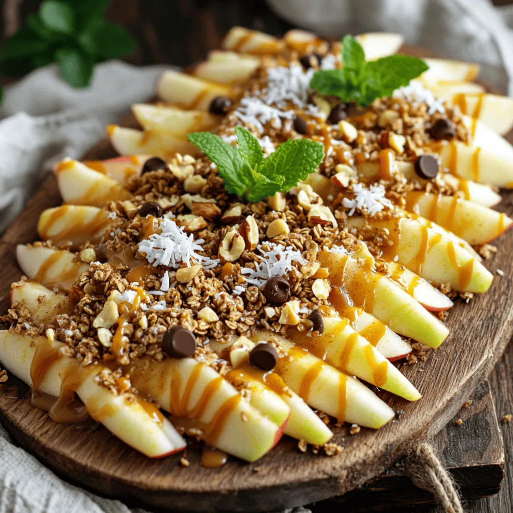 - 3 medium apples (Honeycrisp or Granny Smith) - 1 cup granola (choose your favorite blend) - 1 cup shredded coconut (optional) - 1/2 cup mini chocolate chips - 1/2 cup caramel sauce (store-bought or homemade) - 1/4 cup chopped nuts (walnuts or pecans) - 1 teaspoon ground cinnamon - Whipped cream (optional) - Fresh mint leaves (for garnish) The key to making great caramel apple nachos is using fresh and crisp apples. Honeycrisp apples are sweet and juicy. Granny Smith apples add a tart bite. Choose your favorite for the best flavor. Granola adds crunch. You can pick any blend that you love. If you want a tropical twist, add shredded coconut. It’s sweet, chewy, and fun! Mini chocolate chips give a creamy taste that pairs well with the apples. Caramel sauce is the star! You can use store-bought for ease or make your own for a special touch. Chopped nuts add a nice crunch. Walnuts and pecans work well. A sprinkle of ground cinnamon gives warmth and flavor. Whipped cream makes it extra special. Finally, fresh mint leaves add a pop of color and a fresh taste. - Caloric content per serving: About 250-300 calories - Macronutrient breakdown (approximate): - Carbohydrates: 40g - Fats: 12g - Proteins: 4g - Dietary considerations: This recipe can be gluten-free if you choose the right granola. You can also make it nut-free by skipping the nuts. This dessert is fun to make and share. You can enjoy it as a snack or a sweet treat. It’s a great way to use fresh apples in the fall or any time of year! 1. Rinse the apples under cool water. This cleans off dirt and wax. 2. Slice the apples into thin wedges. Keep the skin on for flavor and color. 3. Prepare a large serving platter. A flat surface works well for the nachos. 4. Arrange the apple slices artfully on the platter. Make it look fun and inviting. 1. Sprinkle granola over the apple wedges. Each slice should get a nice crunch. 2. If you like, add shredded coconut. It gives a sweet, tropical taste. 3. Distribute mini chocolate chips evenly. Their sweetness pairs well with the apples. 4. Drizzle caramel sauce all over the nachos. Cover as much as you can. 5. Sprinkle chopped nuts on top. Walnuts or pecans add a nice crunch. 6. Give it a light dusting of ground cinnamon. This adds warmth and flavor. 1. Drizzle whipped cream on top for extra sweetness. It makes the dish special. 2. Add fresh mint leaves as a garnish. This adds color and a fresh taste. 3. Serve immediately for the best texture. Enjoy the crisp apples and creamy toppings. 4. Use forks or just dig in with your hands. It’s a fun way to eat! For more detailed instructions, check the Full Recipe. Choosing the right apple variety For this recipe, I recommend using Honeycrisp or Granny Smith apples. Honeycrisp offers a sweet flavor, while Granny Smith gives a nice tartness. This mix makes your nachos taste amazing. Techniques for even slicing To slice apples evenly, use a sharp knife. Cut the apples in half first, then slice each half into thin wedges. Aim for about 1/4 inch thick. Keeping the skin on adds flavor and color, so don’t remove it. Suggestions for alternative toppings You can switch up the toppings to fit your taste. Try using peanut butter or yogurt instead of caramel. You can also add dried fruits like raisins or cranberries for extra sweetness. How to alter for dietary needs If you have dietary needs, make simple swaps. Use gluten-free granola for a gluten-free option. For nut-free, skip the nuts entirely or use seeds like pumpkin or sunflower seeds. Pairing with complementary dips or sides To enhance the flavors, serve with a side of yogurt or whipped cream. A scoop of vanilla ice cream also pairs well with the sweet and tart apples. Recommendations for spices and herbs Add a sprinkle of nutmeg or ginger for extra warmth. Fresh lemon juice can brighten the dish and balance the sweetness. Adding a hint of sea salt can also make the flavors pop! {{image_4}} For fall, think about adding chopped pears or pumpkin spice. These fruits add great flavor and fit the season. Try drizzling some maple syrup instead of caramel for a twist. In summer, mix in berries like strawberries or blueberries. They add a fresh taste that pairs well with apples. You can also sprinkle some citrus zest for a bright note. Want to make your nachos fancy? Try adding dark chocolate drizzle. It gives a rich flavor that balances the sweet apples. Use flavored nuts like honey-roasted or spiced pecans for a special touch. You can also add a sprinkle of sea salt on top. This contrast makes each bite even better. Get kids involved by letting them choose their toppings. They can sprinkle the granola or place the chocolate chips. This makes cooking fun and interactive. For a healthier twist, use yogurt instead of caramel. Greek yogurt adds creaminess without all the sugar. You can also swap apples for bananas or pears for a different taste. To keep your caramel apple nachos fresh, store leftovers in an airtight container. This helps prevent them from becoming soggy. Line the bottom of the container with paper towels to absorb extra moisture. If you have multiple layers, place parchment paper between them. This keeps toppings separate and fresh. Caramel apple nachos last about 2-3 days in the fridge. After that, the apples lose their crunch. Look for browning apples or a sticky texture on toppings as signs of spoilage. If you see these, it's best to toss them. To reheat nachos, use a microwave. Place them on a plate and heat for about 10-15 seconds. This warms them without making the apples mushy. If you prefer crispy nachos, use an oven. Preheat it to 350°F (175°C) and heat for 5-7 minutes. Add fresh toppings after reheating for the best taste! For caramel apple nachos, the best apples are Honeycrisp and Granny Smith. Honeycrisp apples are sweet and crisp with a hint of tartness. They hold their shape well after slicing. Granny Smith apples offer a more tart flavor, which balances the sweetness of the caramel. Other good options include Fuji and Gala apples, both of which are sweet and juicy. Yes, you can make this recipe vegan! To do this, use vegan caramel sauce and substitute dairy-based whipped cream with coconut cream. For granola, check the label to ensure it doesn't contain honey or dairy. Nuts and chocolate chips should also be dairy-free. This way, you keep all the great flavors while making it vegan-friendly. Making homemade caramel sauce is easy! Start with these simple steps: 1. In a saucepan, heat 1 cup of sugar over medium heat. 2. Stir constantly until the sugar melts and turns a golden color. 3. Slowly add 1/2 cup of heavy cream while stirring. Be careful, as it will bubble. 4. Remove from heat and add a pinch of salt for flavor. 5. Let it cool before drizzling over your nachos. This homemade caramel adds a special touch to your dish, making it even more delicious! This blog post covered how to create delicious caramel apple nachos. We explored essential ingredients like apples, granola, and chocolate chips. I shared step-by-step instructions for preparation and tips for customizing flavors. You learned about storage and reheat best practices. Remember, these nachos can fit any season and meet dietary needs too. Enjoy the process of making this fun treat and let your creativity shine. Happy snacking!