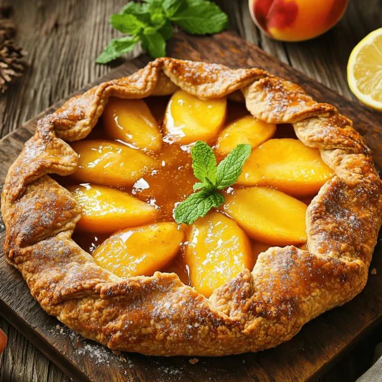 - 1 ½ cups almond flour - ½ cup all-purpose flour - ¼ cup cold unsalted butter, cubed - 4 ripe peaches, pitted and sliced The almond flour gives the crust a nutty flavor. The all-purpose flour adds structure. Cold unsalted butter helps the crust stay flaky. Using ripe peaches ensures a sweet filling. - 1 tablespoon granulated sugar - 2 tablespoons honey or pure maple syrup - 1 tablespoon freshly squeezed lemon juice Granulated sugar enhances the sweetness of the peaches. Honey or maple syrup adds a rich flavor. Lemon juice brightens the overall taste and balances the sweetness. - 1 tablespoon cornstarch - 1 egg, whisked (for egg wash) - Turbinado sugar, for sprinkling on crust Cornstarch thickens the peach filling as it bakes. The egg wash creates a shiny, golden crust. Turbinado sugar adds a lovely crunch and sparkle to the top. For the full recipe, check out the detailed instructions. Each ingredient plays a vital role in making this peach galette a true delight. 1. Mixing dry ingredients: In a large mixing bowl, whisk together 1 ½ cups of almond flour, ½ cup of all-purpose flour, 1 tablespoon of granulated sugar, and ¼ teaspoon of sea salt. Make sure these ingredients are well combined. 2. Incorporating butter: Now, add ¼ cup of cubed cold unsalted butter. Use a pastry cutter or your fingers to blend it in. You want the mixture to look like coarse crumbs, with small pea-sized chunks of butter still visible. 1. Adding ice water: Gradually add ¼ cup of ice water, one tablespoon at a time. Mix with a fork after each addition. Stop when the dough starts to hold together. 2. Forming the dough: Shape the dough into a disk. Wrap it in plastic wrap and refrigerate it for at least 30 minutes. This helps the dough firm up, making it easier to roll out later. 1. Mixing ingredients: In a medium bowl, combine 4 sliced peaches, 2 tablespoons of honey or pure maple syrup, 1 tablespoon of lemon juice, 1 teaspoon of vanilla extract, and 1 tablespoon of cornstarch. 2. Marinating peaches: Toss the peaches gently. Let them sit for about 10 minutes. This allows the peaches to soak up the sweet flavors and become even tastier. 1. Rolling out dough: Take the chilled dough and roll it out on a lightly floured surface. Aim for a rough circle about 12 inches wide. Remember, a rustic look is key! 2. Filling and folding edges: Move the rolled dough to a baking sheet lined with parchment. Spoon the peach mixture into the middle, leaving a 2-inch border. Fold the edges over the filling, creating overlapping pleats. 1. Preheating oven: While you work, preheat your oven to 375°F (190°C). This ensures even baking. 2. Applying egg wash: In a small bowl, whisk 1 egg until smooth. Brush this over the crust to get a golden finish. Sprinkle turbinado sugar on top for extra crunch. 1. Cooling time: Once baked for 30-35 minutes, take the galette out and let it cool for about 5-10 minutes. This helps it set before slicing. 2. Serving suggestions: Serve warm or at room temperature. I love pairing it with creamy vanilla ice cream or light whipped cream for a special touch. For the full recipe, check out the detailed instructions above and enjoy making this delightful dessert! For the best almond crust, focus on the texture. You want it to be crumbly and light. Here are some tips: - Use cold butter. Cold butter creates flaky layers. - Cut the butter into the flour until it looks like tiny pebbles. Next, butter temperature matters. Use butter straight from the fridge. This keeps the dough firm. If the butter is too warm, the crust may get tough. To bring out the best in your peach galette, choose ripe peaches. Ripe peaches are sweet and juicy. Look for peaches that yield slightly to pressure and have a sweet aroma. You can also enhance the peach flavor with a few hints: - Add a pinch of cinnamon for warmth. - A splash of almond extract pairs nicely too. These small additions can make a big difference in taste. Presentation is key for a stunning galette. For serving styles, consider these options: - Slice the galette into wedges. - Arrange the wedges on a rustic wooden board. For garnish, I recommend: - Fresh mint leaves for a pop of color. - A light dusting of powdered sugar for a sweet touch. These simple steps will make your galette look as great as it tastes! {{image_4}} You can swap peaches for other stone fruits like plums or cherries. These fruits bring their own sweet and tart notes. Mixing peaches with berries creates a fun twist. Try adding blueberries or raspberries for extra color and flavor. If you need a gluten-free version, use only almond flour or a gluten-free blend. This keeps the galette crunchy and tasty. You may need to adjust the liquid to keep the right dough texture. Always check the flour mix for a good balance. Add spices like cinnamon for warmth and depth. Just a sprinkle can enhance the dish's flavor. You can also try fresh herbs like basil or thyme. These herbs give a fresh kick, pairing well with the sweetness of the peaches. To keep your peach galette fresh, store it in the fridge. Place it in an airtight container or wrap it tightly in plastic wrap. This method helps to keep the crust crisp and the peaches juicy. Your leftover galette can last for about 3 to 4 days in the fridge. If you notice any signs of spoilage, like mold or an off smell, it’s best to discard it. You can freeze your peach galette for later enjoyment. If you want to freeze it before baking, wrap it tightly in plastic wrap and then in foil. This method helps prevent freezer burn. When you are ready to bake, just remove it from the freezer and bake it straight from frozen. If you prefer freezing after baking, let the galette cool completely. Then, wrap it tightly in plastic wrap and place it in a freezer-safe bag. It can last for up to 2 months in the freezer. When you want to enjoy your frozen galette, thaw it in the fridge overnight. For best results, reheat it in the oven at 350°F (175°C) for about 15-20 minutes. This step helps restore its crispiness, making it taste fresh again. For the full recipe, check back to see all the steps needed for making this delightful treat! Yes, you can prepare the galette in advance. Make the almond crust and peach filling the day before. Keep the crust wrapped in plastic and chill it in the fridge. Store the filling in a covered bowl. When ready to bake, roll out the dough, fill it, and fold the edges. Bake it fresh for the best taste. Look for a golden-brown crust. The edges should be crisp, and the peaches will bubble with juice. If the crust looks brown and the filling is hot, your galette is ready. Yes, frozen peaches work well! Thaw them first and drain any excess liquid. Frozen peaches may be softer than fresh ones. Adjust the cornstarch to help absorb extra juice. The taste will still be delightful. Serve your peach galette warm with a scoop of vanilla ice cream. You can also add whipped cream for extra sweetness. Pair it with fresh berries for color and flavor. To reheat, place slices in a 350°F (175°C) oven for about 10 minutes. This keeps the crust crisp and the filling warm. Avoid using the microwave, as it can make the crust soggy. This galette recipe combines almond crust and sweet peaches for a delightful treat. We covered ingredients, step-by-step instructions, and storage tips. You now have all you need to create a tasty dessert. With variations and expert tips, you can customize your galette to your liking. Remember, using ripe peaches makes all the difference. Enjoy baking and sharing this wonderful dessert with friends and family!