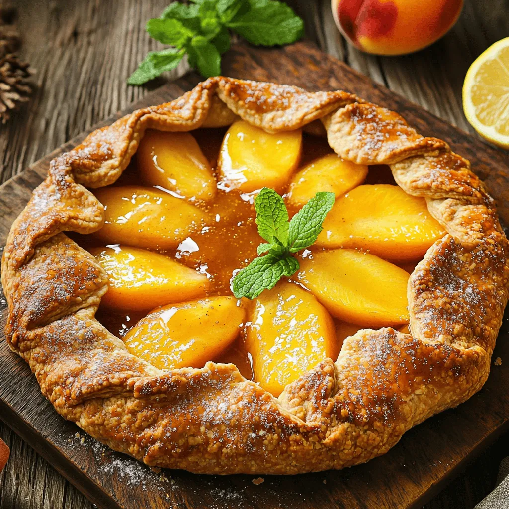 - 1 ½ cups almond flour - ½ cup all-purpose flour - ¼ cup cold unsalted butter, cubed - 4 ripe peaches, pitted and sliced The almond flour gives the crust a nutty flavor. The all-purpose flour adds structure. Cold unsalted butter helps the crust stay flaky. Using ripe peaches ensures a sweet filling. - 1 tablespoon granulated sugar - 2 tablespoons honey or pure maple syrup - 1 tablespoon freshly squeezed lemon juice Granulated sugar enhances the sweetness of the peaches. Honey or maple syrup adds a rich flavor. Lemon juice brightens the overall taste and balances the sweetness. - 1 tablespoon cornstarch - 1 egg, whisked (for egg wash) - Turbinado sugar, for sprinkling on crust Cornstarch thickens the peach filling as it bakes. The egg wash creates a shiny, golden crust. Turbinado sugar adds a lovely crunch and sparkle to the top. For the full recipe, check out the detailed instructions. Each ingredient plays a vital role in making this peach galette a true delight. 1. Mixing dry ingredients: In a large mixing bowl, whisk together 1 ½ cups of almond flour, ½ cup of all-purpose flour, 1 tablespoon of granulated sugar, and ¼ teaspoon of sea salt. Make sure these ingredients are well combined. 2. Incorporating butter: Now, add ¼ cup of cubed cold unsalted butter. Use a pastry cutter or your fingers to blend it in. You want the mixture to look like coarse crumbs, with small pea-sized chunks of butter still visible. 1. Adding ice water: Gradually add ¼ cup of ice water, one tablespoon at a time. Mix with a fork after each addition. Stop when the dough starts to hold together. 2. Forming the dough: Shape the dough into a disk. Wrap it in plastic wrap and refrigerate it for at least 30 minutes. This helps the dough firm up, making it easier to roll out later. 1. Mixing ingredients: In a medium bowl, combine 4 sliced peaches, 2 tablespoons of honey or pure maple syrup, 1 tablespoon of lemon juice, 1 teaspoon of vanilla extract, and 1 tablespoon of cornstarch. 2. Marinating peaches: Toss the peaches gently. Let them sit for about 10 minutes. This allows the peaches to soak up the sweet flavors and become even tastier. 1. Rolling out dough: Take the chilled dough and roll it out on a lightly floured surface. Aim for a rough circle about 12 inches wide. Remember, a rustic look is key! 2. Filling and folding edges: Move the rolled dough to a baking sheet lined with parchment. Spoon the peach mixture into the middle, leaving a 2-inch border. Fold the edges over the filling, creating overlapping pleats. 1. Preheating oven: While you work, preheat your oven to 375°F (190°C). This ensures even baking. 2. Applying egg wash: In a small bowl, whisk 1 egg until smooth. Brush this over the crust to get a golden finish. Sprinkle turbinado sugar on top for extra crunch. 1. Cooling time: Once baked for 30-35 minutes, take the galette out and let it cool for about 5-10 minutes. This helps it set before slicing. 2. Serving suggestions: Serve warm or at room temperature. I love pairing it with creamy vanilla ice cream or light whipped cream for a special touch. For the full recipe, check out the detailed instructions above and enjoy making this delightful dessert! For the best almond crust, focus on the texture. You want it to be crumbly and light. Here are some tips: - Use cold butter. Cold butter creates flaky layers. - Cut the butter into the flour until it looks like tiny pebbles. Next, butter temperature matters. Use butter straight from the fridge. This keeps the dough firm. If the butter is too warm, the crust may get tough. To bring out the best in your peach galette, choose ripe peaches. Ripe peaches are sweet and juicy. Look for peaches that yield slightly to pressure and have a sweet aroma. You can also enhance the peach flavor with a few hints: - Add a pinch of cinnamon for warmth. - A splash of almond extract pairs nicely too. These small additions can make a big difference in taste. Presentation is key for a stunning galette. For serving styles, consider these options: - Slice the galette into wedges. - Arrange the wedges on a rustic wooden board. For garnish, I recommend: - Fresh mint leaves for a pop of color. - A light dusting of powdered sugar for a sweet touch. These simple steps will make your galette look as great as it tastes! {{image_4}} You can swap peaches for other stone fruits like plums or cherries. These fruits bring their own sweet and tart notes. Mixing peaches with berries creates a fun twist. Try adding blueberries or raspberries for extra color and flavor. If you need a gluten-free version, use only almond flour or a gluten-free blend. This keeps the galette crunchy and tasty. You may need to adjust the liquid to keep the right dough texture. Always check the flour mix for a good balance. Add spices like cinnamon for warmth and depth. Just a sprinkle can enhance the dish's flavor. You can also try fresh herbs like basil or thyme. These herbs give a fresh kick, pairing well with the sweetness of the peaches. To keep your peach galette fresh, store it in the fridge. Place it in an airtight container or wrap it tightly in plastic wrap. This method helps to keep the crust crisp and the peaches juicy. Your leftover galette can last for about 3 to 4 days in the fridge. If you notice any signs of spoilage, like mold or an off smell, it’s best to discard it. You can freeze your peach galette for later enjoyment. If you want to freeze it before baking, wrap it tightly in plastic wrap and then in foil. This method helps prevent freezer burn. When you are ready to bake, just remove it from the freezer and bake it straight from frozen. If you prefer freezing after baking, let the galette cool completely. Then, wrap it tightly in plastic wrap and place it in a freezer-safe bag. It can last for up to 2 months in the freezer. When you want to enjoy your frozen galette, thaw it in the fridge overnight. For best results, reheat it in the oven at 350°F (175°C) for about 15-20 minutes. This step helps restore its crispiness, making it taste fresh again. For the full recipe, check back to see all the steps needed for making this delightful treat! Yes, you can prepare the galette in advance. Make the almond crust and peach filling the day before. Keep the crust wrapped in plastic and chill it in the fridge. Store the filling in a covered bowl. When ready to bake, roll out the dough, fill it, and fold the edges. Bake it fresh for the best taste. Look for a golden-brown crust. The edges should be crisp, and the peaches will bubble with juice. If the crust looks brown and the filling is hot, your galette is ready. Yes, frozen peaches work well! Thaw them first and drain any excess liquid. Frozen peaches may be softer than fresh ones. Adjust the cornstarch to help absorb extra juice. The taste will still be delightful. Serve your peach galette warm with a scoop of vanilla ice cream. You can also add whipped cream for extra sweetness. Pair it with fresh berries for color and flavor. To reheat, place slices in a 350°F (175°C) oven for about 10 minutes. This keeps the crust crisp and the filling warm. Avoid using the microwave, as it can make the crust soggy. This galette recipe combines almond crust and sweet peaches for a delightful treat. We covered ingredients, step-by-step instructions, and storage tips. You now have all you need to create a tasty dessert. With variations and expert tips, you can customize your galette to your liking. Remember, using ripe peaches makes all the difference. Enjoy baking and sharing this wonderful dessert with friends and family!