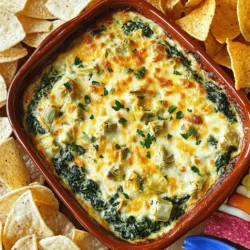 To make Easy Spinach Artichoke Dip, you need a few simple, tasty items. Here’s what you'll need: - 1 cup fresh spinach, finely chopped - 1 cup canned artichoke hearts, well-drained and roughly chopped - 1 cup cream cheese, at room temperature for easy mixing - 1/2 cup sour cream, creamy and tangy - 1/2 cup mayonnaise, for richness - 1 cup shredded mozzarella cheese, plus a little extra for topping - 1/4 cup grated Parmesan cheese, for salty depth - 2 cloves garlic, finely minced - 1 teaspoon onion powder, for a hint of sweetness - 1/2 teaspoon salt, adjust to taste - 1/4 teaspoon black pepper, freshly ground for warmth - 1/4 teaspoon crushed red pepper flakes (optional, for a spicy kick) Each ingredient adds its own flavor, making your dip creamy and delicious. The fresh spinach and artichoke hearts provide a nice texture. Cream cheese and sour cream give it a smooth base. The garlic and spices bring out the dip's full taste. For the full recipe, check out the instructions that follow. Enjoy making this snack! 1. Preheat the oven: Start by setting your oven to 350°F (175°C). This step is key. It makes sure your dip cooks evenly and gets bubbly. 2. Mix cream cheese, sour cream, and mayonnaise: In a large bowl, take your room-temperature cream cheese, sour cream, and mayonnaise. Use a hand mixer or a spatula to blend them until smooth. This creates a creamy base for your dip. 3. Fold in spinach, artichokes, and seasonings: Now, add in the finely chopped spinach and artichoke hearts. Also, include the shredded mozzarella, grated Parmesan, minced garlic, onion powder, salt, black pepper, and crushed red pepper flakes if you want some heat. Gently mix until everything is well combined. This step is where all the flavors come together. 4. Transfer to a baking dish: Take the creamy mixture and pour it into a medium-sized baking dish. Spread it out evenly. This helps it bake perfectly. 1. Recommended baking time: Place the baking dish in your preheated oven. Bake for 25 to 30 minutes. This will give you a warm, bubbly dip. 2. Indicators of doneness: Your dip is ready when it bubbles and the edges turn lightly golden. This shows that it’s hot and ready to serve. You can find the full recipe to guide you through all the steps. To make the best spinach artichoke dip, start with room-temperature ingredients. If your cream cheese is cold, it won't mix well. Soft cream cheese blends better with sour cream and mayonnaise. This makes your dip smooth and creamy. Creaminess is key. You want a texture that is thick yet spreadable. The right balance of cream cheese, sour cream, and mayonnaise helps achieve this. Don't skip the mozzarella and Parmesan; they add richness and flavor. For the best experience, serve your dip warm. It pairs well with crispy tortilla chips, toasted baguette slices, or fresh veggies like carrots and celery. You can also use pita chips for a different crunch. Presentation matters too. Serve the dip in a colorful bowl. Top it with extra cheese or fresh herbs for a nice touch. This makes your dip look inviting at parties. For even more fun, set up a dipping station with various options. This way, guests can choose their favorite! For a full recipe, check out the Charming Spinach Artichoke Dip. Enjoy every bite! {{image_4}} You can easily change the recipe to fit your needs. For a healthier dip, swap out sour cream and mayonnaise with Greek yogurt. This keeps it creamy while cutting down on fat. If you want a vegan option, use plant-based cream cheese and sour cream. You can also try using cashew cream for a nutty flavor. These swaps keep the dip rich and tasty without dairy. You can make this dip your own by adding different flavors. Try mixing in a blend of cheeses. Cheddar or gouda can add a sharp taste. For a bit of fun, sprinkle in some herbs or spices. Fresh basil or dill can lift the flavor. A dash of smoked paprika gives it a warm, smoky note. Experiment with what you love. Each tweak can make your dip unique and exciting. To store your Easy Spinach Artichoke Dip, let it cool first. Place it in an airtight container. This keeps it fresh longer. You can store it in the fridge for up to four days. If you have leftovers, it's best to use them soon. The dip tastes best when fresh. When you want to enjoy the dip again, reheating is easy. You can use the microwave or oven. If using the microwave, heat it in short intervals. Stir it after each interval to keep it even. If you prefer the oven, preheat it to 350°F (175°C). Bake the dip for 15 minutes. This warms it without drying it out. This way, you keep the creamy texture and great flavor. For the full recipe, check out the charming Spinach Artichoke Dip! How long does it take to prepare Easy Spinach Artichoke Dip? It takes about 10 minutes to prep and 30 minutes to bake. So, you can enjoy this dip in just 40 minutes! Can I make it ahead of time? Yes! You can prepare the dip a day in advance. Just mix the ingredients and store it in the fridge. When you're ready, bake it for a warm treat. What are the best dipping options for spinach artichoke dip? I love serving this dip with crispy tortilla chips, toasted baguette slices, or fresh veggie sticks. They all add great texture and flavor! For a fun twist, add a sprinkle of extra cheese on top before baking for a cheesy finish. Check out the Full Recipe for more details! This blog post covered how to make Easy Spinach Artichoke Dip from start to finish. We discussed necessary ingredients, preparation steps, baking tips, and ways to serve and store the dip. Remember, using room-temperature ingredients helps achieve the right creaminess. Don't shy away from personalizing the flavors to match your taste. With simple variations, you can make this dish your own. Make it for parties or enjoy it at home. Dive into this delicious recipe, and savor every bite!