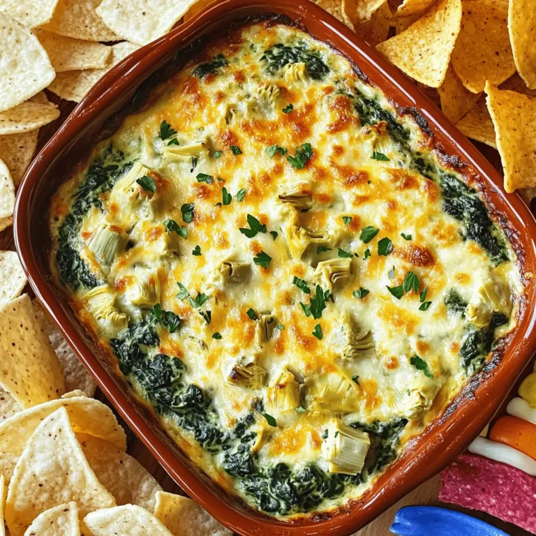 To make Easy Spinach Artichoke Dip, you need a few simple, tasty items. Here’s what you'll need: - 1 cup fresh spinach, finely chopped - 1 cup canned artichoke hearts, well-drained and roughly chopped - 1 cup cream cheese, at room temperature for easy mixing - 1/2 cup sour cream, creamy and tangy - 1/2 cup mayonnaise, for richness - 1 cup shredded mozzarella cheese, plus a little extra for topping - 1/4 cup grated Parmesan cheese, for salty depth - 2 cloves garlic, finely minced - 1 teaspoon onion powder, for a hint of sweetness - 1/2 teaspoon salt, adjust to taste - 1/4 teaspoon black pepper, freshly ground for warmth - 1/4 teaspoon crushed red pepper flakes (optional, for a spicy kick) Each ingredient adds its own flavor, making your dip creamy and delicious. The fresh spinach and artichoke hearts provide a nice texture. Cream cheese and sour cream give it a smooth base. The garlic and spices bring out the dip's full taste. For the full recipe, check out the instructions that follow. Enjoy making this snack! 1. Preheat the oven: Start by setting your oven to 350°F (175°C). This step is key. It makes sure your dip cooks evenly and gets bubbly. 2. Mix cream cheese, sour cream, and mayonnaise: In a large bowl, take your room-temperature cream cheese, sour cream, and mayonnaise. Use a hand mixer or a spatula to blend them until smooth. This creates a creamy base for your dip. 3. Fold in spinach, artichokes, and seasonings: Now, add in the finely chopped spinach and artichoke hearts. Also, include the shredded mozzarella, grated Parmesan, minced garlic, onion powder, salt, black pepper, and crushed red pepper flakes if you want some heat. Gently mix until everything is well combined. This step is where all the flavors come together. 4. Transfer to a baking dish: Take the creamy mixture and pour it into a medium-sized baking dish. Spread it out evenly. This helps it bake perfectly. 1. Recommended baking time: Place the baking dish in your preheated oven. Bake for 25 to 30 minutes. This will give you a warm, bubbly dip. 2. Indicators of doneness: Your dip is ready when it bubbles and the edges turn lightly golden. This shows that it’s hot and ready to serve. You can find the full recipe to guide you through all the steps. To make the best spinach artichoke dip, start with room-temperature ingredients. If your cream cheese is cold, it won't mix well. Soft cream cheese blends better with sour cream and mayonnaise. This makes your dip smooth and creamy. Creaminess is key. You want a texture that is thick yet spreadable. The right balance of cream cheese, sour cream, and mayonnaise helps achieve this. Don't skip the mozzarella and Parmesan; they add richness and flavor. For the best experience, serve your dip warm. It pairs well with crispy tortilla chips, toasted baguette slices, or fresh veggies like carrots and celery. You can also use pita chips for a different crunch. Presentation matters too. Serve the dip in a colorful bowl. Top it with extra cheese or fresh herbs for a nice touch. This makes your dip look inviting at parties. For even more fun, set up a dipping station with various options. This way, guests can choose their favorite! For a full recipe, check out the Charming Spinach Artichoke Dip. Enjoy every bite! {{image_4}} You can easily change the recipe to fit your needs. For a healthier dip, swap out sour cream and mayonnaise with Greek yogurt. This keeps it creamy while cutting down on fat. If you want a vegan option, use plant-based cream cheese and sour cream. You can also try using cashew cream for a nutty flavor. These swaps keep the dip rich and tasty without dairy. You can make this dip your own by adding different flavors. Try mixing in a blend of cheeses. Cheddar or gouda can add a sharp taste. For a bit of fun, sprinkle in some herbs or spices. Fresh basil or dill can lift the flavor. A dash of smoked paprika gives it a warm, smoky note. Experiment with what you love. Each tweak can make your dip unique and exciting. To store your Easy Spinach Artichoke Dip, let it cool first. Place it in an airtight container. This keeps it fresh longer. You can store it in the fridge for up to four days. If you have leftovers, it's best to use them soon. The dip tastes best when fresh. When you want to enjoy the dip again, reheating is easy. You can use the microwave or oven. If using the microwave, heat it in short intervals. Stir it after each interval to keep it even. If you prefer the oven, preheat it to 350°F (175°C). Bake the dip for 15 minutes. This warms it without drying it out. This way, you keep the creamy texture and great flavor. For the full recipe, check out the charming Spinach Artichoke Dip! How long does it take to prepare Easy Spinach Artichoke Dip? It takes about 10 minutes to prep and 30 minutes to bake. So, you can enjoy this dip in just 40 minutes! Can I make it ahead of time? Yes! You can prepare the dip a day in advance. Just mix the ingredients and store it in the fridge. When you're ready, bake it for a warm treat. What are the best dipping options for spinach artichoke dip? I love serving this dip with crispy tortilla chips, toasted baguette slices, or fresh veggie sticks. They all add great texture and flavor! For a fun twist, add a sprinkle of extra cheese on top before baking for a cheesy finish. Check out the Full Recipe for more details! This blog post covered how to make Easy Spinach Artichoke Dip from start to finish. We discussed necessary ingredients, preparation steps, baking tips, and ways to serve and store the dip. Remember, using room-temperature ingredients helps achieve the right creaminess. Don't shy away from personalizing the flavors to match your taste. With simple variations, you can make this dish your own. Make it for parties or enjoy it at home. Dive into this delicious recipe, and savor every bite!