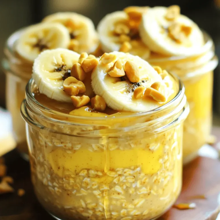 - 1 cup rolled oats - 1 cup almond milk (or your choice of milk) - 1 ripe banana, mashed - 2 tablespoons natural peanut butter - 1 tablespoon honey or maple syrup (optional) - 1/2 teaspoon vanilla extract - 1/4 teaspoon ground cinnamon - A pinch of salt - Sliced banana and chopped peanuts for garnish This recipe is simple yet packed with flavor. You only need a few key ingredients. Rolled oats are the base. They soak up the milk and become soft. Almond milk makes it creamy and keeps it dairy-free. You can swap it for any milk you prefer. A ripe banana gives natural sweetness. Mashed banana mixes in well and adds moisture. Natural peanut butter brings in rich taste and healthy fats. Honey or maple syrup adds sweetness if you want. A little vanilla extract and cinnamon give warmth and depth to the flavor. Finally, a pinch of salt balances the sweetness. For garnish, sliced banana and chopped peanuts add a nice crunch. They also make the dish look pretty. This dish serves two, making it great for sharing or meal prep. You can enjoy it any time of day. - Servings: 2 - Nutritional benefits of key ingredients This recipe offers great nutrition. Oats provide fiber, which helps digestion. They also give lasting energy. Bananas are full of potassium and vitamins. Peanut butter adds protein and healthy fats, keeping you full. Almond milk is low in calories and often fortified with vitamins. If you add honey or maple syrup, it will increase the sugar content. Keep this in mind if you watch your sugar intake. Overall, this meal is a balanced option for breakfast, snack, or dessert. For the full recipe, check out Peanut Butter Banana Overnight Oats. To make Peanut Butter Banana Overnight Oats, start with these easy steps: - Mixing the ingredients together: In a medium bowl or mason jar, combine 1 cup of rolled oats and 1 cup of almond milk. Stir well to ensure all oats are submerged. Next, add 1 ripe, mashed banana, 2 tablespoons of natural peanut butter, and a tablespoon of honey or maple syrup for sweetness. Also, add 1/2 teaspoon of vanilla extract, 1/4 teaspoon of ground cinnamon, and a pinch of salt. Mix everything until smooth and creamy. - Proper layering for optimal flavor absorption: If you are using jars, carefully layer the mixture to keep things neat. This helps the flavors mix better as they soak overnight. Fill each jar almost to the top, leaving a little space for the oats to expand. - Recommended chilling times: Place the jars in the fridge for at least 4 hours, but overnight is best. This gives the oats time to absorb the milk and flavors. - Importance of overnight soaking: Soaking overnight makes the oats soft and creamy. It also allows the flavors to blend well. If you skip this step, the oats may be too crunchy. - Ideal garnishes for presentation: When ready to serve, give each jar a good stir. Top with sliced banana and chopped peanuts. This not only looks great but adds a nice crunch. - Possible flavor enhancements before serving: Before you dig in, drizzle a bit of honey or extra peanut butter on top for added flavor. You can also sprinkle some extra cinnamon for a fragrant touch. Enjoy your delicious Peanut Butter Banana Overnight Oats! For a detailed recipe, check the Full Recipe. You can easily adjust the sweetness of your Peanut Butter Banana Overnight Oats. If you want it sweeter, add more honey or maple syrup. You can also try mashed dates or agave syrup as options. If you have dietary restrictions, you can make these oats vegan by using plant-based milk and omitting honey. For gluten-free oats, ensure you use certified gluten-free rolled oats. One common mistake is the oat-to-liquid ratio. Stick to one cup of oats for one cup of liquid. Too much liquid makes your oats runny, while too little makes them dry. Another mistake is leaving your oats exposed in the fridge. Always cover your jars or containers tightly. This keeps the oats fresh and prevents them from drying out or absorbing other smells. To adjust the thickness or creaminess of your oats, you can add more milk before serving. If your oats feel too thick, just stir in a splash of milk until you get the right texture. If you find your oats thickened too much after chilling, don’t worry. Add a little milk and stir well. This brings the oats back to a creamy state, making them easy to enjoy. {{image_4}} You can mix things up with your peanut butter banana overnight oats. One fun way is to make chocolate peanut butter banana overnight oats. Just stir in some cocoa powder or chocolate chips. This twist adds a rich, sweet flavor that kids and adults will love. Adding berries or nuts gives more texture and taste. Try blueberries or strawberries for a fruity kick. Walnuts or almonds can add crunch and healthy fats. Feel free to mix and match your favorite flavors! Seasonal ingredients can make your oats shine. In fall, add pumpkin puree for a warm, cozy vibe. Just mix in a few tablespoons with your other ingredients. This change gives a lovely autumn taste and a nice color. During summer, fresh fruit can brighten your bowl. Cherries, peaches, or even mango slices work great. Just toss them in right before serving for a delicious, fresh touch. Take your oats on a global journey! Adding spices like cardamom or ginger can bring new life to your dish. These spices add warmth and depth to your oats, making breakfast feel special. Don't forget about different nut butters. Almond butter, cashew butter, or even sunflower seed butter can change the flavor completely. Each nut butter offers a unique taste and texture, giving you endless options to explore. For the Full Recipe, refer back to the main section. Enjoy creating your perfect bowl of peanut butter banana overnight oats! You can store your Peanut Butter Banana Overnight Oats in the fridge for up to five days. Keep them in airtight containers to keep them fresh. If you notice any off smells, strange colors, or mold, throw them away. These are signs your oats have spoiled. Batch-making is a great way to have quick breakfasts ready. You can mix several servings at once. Use glass jars for storage. They look nice and help keep the oats fresh. If you prefer, you can also use plastic containers. Just make sure they seal well. Yes, you can freeze Peanut Butter Banana Overnight Oats! They can last in the freezer for three months. To thaw, move them to the fridge overnight. If you’re in a hurry, you can use the microwave. Just heat gently until warm. Overnight oats are a no-cook method to prepare oatmeal. You mix rolled oats with liquid and let them sit overnight in the fridge. This soaking time allows the oats to absorb the liquid, making them soft and ready to eat in the morning. You can add flavors and toppings to personalize them. It's a simple and quick way to enjoy a healthy breakfast. To make your overnight oats creamier, use more liquid. You can add yogurt or nut butter for richness. Mixing in mashed bananas, like in the Peanut Butter Banana Overnight Oats recipe, also helps create a smooth texture. Stir the oats well before serving to blend any settled ingredients. If they seem thick, add a splash of milk for the perfect consistency. Yes, overnight oats are healthy! They are packed with fiber from the oats, which helps keep you full. The peanut butter adds protein and healthy fats. Bananas provide essential vitamins and minerals. If you use almond milk, it’s low in calories and adds a nutty flavor. Overall, this meal is nutritious and can support your well-being. You can use quick oats, but they will change the texture. Quick oats cook faster and become mushier when soaked. While they still taste good, rolled oats give a heartier bite and better chew. If you prefer a softer texture, quick oats work, but for a classic overnight oat experience, stick with rolled oats. In this article, we explored how to make Peanut Butter Banana Overnight Oats. We covered ingredients, preparation steps, tips for perfecting consistency, and storage options. You can customize the recipe to fit your taste and dietary needs. These oats are not just tasty; they pack a nutritional punch too. Enjoy this simple meal prep for quick breakfasts that keep you energized. Try different flavors and have fun with your oats! Your mornings can be easier and more delicious starting today.