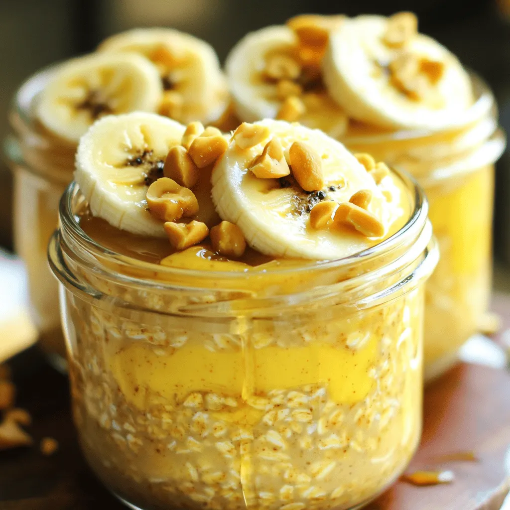 - 1 cup rolled oats - 1 cup almond milk (or your choice of milk) - 1 ripe banana, mashed - 2 tablespoons natural peanut butter - 1 tablespoon honey or maple syrup (optional) - 1/2 teaspoon vanilla extract - 1/4 teaspoon ground cinnamon - A pinch of salt - Sliced banana and chopped peanuts for garnish This recipe is simple yet packed with flavor. You only need a few key ingredients. Rolled oats are the base. They soak up the milk and become soft. Almond milk makes it creamy and keeps it dairy-free. You can swap it for any milk you prefer. A ripe banana gives natural sweetness. Mashed banana mixes in well and adds moisture. Natural peanut butter brings in rich taste and healthy fats. Honey or maple syrup adds sweetness if you want. A little vanilla extract and cinnamon give warmth and depth to the flavor. Finally, a pinch of salt balances the sweetness. For garnish, sliced banana and chopped peanuts add a nice crunch. They also make the dish look pretty. This dish serves two, making it great for sharing or meal prep. You can enjoy it any time of day. - Servings: 2 - Nutritional benefits of key ingredients This recipe offers great nutrition. Oats provide fiber, which helps digestion. They also give lasting energy. Bananas are full of potassium and vitamins. Peanut butter adds protein and healthy fats, keeping you full. Almond milk is low in calories and often fortified with vitamins. If you add honey or maple syrup, it will increase the sugar content. Keep this in mind if you watch your sugar intake. Overall, this meal is a balanced option for breakfast, snack, or dessert. For the full recipe, check out Peanut Butter Banana Overnight Oats. To make Peanut Butter Banana Overnight Oats, start with these easy steps: - Mixing the ingredients together: In a medium bowl or mason jar, combine 1 cup of rolled oats and 1 cup of almond milk. Stir well to ensure all oats are submerged. Next, add 1 ripe, mashed banana, 2 tablespoons of natural peanut butter, and a tablespoon of honey or maple syrup for sweetness. Also, add 1/2 teaspoon of vanilla extract, 1/4 teaspoon of ground cinnamon, and a pinch of salt. Mix everything until smooth and creamy. - Proper layering for optimal flavor absorption: If you are using jars, carefully layer the mixture to keep things neat. This helps the flavors mix better as they soak overnight. Fill each jar almost to the top, leaving a little space for the oats to expand. - Recommended chilling times: Place the jars in the fridge for at least 4 hours, but overnight is best. This gives the oats time to absorb the milk and flavors. - Importance of overnight soaking: Soaking overnight makes the oats soft and creamy. It also allows the flavors to blend well. If you skip this step, the oats may be too crunchy. - Ideal garnishes for presentation: When ready to serve, give each jar a good stir. Top with sliced banana and chopped peanuts. This not only looks great but adds a nice crunch. - Possible flavor enhancements before serving: Before you dig in, drizzle a bit of honey or extra peanut butter on top for added flavor. You can also sprinkle some extra cinnamon for a fragrant touch. Enjoy your delicious Peanut Butter Banana Overnight Oats! For a detailed recipe, check the Full Recipe. You can easily adjust the sweetness of your Peanut Butter Banana Overnight Oats. If you want it sweeter, add more honey or maple syrup. You can also try mashed dates or agave syrup as options. If you have dietary restrictions, you can make these oats vegan by using plant-based milk and omitting honey. For gluten-free oats, ensure you use certified gluten-free rolled oats. One common mistake is the oat-to-liquid ratio. Stick to one cup of oats for one cup of liquid. Too much liquid makes your oats runny, while too little makes them dry. Another mistake is leaving your oats exposed in the fridge. Always cover your jars or containers tightly. This keeps the oats fresh and prevents them from drying out or absorbing other smells. To adjust the thickness or creaminess of your oats, you can add more milk before serving. If your oats feel too thick, just stir in a splash of milk until you get the right texture. If you find your oats thickened too much after chilling, don’t worry. Add a little milk and stir well. This brings the oats back to a creamy state, making them easy to enjoy. {{image_4}} You can mix things up with your peanut butter banana overnight oats. One fun way is to make chocolate peanut butter banana overnight oats. Just stir in some cocoa powder or chocolate chips. This twist adds a rich, sweet flavor that kids and adults will love. Adding berries or nuts gives more texture and taste. Try blueberries or strawberries for a fruity kick. Walnuts or almonds can add crunch and healthy fats. Feel free to mix and match your favorite flavors! Seasonal ingredients can make your oats shine. In fall, add pumpkin puree for a warm, cozy vibe. Just mix in a few tablespoons with your other ingredients. This change gives a lovely autumn taste and a nice color. During summer, fresh fruit can brighten your bowl. Cherries, peaches, or even mango slices work great. Just toss them in right before serving for a delicious, fresh touch. Take your oats on a global journey! Adding spices like cardamom or ginger can bring new life to your dish. These spices add warmth and depth to your oats, making breakfast feel special. Don't forget about different nut butters. Almond butter, cashew butter, or even sunflower seed butter can change the flavor completely. Each nut butter offers a unique taste and texture, giving you endless options to explore. For the Full Recipe, refer back to the main section. Enjoy creating your perfect bowl of peanut butter banana overnight oats! You can store your Peanut Butter Banana Overnight Oats in the fridge for up to five days. Keep them in airtight containers to keep them fresh. If you notice any off smells, strange colors, or mold, throw them away. These are signs your oats have spoiled. Batch-making is a great way to have quick breakfasts ready. You can mix several servings at once. Use glass jars for storage. They look nice and help keep the oats fresh. If you prefer, you can also use plastic containers. Just make sure they seal well. Yes, you can freeze Peanut Butter Banana Overnight Oats! They can last in the freezer for three months. To thaw, move them to the fridge overnight. If you’re in a hurry, you can use the microwave. Just heat gently until warm. Overnight oats are a no-cook method to prepare oatmeal. You mix rolled oats with liquid and let them sit overnight in the fridge. This soaking time allows the oats to absorb the liquid, making them soft and ready to eat in the morning. You can add flavors and toppings to personalize them. It's a simple and quick way to enjoy a healthy breakfast. To make your overnight oats creamier, use more liquid. You can add yogurt or nut butter for richness. Mixing in mashed bananas, like in the Peanut Butter Banana Overnight Oats recipe, also helps create a smooth texture. Stir the oats well before serving to blend any settled ingredients. If they seem thick, add a splash of milk for the perfect consistency. Yes, overnight oats are healthy! They are packed with fiber from the oats, which helps keep you full. The peanut butter adds protein and healthy fats. Bananas provide essential vitamins and minerals. If you use almond milk, it’s low in calories and adds a nutty flavor. Overall, this meal is nutritious and can support your well-being. You can use quick oats, but they will change the texture. Quick oats cook faster and become mushier when soaked. While they still taste good, rolled oats give a heartier bite and better chew. If you prefer a softer texture, quick oats work, but for a classic overnight oat experience, stick with rolled oats. In this article, we explored how to make Peanut Butter Banana Overnight Oats. We covered ingredients, preparation steps, tips for perfecting consistency, and storage options. You can customize the recipe to fit your taste and dietary needs. These oats are not just tasty; they pack a nutritional punch too. Enjoy this simple meal prep for quick breakfasts that keep you energized. Try different flavors and have fun with your oats! Your mornings can be easier and more delicious starting today.