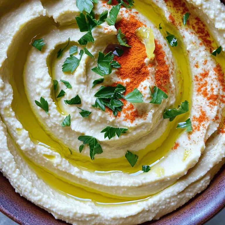 To make classic hummus, we need a few simple ingredients. Each one adds flavor and texture. Here’s what you will need: - 1 can (15 oz) chickpeas, thoroughly drained and rinsed - 1/4 cup tahini (sesame seed paste) - 2 tablespoons extra virgin olive oil, plus more for drizzling - 2 cloves of fresh garlic, finely minced - Juice of 1 medium lemon, freshly squeezed - 1/2 teaspoon ground cumin - Salt, to taste - Water, as needed - Paprika, for garnish - Fresh parsley, finely chopped Chickpeas form the base of our hummus. They provide creaminess and protein. Tahini adds a nutty flavor and richness. Olive oil brings a smooth texture and depth. Garlic offers a punch of freshness. Lemon juice brightens the dish with its zesty taste. Cumin adds an earthy warmth that blends well with the other flavors. Salt brings everything together. Water is key to achieving the perfect consistency. Paprika and parsley are not just for looks; they enhance the flavor and make the dish pop. With these ingredients, you can create a delightful and creamy hummus that everyone will love. For the full recipe, check out the detailed steps provided. - First, combine the ingredients in a food processor. - Add 1 can of drained chickpeas, tahini, minced garlic, lemon juice, olive oil, cumin, and a pinch of salt. - Next, pulse the mixture until it is smooth and creamy. - Stop to scrape down the sides of the bowl. This ensures everything mixes well. - To adjust the consistency, add water one tablespoon at a time. - Keep blending until you reach your desired creamy texture. - Taste your hummus and modify it to your liking. - Add more salt, lemon juice, or garlic as needed. - Blend again to balance the flavors until it’s just right. - For a great presentation, scoop the hummus into a shallow bowl. - Make a small well in the center. - Drizzle some extra virgin olive oil over the top. - Sprinkle paprika and chopped parsley for a nice finish. - This makes the hummus look and taste amazing! For the complete process, refer to the Full Recipe. To get smooth hummus, water is key. Start with a few tablespoons. Blend, then add more as needed. This helps the hummus reach the right creaminess. Scraping down the sides of the bowl is also very important. It ensures all ingredients mix well. I often stop the processor to check the texture. This simple step makes a big difference. You can easily boost the flavor of your hummus. Adding spices or herbs gives it a unique twist. For example, try smoked paprika for warmth or fresh herbs for brightness. Some people enjoy adding a pinch of cayenne for heat. Pairing hummus with fresh veggies or pita chips makes it even better. You can also serve it as a spread in sandwiches or wraps. Hummus is great for prepping in advance. You can store it in the fridge for up to a week. Just be sure to keep it in an airtight container. When serving at gatherings, present it in a nice bowl. Drizzle olive oil on top and sprinkle some paprika for color. Fresh parsley adds a nice touch too. This makes the dish look inviting and delicious. {{image_4}} You can make hummus exciting by adding different flavors. Here are some fun ideas: - Roasted red pepper hummus: Blend in roasted red peppers for a sweet and smoky flavor. This adds a vibrant color and a unique taste. - Spicy hummus with jalapeños: If you like heat, toss in some jalapeños. This adds a spicy kick that will wake up your taste buds. - Herbed hummus with fresh herbs: Use fresh herbs like basil or cilantro. They bring a bright and fresh flavor to your hummus that feels vibrant and alive. You can also tweak hummus to meet specific diets. Here are a few options: - Low-sodium versions: Skip the salt or use a salt substitute. This keeps the flavor while lowering sodium. - Vegan and gluten-free considerations: Good news! Hummus is naturally vegan and gluten-free. Just check that all add-ins are also vegan and gluten-free. These variations help you create a hummus that fits your taste or diet. Enjoy the fun of mixing and matching! For the classic version, check the Full Recipe. To keep your hummus fresh, use a tight container. Glass or plastic containers with lids work well. Make sure to press a piece of plastic wrap against the hummus surface before sealing. This reduces air exposure. If you want to freeze hummus, use freezer-safe containers. Leave some space at the top for expansion. You can also freeze portions in ice cube trays for easy use later. Hummus lasts about five to seven days in the fridge. Store it at a consistent, cool temperature. If you see any mold or strange smells, it's time to toss it. Look for changes in color or texture; these are signs that your hummus is not good anymore. Leftover hummus can become part of other dishes. Try using it as a spread on sandwiches or wraps. You can mix it into pasta for a creamy sauce. Hummus also makes a great dip for fresh veggies or pita chips. Don't forget to add it to salads for extra flavor and nutrition! For a fun twist, blend it with herbs to make a new dip. Explore these options to avoid waste and enjoy your hummus in new ways. To make hummus creamy, use a good food processor. Blend the chickpeas, tahini, garlic, lemon juice, olive oil, and cumin well. The right ingredient ratios matter. I recommend using one can of chickpeas for every 1/4 cup of tahini. Add water slowly, one tablespoon at a time. This helps reach the perfect texture. Remember to scrape down the sides of the bowl during blending. This ensures even mixing and a smooth finish. Yes, you can use dried chickpeas! Start by soaking them overnight in water. This softens them and cuts cooking time. After soaking, drain and rinse the chickpeas. Boil them in fresh water for about 1-2 hours until tender. Drain again, then follow the Full Recipe steps to make your hummus. Dried chickpeas add a robust flavor and can make your hummus even better. Hummus pairs well with many foods. You can serve it with fresh veggies like carrots, cucumbers, or bell peppers. Pita bread or chips make great dippers too. For a twist, try it with crackers or toasted bread. It also works as a spread in sandwiches or wraps. Hummus is versatile and can enhance any meal! In this blog post, we explored the key ingredients for making hummus and shared step-by-step instructions. You learned how to achieve the perfect texture and flavor. We also covered storage tips and creative uses for leftovers. Hummus is simple to make and versatile. With various flavors and diet options, it fits everyone's taste. Make it your own and enjoy it as a tasty snack. Happy cooking!