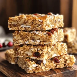 To make tasty Maple Pecan Granola Bars, you need simple ingredients. Here’s the full list that will bring your bars to life: - 2 cups rolled oats - 1 cup chopped pecans - 1/2 cup unsweetened shredded coconut - 1/2 cup honey or maple syrup - 1/4 cup coconut oil, melted - 1/2 cup almond butter - 1/4 cup brown sugar (optional) - 1/2 teaspoon vanilla extract - 1/4 teaspoon salt - 1/2 cup mixed dried fruits (like cranberries, raisins, or chopped apricots) Each ingredient plays a big role in flavor and texture. The rolled oats give the bars their base and chewy texture. Chopped pecans add a rich nutty taste and crunch. Shredded coconut brings a hint of sweetness and chewiness. Honey or maple syrup acts as a natural sweetener and helps bind everything together. Coconut oil adds moisture and a light coconut flavor. Almond butter provides creaminess and healthy fats. Brown sugar is optional but adds a deeper sweetness if desired. Vanilla extract enhances the overall flavor, and salt balances the sweetness. Finally, mixed dried fruits give a burst of sweetness and color. Feel free to customize the dried fruits to your taste. You can use any mix you love! Enjoy preparing these bars with all these wholesome ingredients. 1. Preheat your oven to 350°F (175°C). Get an 8x8-inch baking pan ready. Line it with parchment paper, letting it hang over the edges. This helps you lift the bars out later. 2. In a large mixing bowl, combine 2 cups of rolled oats, 1 cup of chopped pecans, and 1/2 cup of unsweetened shredded coconut. Stir these dry ingredients well until they mix evenly. 3. In a separate bowl, whisk together 1/2 cup of honey or maple syrup, 1/4 cup of melted coconut oil, 1/2 cup of almond butter, and 1/2 teaspoon of vanilla extract. For more sweetness, you can add 1/4 cup of brown sugar and 1/4 teaspoon of salt. Mix until smooth. 4. Pour the wet mixture over the dry ingredients in the larger bowl. Stir gently but thoroughly. Make sure every bit of dry ingredient gets coated with the wet mixture. 5. Carefully fold in 1/2 cup of mixed dried fruits, like cranberries or chopped apricots. Ensure they spread evenly throughout the granola mix. 6. Transfer the granola mixture to the prepared baking pan. Use the back of a spatula or your hands to press it down firmly. Make sure it is compact and even across the pan. 7. Place the pan in the preheated oven. Bake for about 20-25 minutes or until the edges turn a nice golden brown. 8. Once baked, take the pan out and let it cool for at least 15 minutes while in the pan. Then, lift the granola out using the parchment paper. Move it to a wire rack to cool completely. 9. After cooling, use a sharp knife to cut the granola into 12 bars. These steps will help you create delicious Maple Pecan Granola Bars. For a complete guide, check the Full Recipe. Mixing ingredients well is key to great granola bars. Start by combining the dry ingredients in one bowl. This includes the oats, pecans, and coconut. Stir them well to blend flavors. In a separate bowl, mix the wet ingredients, like honey and almond butter. Make sure they are smooth before adding to the dry mix. This helps everything blend nicely. Pressing the mixture firmly into the pan is very important. When you press down, it helps the bars hold their shape. Use a spatula or your hands for this. A firm press ensures that the bars won’t crumble when you cut them. For serving, presentation is key. You can arrange the bars on a colorful platter. This makes them look inviting. If you're on the go, wrap each bar in parchment paper. This keeps them fresh and easy to grab. Pair these bars with a side of fresh fruit or yogurt. A banana or some berries add a nice touch. You could also enjoy them with a cup of tea or coffee for a tasty snack. These simple ideas enhance the experience of your maple pecan granola bars. {{image_4}} You can change the nuts and seeds in these bars. If you dislike pecans, use almonds or walnuts. Sunflower seeds or pumpkin seeds also work well. Each choice gives a new flavor and texture. For sweeteners, honey or maple syrup are great choices. You can swap them for agave nectar or brown rice syrup. Each one has its own taste, so try what you like best! Adding spices can elevate your bars. Cinnamon or nutmeg brings warmth. A dash of ginger adds a nice kick. You can also try vanilla or almond extract for a sweet touch. Dried fruits can change the whole taste. Mix in raisins, cranberries, or apricots. Each fruit adds its own sweetness and chewiness. You can even mix different fruits for more fun! To keep your maple pecan granola bars fresh, use airtight containers. Glass jars or plastic containers work well. They help prevent air and moisture from getting in. If you want to take them on the go, wrap each bar in parchment paper. This keeps them neat and easy to grab. For long-term storage, you can freeze the bars. Place them in a freezer-safe bag or container. Just make sure to separate layers with parchment paper to avoid sticking. This way, you can enjoy them later without losing flavor. When stored correctly, your granola bars can last up to a week at room temperature. In the fridge, they can stay fresh for up to two weeks. If you freeze them, they can last for about three months. Look for signs of spoilage, like an off smell or a change in texture. If they feel hard or crumbly, it might be time to toss them. Always check before you snack! How to make maple pecan granola bars vegan? To make these bars vegan, swap honey for maple syrup. Use a plant-based butter. Choose a vegan protein or nut butter. Can I use instant oats instead of rolled oats? Yes, but the texture will change. Instant oats may make bars softer and less chewy. Where can I buy maple pecan granola bars? You can find them at grocery stores, health food shops, or online. Check the snack aisle for popular brands. What are the nutritional benefits of these bars? These bars offer fiber from oats and healthy fats from pecans. They also provide energy from natural sweeteners. What to do if the bars fall apart? If your bars crumble, ensure you pressed the mixture firmly before baking. You can add more nut butter or sweetener for binding. How to adjust sweetness level? To change the sweetness, add more maple syrup or brown sugar. Taste the mixture before baking to find your perfect balance. Are homemade granola bars healthier than store-bought? Yes, homemade bars usually have fewer additives and preservatives. You control the ingredients, making them fresher and healthier. Caloric content per bar and healthy alternatives? Each bar has about 150 calories. For a lighter option, reduce nut butter or sweetener. You can also add seeds for extra nutrients. For the full recipe, check the instructions above. Enjoy making your maple pecan granola bars! This blog post covered how to make maple pecan granola bars. You learned about the key ingredients, step-by-step instructions, and valuable tips. We explored many variations to please your taste buds. I also shared how to store your bars to keep them fresh. In the end, making these granola bars at home is fun and rewarding. You can adjust them to suit your needs and preferences. Enjoy your healthy snacks that are easy to make!