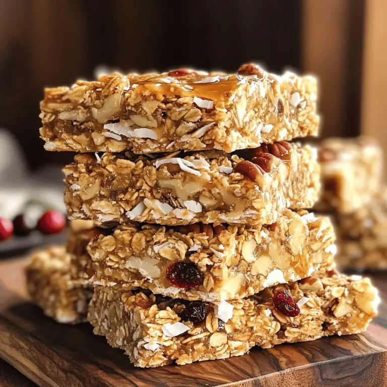 To make tasty Maple Pecan Granola Bars, you need simple ingredients. Here’s the full list that will bring your bars to life: - 2 cups rolled oats - 1 cup chopped pecans - 1/2 cup unsweetened shredded coconut - 1/2 cup honey or maple syrup - 1/4 cup coconut oil, melted - 1/2 cup almond butter - 1/4 cup brown sugar (optional) - 1/2 teaspoon vanilla extract - 1/4 teaspoon salt - 1/2 cup mixed dried fruits (like cranberries, raisins, or chopped apricots) Each ingredient plays a big role in flavor and texture. The rolled oats give the bars their base and chewy texture. Chopped pecans add a rich nutty taste and crunch. Shredded coconut brings a hint of sweetness and chewiness. Honey or maple syrup acts as a natural sweetener and helps bind everything together. Coconut oil adds moisture and a light coconut flavor. Almond butter provides creaminess and healthy fats. Brown sugar is optional but adds a deeper sweetness if desired. Vanilla extract enhances the overall flavor, and salt balances the sweetness. Finally, mixed dried fruits give a burst of sweetness and color. Feel free to customize the dried fruits to your taste. You can use any mix you love! Enjoy preparing these bars with all these wholesome ingredients. 1. Preheat your oven to 350°F (175°C). Get an 8x8-inch baking pan ready. Line it with parchment paper, letting it hang over the edges. This helps you lift the bars out later. 2. In a large mixing bowl, combine 2 cups of rolled oats, 1 cup of chopped pecans, and 1/2 cup of unsweetened shredded coconut. Stir these dry ingredients well until they mix evenly. 3. In a separate bowl, whisk together 1/2 cup of honey or maple syrup, 1/4 cup of melted coconut oil, 1/2 cup of almond butter, and 1/2 teaspoon of vanilla extract. For more sweetness, you can add 1/4 cup of brown sugar and 1/4 teaspoon of salt. Mix until smooth. 4. Pour the wet mixture over the dry ingredients in the larger bowl. Stir gently but thoroughly. Make sure every bit of dry ingredient gets coated with the wet mixture. 5. Carefully fold in 1/2 cup of mixed dried fruits, like cranberries or chopped apricots. Ensure they spread evenly throughout the granola mix. 6. Transfer the granola mixture to the prepared baking pan. Use the back of a spatula or your hands to press it down firmly. Make sure it is compact and even across the pan. 7. Place the pan in the preheated oven. Bake for about 20-25 minutes or until the edges turn a nice golden brown. 8. Once baked, take the pan out and let it cool for at least 15 minutes while in the pan. Then, lift the granola out using the parchment paper. Move it to a wire rack to cool completely. 9. After cooling, use a sharp knife to cut the granola into 12 bars. These steps will help you create delicious Maple Pecan Granola Bars. For a complete guide, check the Full Recipe. Mixing ingredients well is key to great granola bars. Start by combining the dry ingredients in one bowl. This includes the oats, pecans, and coconut. Stir them well to blend flavors. In a separate bowl, mix the wet ingredients, like honey and almond butter. Make sure they are smooth before adding to the dry mix. This helps everything blend nicely. Pressing the mixture firmly into the pan is very important. When you press down, it helps the bars hold their shape. Use a spatula or your hands for this. A firm press ensures that the bars won’t crumble when you cut them. For serving, presentation is key. You can arrange the bars on a colorful platter. This makes them look inviting. If you're on the go, wrap each bar in parchment paper. This keeps them fresh and easy to grab. Pair these bars with a side of fresh fruit or yogurt. A banana or some berries add a nice touch. You could also enjoy them with a cup of tea or coffee for a tasty snack. These simple ideas enhance the experience of your maple pecan granola bars. {{image_4}} You can change the nuts and seeds in these bars. If you dislike pecans, use almonds or walnuts. Sunflower seeds or pumpkin seeds also work well. Each choice gives a new flavor and texture. For sweeteners, honey or maple syrup are great choices. You can swap them for agave nectar or brown rice syrup. Each one has its own taste, so try what you like best! Adding spices can elevate your bars. Cinnamon or nutmeg brings warmth. A dash of ginger adds a nice kick. You can also try vanilla or almond extract for a sweet touch. Dried fruits can change the whole taste. Mix in raisins, cranberries, or apricots. Each fruit adds its own sweetness and chewiness. You can even mix different fruits for more fun! To keep your maple pecan granola bars fresh, use airtight containers. Glass jars or plastic containers work well. They help prevent air and moisture from getting in. If you want to take them on the go, wrap each bar in parchment paper. This keeps them neat and easy to grab. For long-term storage, you can freeze the bars. Place them in a freezer-safe bag or container. Just make sure to separate layers with parchment paper to avoid sticking. This way, you can enjoy them later without losing flavor. When stored correctly, your granola bars can last up to a week at room temperature. In the fridge, they can stay fresh for up to two weeks. If you freeze them, they can last for about three months. Look for signs of spoilage, like an off smell or a change in texture. If they feel hard or crumbly, it might be time to toss them. Always check before you snack! How to make maple pecan granola bars vegan? To make these bars vegan, swap honey for maple syrup. Use a plant-based butter. Choose a vegan protein or nut butter. Can I use instant oats instead of rolled oats? Yes, but the texture will change. Instant oats may make bars softer and less chewy. Where can I buy maple pecan granola bars? You can find them at grocery stores, health food shops, or online. Check the snack aisle for popular brands. What are the nutritional benefits of these bars? These bars offer fiber from oats and healthy fats from pecans. They also provide energy from natural sweeteners. What to do if the bars fall apart? If your bars crumble, ensure you pressed the mixture firmly before baking. You can add more nut butter or sweetener for binding. How to adjust sweetness level? To change the sweetness, add more maple syrup or brown sugar. Taste the mixture before baking to find your perfect balance. Are homemade granola bars healthier than store-bought? Yes, homemade bars usually have fewer additives and preservatives. You control the ingredients, making them fresher and healthier. Caloric content per bar and healthy alternatives? Each bar has about 150 calories. For a lighter option, reduce nut butter or sweetener. You can also add seeds for extra nutrients. For the full recipe, check the instructions above. Enjoy making your maple pecan granola bars! This blog post covered how to make maple pecan granola bars. You learned about the key ingredients, step-by-step instructions, and valuable tips. We explored many variations to please your taste buds. I also shared how to store your bars to keep them fresh. In the end, making these granola bars at home is fun and rewarding. You can adjust them to suit your needs and preferences. Enjoy your healthy snacks that are easy to make!