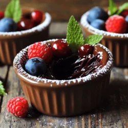 - 1/2 cup unsalted butter, plus extra for greasing - 1 cup dark chocolate (60-70% cocoa), chopped into small pieces - 2 large eggs - 2 large egg yolks - 1/2 cup granulated sugar - 1/4 cup all-purpose flour - 1/2 teaspoon pure vanilla extract - 1/4 teaspoon sea salt To create a perfect chocolate lava cake, you need a few key ingredients. Unsalted butter adds richness and helps with texture. Dark chocolate brings that deep, rich flavor we all love. Eggs and egg yolks make the cake fluffy and give it structure. Granulated sugar sweetens the batter and helps with browning. All-purpose flour binds everything together. Pure vanilla extract adds a warm, lovely aroma, while sea salt enhances the chocolate's flavor. - Powdered sugar - Fresh berries (raspberries, strawberries) - Fresh mint leaves Garnishes make your lava cake even more special. A light dusting of powdered sugar gives it an elegant look. Fresh berries add a juicy burst of flavor that pairs well with chocolate. Mint leaves bring a fresh touch that brightens each bite. You can mix and match these garnishes to create your own unique look and taste. For the full recipe, check out the complete guide. Start by preheating your oven to 425°F (220°C). Next, take four ramekins and grease them well with softened unsalted butter. Make sure you cover all the sides. After that, dust each ramekin lightly with all-purpose flour. Shake out the extra flour to stop the cakes from sticking. For the chocolate and butter, use a microwave-safe bowl. Add 1 cup of chopped dark chocolate and 1/2 cup of butter. Microwave this mix in 30-second bursts. Stir well after each burst until it's smooth. Let it cool for a few minutes before using. In a large bowl, whisk together 2 large eggs, 2 egg yolks, and 1/2 cup of granulated sugar. Beat them until they are light and fluffy. This should take about 3-4 minutes. Next, pour the melted chocolate-butter mix into this egg mixture. Stir it gently until it's blended. Then, add 1/4 teaspoon of sea salt and 1/2 teaspoon of pure vanilla extract. Mix until all is combined. Finally, fold in 1/4 cup of all-purpose flour. Be careful not to overmix; stop when you see no flour streaks. Now, evenly fill the prepared ramekins with the batter, about 3/4 full. Place them on a baking sheet for easy moving. Bake in the oven for 12-14 minutes. The edges should be firm, but the centers must be soft. A slight wobble in the center is good. Once baked, take the ramekins out of the oven and let them sit for 1 minute. Use a knife to run around the edges, loosening the cakes. Invert each ramekin onto a plate, tapping gently to release them. Dust the tops with powdered sugar while warm. You can also add fresh berries and mint leaves for a nice touch. Baking time is key for this dessert. Too little time makes the center too runny. Too much time makes it dry. Aim for 12 to 14 minutes in a hot oven. Look for firm edges and a soft center. The center should jiggle slightly when you shake the ramekin. That’s the sweet spot! Overmixing the batter can ruin your cake. Mix just until you see no more flour. This keeps it light and fluffy. Also, greasing the ramekins is crucial. Use softened butter and flour to prevent sticking. If not greased well, your cakes may break apart when served. For baking, choose sturdy ramekins. I recommend 6-ounce ramekins for the right portion. They should withstand high heat. Essential tools include a whisk for beating eggs, a spatula for folding, and a microwave-safe bowl for melting chocolate. These simple tools make cooking easier and more fun. For the full recipe, check the detailed instructions above. {{image_4}} You can mix up the flavor of your chocolate lava cake. Adding espresso or coffee gives a rich, bold taste. Just stir in one tablespoon of espresso powder with the melted chocolate. It boosts the chocolate flavor without overpowering it. For a refreshing twist, infuse the cake with orange or mint. Use orange zest for a citrus kick or fresh mint leaves for a cool touch. Both options make the dessert unique and fun. If you need a dairy-free option, swap the butter for coconut oil or a vegan butter substitute. This change keeps the cake moist and tasty. For gluten-free needs, replace all-purpose flour with a gluten-free blend. Look for one that has a mix of rice flour, almond flour, and tapioca starch. These substitutes allow everyone to enjoy this dessert without missing out. Serving your chocolate lava cake can be just as fun as making it. Pair it with a scoop of vanilla ice cream for a warm and cold treat. The ice cream melts into the cake, creating a creamy mix. Drizzle with chocolate or caramel sauce for extra flavor. You can also create a dessert platter. Include berries, whipped cream, or even other mini desserts. This way, your guests can enjoy a variety of flavors and textures. Check out the Full Recipe for more ideas! After you enjoy your chocolate lava cakes, store any leftovers in the fridge. Place them in an airtight container to keep them fresh. This helps prevent the cakes from drying out. Leftover lava cakes can stay good for up to three days. If you want to enjoy them later, make sure they are cool before storing. This keeps the texture nice. To bring back the warm, gooey center, reheating is key. You have two choices: microwave or oven. - Microwave: Place a cake on a microwave-safe plate. Heat it for about 20-30 seconds. Check to see if it is warm. If not, heat for another 10 seconds. - Oven: Preheat your oven to 350°F (175°C). Put the cakes on a baking sheet and cover them with foil. Heat for about 10-15 minutes. The oven keeps the outside soft while warming the center. Using these methods, you can enjoy that delightful molten chocolate again! Use dark chocolate with a cocoa percentage of 60-70%. Brands like Ghirardelli or Callebaut work well. They melt smoothly and offer a rich flavor. Higher cocoa content gives a deeper taste, while lower percentages may be too sweet. You can prepare the batter ahead and store it in the fridge for up to 24 hours. Just fill the greased ramekins and cover them with plastic wrap. When you're ready to bake, take them out and let them sit at room temperature for about 30 minutes before baking. If your cake doesn’t ooze, it may be overbaked. Aim for a baking time of 12-14 minutes. Check for firm edges and a soft center. If it’s undercooked, return it to the oven for 1-2 more minutes. Experiment with your oven's temperature, as it may vary. Pair your Lava Cake with vanilla ice cream or whipped cream for a nice contrast. Fresh berries like raspberries or strawberries add a fruity touch. A drizzle of chocolate or caramel sauce can enhance the flavor even more. Enjoy your dessert with a cup of coffee or dessert wine for a perfect finish. You learned how to make a delicious chocolate lava cake. We covered key ingredients, the step-by-step process, and useful tips and tricks. Remember to watch your baking time for that perfect gooey center. Don't forget to try different flavors and garnishes to make it your own. Enjoy your baking journey! With these techniques, you can impress anyone with a delectable dessert that looks and tastes great. Now, it’s time to treat yourself and others to this sweet delight!