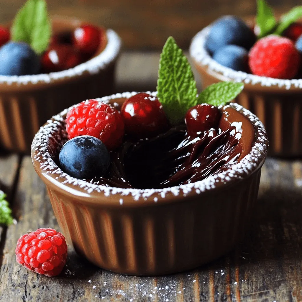- 1/2 cup unsalted butter, plus extra for greasing - 1 cup dark chocolate (60-70% cocoa), chopped into small pieces - 2 large eggs - 2 large egg yolks - 1/2 cup granulated sugar - 1/4 cup all-purpose flour - 1/2 teaspoon pure vanilla extract - 1/4 teaspoon sea salt To create a perfect chocolate lava cake, you need a few key ingredients. Unsalted butter adds richness and helps with texture. Dark chocolate brings that deep, rich flavor we all love. Eggs and egg yolks make the cake fluffy and give it structure. Granulated sugar sweetens the batter and helps with browning. All-purpose flour binds everything together. Pure vanilla extract adds a warm, lovely aroma, while sea salt enhances the chocolate's flavor. - Powdered sugar - Fresh berries (raspberries, strawberries) - Fresh mint leaves Garnishes make your lava cake even more special. A light dusting of powdered sugar gives it an elegant look. Fresh berries add a juicy burst of flavor that pairs well with chocolate. Mint leaves bring a fresh touch that brightens each bite. You can mix and match these garnishes to create your own unique look and taste. For the full recipe, check out the complete guide. Start by preheating your oven to 425°F (220°C). Next, take four ramekins and grease them well with softened unsalted butter. Make sure you cover all the sides. After that, dust each ramekin lightly with all-purpose flour. Shake out the extra flour to stop the cakes from sticking. For the chocolate and butter, use a microwave-safe bowl. Add 1 cup of chopped dark chocolate and 1/2 cup of butter. Microwave this mix in 30-second bursts. Stir well after each burst until it's smooth. Let it cool for a few minutes before using. In a large bowl, whisk together 2 large eggs, 2 egg yolks, and 1/2 cup of granulated sugar. Beat them until they are light and fluffy. This should take about 3-4 minutes. Next, pour the melted chocolate-butter mix into this egg mixture. Stir it gently until it's blended. Then, add 1/4 teaspoon of sea salt and 1/2 teaspoon of pure vanilla extract. Mix until all is combined. Finally, fold in 1/4 cup of all-purpose flour. Be careful not to overmix; stop when you see no flour streaks. Now, evenly fill the prepared ramekins with the batter, about 3/4 full. Place them on a baking sheet for easy moving. Bake in the oven for 12-14 minutes. The edges should be firm, but the centers must be soft. A slight wobble in the center is good. Once baked, take the ramekins out of the oven and let them sit for 1 minute. Use a knife to run around the edges, loosening the cakes. Invert each ramekin onto a plate, tapping gently to release them. Dust the tops with powdered sugar while warm. You can also add fresh berries and mint leaves for a nice touch. Baking time is key for this dessert. Too little time makes the center too runny. Too much time makes it dry. Aim for 12 to 14 minutes in a hot oven. Look for firm edges and a soft center. The center should jiggle slightly when you shake the ramekin. That’s the sweet spot! Overmixing the batter can ruin your cake. Mix just until you see no more flour. This keeps it light and fluffy. Also, greasing the ramekins is crucial. Use softened butter and flour to prevent sticking. If not greased well, your cakes may break apart when served. For baking, choose sturdy ramekins. I recommend 6-ounce ramekins for the right portion. They should withstand high heat. Essential tools include a whisk for beating eggs, a spatula for folding, and a microwave-safe bowl for melting chocolate. These simple tools make cooking easier and more fun. For the full recipe, check the detailed instructions above. {{image_4}} You can mix up the flavor of your chocolate lava cake. Adding espresso or coffee gives a rich, bold taste. Just stir in one tablespoon of espresso powder with the melted chocolate. It boosts the chocolate flavor without overpowering it. For a refreshing twist, infuse the cake with orange or mint. Use orange zest for a citrus kick or fresh mint leaves for a cool touch. Both options make the dessert unique and fun. If you need a dairy-free option, swap the butter for coconut oil or a vegan butter substitute. This change keeps the cake moist and tasty. For gluten-free needs, replace all-purpose flour with a gluten-free blend. Look for one that has a mix of rice flour, almond flour, and tapioca starch. These substitutes allow everyone to enjoy this dessert without missing out. Serving your chocolate lava cake can be just as fun as making it. Pair it with a scoop of vanilla ice cream for a warm and cold treat. The ice cream melts into the cake, creating a creamy mix. Drizzle with chocolate or caramel sauce for extra flavor. You can also create a dessert platter. Include berries, whipped cream, or even other mini desserts. This way, your guests can enjoy a variety of flavors and textures. Check out the Full Recipe for more ideas! After you enjoy your chocolate lava cakes, store any leftovers in the fridge. Place them in an airtight container to keep them fresh. This helps prevent the cakes from drying out. Leftover lava cakes can stay good for up to three days. If you want to enjoy them later, make sure they are cool before storing. This keeps the texture nice. To bring back the warm, gooey center, reheating is key. You have two choices: microwave or oven. - Microwave: Place a cake on a microwave-safe plate. Heat it for about 20-30 seconds. Check to see if it is warm. If not, heat for another 10 seconds. - Oven: Preheat your oven to 350°F (175°C). Put the cakes on a baking sheet and cover them with foil. Heat for about 10-15 minutes. The oven keeps the outside soft while warming the center. Using these methods, you can enjoy that delightful molten chocolate again! Use dark chocolate with a cocoa percentage of 60-70%. Brands like Ghirardelli or Callebaut work well. They melt smoothly and offer a rich flavor. Higher cocoa content gives a deeper taste, while lower percentages may be too sweet. You can prepare the batter ahead and store it in the fridge for up to 24 hours. Just fill the greased ramekins and cover them with plastic wrap. When you're ready to bake, take them out and let them sit at room temperature for about 30 minutes before baking. If your cake doesn’t ooze, it may be overbaked. Aim for a baking time of 12-14 minutes. Check for firm edges and a soft center. If it’s undercooked, return it to the oven for 1-2 more minutes. Experiment with your oven's temperature, as it may vary. Pair your Lava Cake with vanilla ice cream or whipped cream for a nice contrast. Fresh berries like raspberries or strawberries add a fruity touch. A drizzle of chocolate or caramel sauce can enhance the flavor even more. Enjoy your dessert with a cup of coffee or dessert wine for a perfect finish. You learned how to make a delicious chocolate lava cake. We covered key ingredients, the step-by-step process, and useful tips and tricks. Remember to watch your baking time for that perfect gooey center. Don't forget to try different flavors and garnishes to make it your own. Enjoy your baking journey! With these techniques, you can impress anyone with a delectable dessert that looks and tastes great. Now, it’s time to treat yourself and others to this sweet delight!