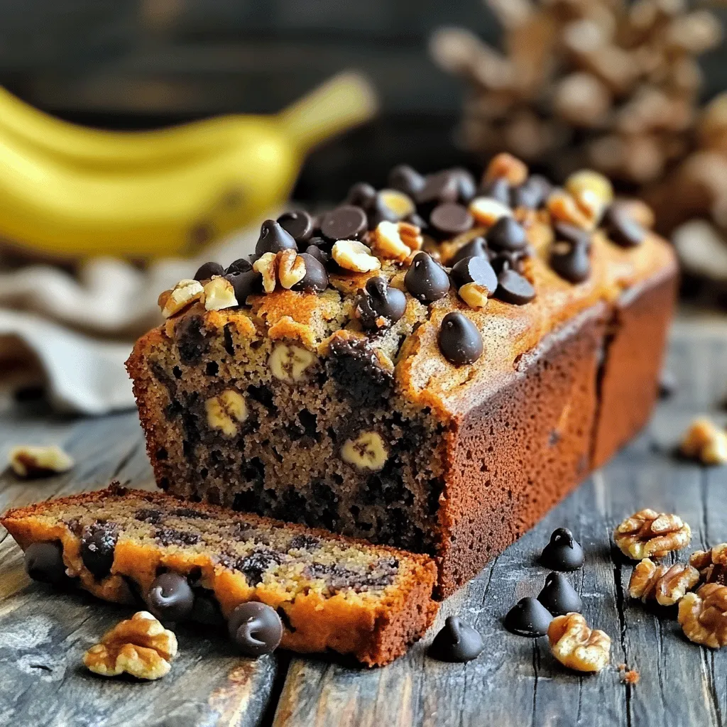 - 3 ripe bananas, thoroughly mashed - 1/3 cup melted coconut oil (or unsalted butter for traditional flavor) - 1/2 cup packed brown sugar - 1/4 cup honey or maple syrup (to taste) When making chocolate chip banana bread, ripe bananas are key. They add natural sweetness and moisture. I prefer using bananas that have lots of brown spots. The brown sugar and honey or maple syrup add even more sweetness. You can also use coconut oil or unsalted butter for a rich flavor. The fat helps keep the bread soft. - 1/2 cup semi-sweet or dark chocolate chips - 1/4 cup chopped walnuts or pecans (optional, for crunch) - 1 teaspoon ground cinnamon (for a warm twist) Chocolate chips bring joy to this recipe. You can choose semi-sweet or dark. I love adding walnuts or pecans for extra crunch. Ground cinnamon adds warmth and enhances the flavors. You can adjust the ingredients based on your taste. Feel free to mix and match! For the full recipe, check the original details. First, preheat your oven to 350°F (175°C). This step ensures even baking. Next, grease a 9x5-inch loaf pan with coconut oil or butter. You can also line it with parchment paper. This makes it easy to remove the bread later. In a large bowl, add the mashed bananas. Mix in the melted coconut oil until smooth. This blend creates a rich base for the bread. Then, add in your sweeteners. Pour in the brown sugar and your choice of honey or maple syrup. Crack in a large egg and add the vanilla extract. Whisk everything together until it looks creamy and well-blended. Sprinkle baking soda and a pinch of salt over the banana mixture. Gently stir to combine. This step helps the bread rise. Now, sift in the all-purpose flour. Mix just until incorporated, being careful not to overmix. This keeps the bread soft and tender. Now it’s time to add fun ingredients! Carefully fold in the chocolate chips and chopped nuts, if you're using them. The chocolate will melt and add sweetness. Ensure they are well distributed throughout the batter for yummy bites. Pour the batter into your prepared loaf pan. Smooth the top with a spatula. Place it in the oven to bake for 60-65 minutes. To check for doneness, insert a toothpick into the center. It should come out clean or with a few moist crumbs. Once baked, allow the banana bread to cool in the pan for about 10 minutes. This helps it set. Then, carefully transfer it to a wire rack to cool completely. This step is vital before slicing. Enjoy the aroma while it cools! To get the best texture in your chocolate chip banana bread, avoid overmixing. Overmixing makes the bread dense and tough. Mix just until the flour disappears. Also, ensure your bananas are well-mashed. Use very ripe bananas for the best flavor. They should be soft and mushy. A fork works great for mashing. You can add spices like cinnamon or nutmeg to boost flavor. A teaspoon of cinnamon adds warmth and depth. If you like nutmeg, try adding a pinch. This small change makes a big difference. Experiment with different sweeteners too. While brown sugar gives a rich taste, you can try coconut sugar or agave syrup. Each sweetener brings its own flavor and sweetness level. For the best flavor, serve slices warm or at room temperature. Warm bread tastes better. You can also sprinkle extra chocolate chips on top before baking. This adds a nice look and extra flavor. Garnishing ideas include a dollop of whipped cream or a smear of nut butter. These toppings make the bread even more delicious. Enjoy your chocolate chip banana bread masterpiece with these tips! You can find the full recipe to try out these ideas. {{image_4}} You can make chocolate chip banana bread healthier. Try using whole wheat flour instead of all-purpose flour. Whole wheat flour adds fiber and nutrients. You can also swap brown sugar for coconut sugar. Coconut sugar has a lower glycemic index. For a vegan option, replace the egg with a flaxseed mixture. Just mix one tablespoon of ground flaxseed with three tablespoons of water. Let it sit for about five minutes until it thickens. You can also use plant-based butter instead of regular butter. Adding dried fruits can change the flavor. Try raisins, cranberries, or chopped dates for a sweet twist. You can also switch chocolate chips. Use white chocolate, dark chocolate, or even peanut butter chips. For a fresh taste, add citrus zest. Lemon or orange zest works well. Just a teaspoon brings a bright flavor to the bread. Mixing in nuts or seeds gives a nice crunch. Walnuts and pecans are great, but try sunflower seeds or pumpkin seeds too. You can even create a marble effect. Add a swirl of peanut butter or Nutella to the batter. Just drop in spoonfuls and use a knife to create swirls. This makes your banana bread even more fun! For the full recipe, check out the delightful chocolate chip banana bread section above. To keep your chocolate chip banana bread fresh, use an airtight container. This helps maintain moisture. You can also wrap the bread tightly in plastic wrap. Store it at room temperature for up to three days. If you want, refrigerate it for about a week. Just remember that refrigeration can change the texture a bit. Freezing is a great way to save banana bread. First, let it cool completely. Then, slice the bread into pieces. Wrap each slice in plastic wrap, and place them in a freezer bag. This helps keep them fresh for up to three months. When you want to eat some, just take a piece out. You can thaw it in the fridge overnight or pop it in the microwave for a quick warming. Chocolate chip banana bread stays fresh for about three days at room temperature. If you refrigerate it, it can last up to a week. Watch for signs of spoilage. Look for mold or a sour smell. If you notice these, it’s best to throw the bread away. Enjoy your delicious banana bread while it’s fresh! You can find the full recipe above. Yes, you can use frozen bananas for this recipe. Frozen bananas get very soft when thawed. They are also sweeter than fresh ones. This can add more flavor to your banana bread. Just make sure to thaw and drain any extra liquid before mashing. If you want a vegan version, you can use a few substitutes for eggs. Here are some options: - 1/4 cup unsweetened applesauce - 1/4 cup mashed avocado - 1 tablespoon ground flaxseed mixed with 2.5 tablespoons water (let sit for 5 minutes) These choices will help bind your banana bread without using eggs. To keep your banana bread moist, follow these tips: - Use very ripe bananas; the riper, the better. - Do not overmix the batter. Mix until just combined. - Add a little extra fat, like coconut oil or butter, to keep it rich. - Bake it just until a toothpick comes out clean. Overbaking will lead to dryness. Yes, you can add many toppings and mix-ins to your banana bread. Here are some fun ideas: - Chopped nuts like walnuts or pecans for crunch. - Dried fruits like raisins or cranberries for sweetness. - A sprinkle of oats or shredded coconut on top before baking. - More chocolate chips for a sweeter treat. Yes, banana bread is meant to be somewhat dense. The mashed bananas add moisture and weight. However, it should still be soft and tender. If you mix too much or use too much flour, it may turn out too heavy. Follow the instructions carefully to achieve the right texture. This blog post covered how to make delicious chocolate chip banana bread. You learned about key ingredients like ripe bananas, coconut oil, and sweeteners. I detailed step-by-step instructions for mixing and baking your loaf. Plus, I shared tips for texture, flavor, and presentation. Remember, you can customize this recipe with fun variations and store it properly to enjoy later. Now, baking banana bread can be easy and fun! Enjoy your tasty creation and share it with friends and family.