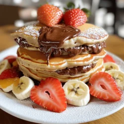 To make Nutella stuffed pancakes, you need these main ingredients: - 1 cup all-purpose flour - 2 tablespoons granulated sugar - 1 tablespoon baking powder - 1/2 teaspoon salt - 1 cup milk (or your favorite plant-based alternative) - 1 large egg - 2 tablespoons melted butter (or coconut oil for a vegan option) - 1 teaspoon pure vanilla extract - 1/2 cup Nutella - Butter or oil for greasing the skillet These ingredients create a soft, fluffy pancake that hides a rich Nutella surprise. You can make your pancakes even better with these optional toppings: - Sliced bananas - Fresh strawberries - A dollop of whipped cream - A dusting of powdered sugar These toppings add color and flavor, making your breakfast more fun and delicious. Want to make a healthier version? Here are some smart swaps: - Use whole wheat flour instead of all-purpose flour. - Replace granulated sugar with honey or maple syrup. - Try almond milk or oat milk for a plant-based choice. - Use applesauce instead of melted butter for less fat. These substitutions keep the taste while adding more nutrition. You can enjoy your Nutella stuffed pancakes guilt-free! To start, gather your ingredients. You need flour, sugar, baking powder, salt, milk, an egg, melted butter, and vanilla. Combine the dry ingredients in a large bowl. Use a whisk to mix them well. Make sure there are no lumps. Next, in another bowl, whisk together the milk, egg, melted butter, and vanilla. Pour this wet mixture into the dry ingredients. Stir gently until just combined. Remember, a few lumps are okay. Overmixing can make your pancakes tough. Now it's time to heat the skillet. Place a non-stick skillet over medium heat. Lightly grease it with butter or oil to stop the pancakes from sticking. Pour about 1/4 cup of batter onto the skillet. Cook until bubbles form on the surface. This should take around 2-3 minutes. Watch carefully; you don't want to burn them! When you see bubbles, it's time for the Nutella. Use a spoon to add 1 tablespoon of Nutella to the center of the pancake. Quickly pour another 1/4 cup of batter over the Nutella. This will cover it completely. Carefully flip the pancake with a spatula. Cook for another 2-3 minutes until both sides are golden brown. Once done, remove the pancake from the skillet. Keep it warm on a plate. Repeat with the remaining batter and Nutella. Serve these delicious pancakes warm. Enjoy them with sliced bananas, fresh strawberries, or whipped cream. For the full recipe, check out the details above. To get fluffy pancakes, mix the batter gently. You want some lumps for soft texture. Overmixing makes them tough, so mix just until combined. Let the batter rest for a few minutes. This helps the gluten relax, making your pancakes light and airy. Flipping pancakes can be tricky. Use a wide spatula to get under the pancake. Wait until bubbles form on the surface before flipping. This shows they are ready. With a swift motion, flip the pancake. If it sticks, gently wiggle the spatula to loosen it. Serve your Nutella stuffed pancakes warm. Stack them high for a fun look. Top with sliced bananas or fresh strawberries for color. A dollop of whipped cream adds creaminess. Finish with a dusting of powdered sugar for sweetness. For extra flair, drizzle chocolate sauce on top. This makes your breakfast a true treat! For the complete recipe, check the Full Recipe. {{image_4}} You can change up the filling to suit your taste. Here are some fun ideas: - Peanut Butter: Swap Nutella for creamy peanut butter. - Fruit Preserves: Use raspberry or strawberry jam for a fruity twist. - Chocolate Chips: Add semi-sweet or dark chocolate chips for extra rich flavor. - Cream Cheese: Mix cream cheese with a little sugar for a tangy filling. These options let you explore different flavors and find your favorite. If you need vegan or gluten-free pancakes, I have great tips. - Vegan Pancakes: Use almond milk instead of regular milk. Replace the egg with a flax egg or applesauce. Use coconut oil instead of butter. - Gluten-Free Flour: Replace all-purpose flour with a gluten-free blend. This works best for pancakes, keeping them fluffy and delicious. These options let everyone enjoy Nutella stuffed pancakes, no matter their diet. Want to add more flavor to your pancakes? Here are some ideas: - Cinnamon: Add a teaspoon of cinnamon to the batter for warmth. - Cocoa Powder: Mix in a little cocoa powder for double chocolate pancakes. - Zest: Add lemon or orange zest for a fresh, bright flavor. These creative additions make your pancakes unique and even more delicious. For the full recipe, check out the details above! After enjoying your Nutella stuffed pancakes, you may have some leftovers. To keep them fresh, stack the cooled pancakes in an airtight container. You can place parchment paper between the pancakes to prevent sticking. Store them in the fridge for up to three days. This method helps maintain their soft texture and rich flavor. When it’s time to enjoy your leftover pancakes, reheating them is simple. You can use a microwave or skillet: - Microwave: Place pancakes on a microwave-safe plate. Heat for about 20-30 seconds. Check if they are warm enough. - Skillet: Heat a non-stick skillet on low. Add a tiny bit of butter or oil. Warm the pancakes for 1-2 minutes each side. This method helps bring back their fluffy texture. If you want to save pancakes for later, freezing is a great option. First, let the pancakes cool completely. Then, stack them with parchment paper in between. Place the stack in a freezer-safe bag or container. You can freeze them for up to two months. When you're ready to eat, just reheat them as noted above. This way, you can enjoy your Nutella stuffed pancakes any time! Yes, you can make Nutella stuffed pancakes ahead. Cook and cool them first. Then stack them with parchment paper in between to prevent sticking. Store in an airtight container in the fridge for up to three days. To reheat, pop them in the microwave for about 30 seconds or warm them briefly on a skillet. This way, you can enjoy a tasty breakfast even on busy mornings. If you want a change from Nutella, many options exist. You can use peanut butter, almond butter, or cookie butter. Each will give a unique flavor. Try using different spreads like chocolate hazelnut spread or fruit jams for a tasty twist. These alternatives can make the pancakes fun and new each time you make them. To check if the pancakes are fully cooked, look for bubbles. When you see bubbles forming on the surface, it is time to flip them. After flipping, cook until both sides turn golden brown. A quick poke in the center helps too. If it springs back, they are done. If not, give them a little more time on the skillet. Enjoy your fluffy, delicious Nutella stuffed pancakes! Nutella stuffed pancakes are delicious and fun to make. We covered the main ingredients, tasty toppings, and even healthy swaps. I shared step-by-step instructions to help you cook perfect pancakes with Nutella filling. Tips helped you get the right texture and flip without mess. Explore variations like different fillings and dietary options to enjoy. Lastly, learn how to store and reheat your pancakes. Now you have all you need to make these yummy treats anytime!